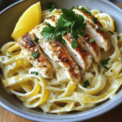 - 2 boneless, skinless chicken breasts - 8 oz fettuccine pasta - 1 cup heavy cream - 1 cup grated Parmesan cheese - 4 cloves garlic, finely minced - 2 tablespoons olive oil - 1 teaspoon Italian seasoning - Fresh parsley, finely chopped - Lemon wedges - Additional spices for enhanced flavor Gather these ingredients to create your creamy garlic chicken and Parmesan pasta delight. Each element plays a key role in making this dish rich and flavorful. The chicken gives you protein, while the fettuccine provides a perfect base. Heavy cream and Parmesan cheese create that dreamy sauce we all love. Garlic adds a punch of flavor, and olive oil helps sear the chicken. Italian seasoning brings warmth and depth, while fresh parsley adds a bright finish. If you want to take it a step further, consider lemon wedges to add a zesty kick. Make sure to check the Full Recipe for more details. Enjoy cooking! - Start by filling a large pot with water. - Bring the water to a rolling boil. - Add a generous amount of salt to the boiling water. - Drop in the fettuccine and cook it according to the package directions. - Aim for al dente texture, usually around 8-10 minutes. - Before draining, reserve 1 cup of pasta water. - Drain the fettuccine and set it aside. - While the pasta cooks, take the chicken breasts. - Season both sides well with salt, pepper, and Italian seasoning. - Make sure the chicken is evenly coated for great flavor. - Heat olive oil in a large skillet over medium heat. - Wait until the oil shimmers before adding the chicken. - Cook the chicken for 6-7 minutes on each side. - Look for a golden brown color and an internal temperature of 165°F (75°C). - Once done, remove the chicken and let it rest for 5 minutes. - Slice the chicken into thin strips. - In the same skillet, add the minced garlic. - Sauté the garlic for about 1 minute until fragrant. - Be careful not to let it brown; stir frequently. - Gradually pour in the heavy cream. - Bring the cream to a simmer over low heat. - Slowly whisk in the grated Parmesan cheese. - Keep stirring until the cheese melts smoothly. - If the sauce is too thick, add some reserved pasta water. - Add the drained fettuccine to the skillet with the sauce. - Toss well to coat the pasta evenly. - Taste and adjust seasoning with more salt and pepper. - To serve, scoop the creamy pasta onto plates. - Arrange the sliced chicken on top. - Finish with freshly chopped parsley for color and flavor. - For a nice touch, serve with a lemon wedge on the side. For the full recipe, check out the steps above and get cooking! To ensure your chicken is juicy, don’t overcook it. Sear each side for just 6-7 minutes. Use a meat thermometer to check for 165°F (75°C). This keeps the chicken tender and moist. Achieving perfect pasta texture is simple. Cook fettuccine until al dente. This means it should be firm but not hard when you bite it. Always salt the boiling water well before adding the pasta. It enhances flavor. If your sauce thickens too much, use reserved pasta water to thin it. Add a little at a time and stir until you reach your desired creaminess. This helps maintain a smooth texture. For storing leftovers, place the dish in an airtight container. It keeps in the fridge for up to three days. When reheating, add a splash of water or cream to restore moisture. Pair this dish with a simple side salad. A fresh green salad adds crunch and balances the creamy pasta. You could also serve with garlic bread for a cozy touch. For wine recommendations, a crisp white wine works best. Try a Sauvignon Blanc or a Chardonnay. These wines complement the flavors without overpowering the dish. For a complete experience, check the Full Recipe for more details. {{image_4}} You can add many vegetables to this dish. Great choices include spinach, broccoli, or bell peppers. These veggies add color and nutrition. To include them, simply sauté them in the skillet before adding the garlic. Cook until they soften, then add the garlic and continue with the sauce. If you want to change the protein, try shrimp, turkey, or even tofu. Each option brings its own flavor. For shrimp, cook for just 3-4 minutes until they turn pink. If using turkey, ensure it is cooked through for safety. Tofu should be pressed and cooked until golden brown. For a gluten-free meal, swap out fettuccine for gluten-free pasta. Many brands offer great taste and texture. If you need a dairy-free option, use coconut cream instead of heavy cream and a plant-based cheese. These swaps keep the dish creamy without dairy. To keep your Creamy Garlic Chicken and Parmesan Pasta Delight fresh, use airtight Tupperware. Glass containers work well, as they don’t retain odors. Make sure to cool the dish before sealing it. This helps keep moisture in check. Store leftovers in the fridge right away. If you want to freeze the dish, it’s best to do this before adding the cream. This way, it will hold up better. Portion it in freezer-safe bags or containers. Label them with the date. When you want to eat it, let it thaw in the fridge overnight. Reheat in a pan over low heat, adding a splash of water or cream to help it come back together. In the fridge, your dish will last about three to four days. After that, the quality may drop. Look for signs of spoilage, like a sour smell or mold. If it smells off or looks different, it’s best to throw it away. Making this dish takes about 30 minutes in total. You will spend 15 minutes preparing the ingredients and cooking. The pasta cooks quickly, and the chicken sears fast. This dish is perfect for a busy weeknight meal. Yes, you can use other pasta types. Penne, rotini, or spaghetti work well. Just adjust the cooking time based on the pasta you choose. Follow the package directions for best results. If you need a substitute, you can use half-and-half or whole milk. For a dairy-free option, try coconut cream or cashew cream. These will change the flavor a bit, but they still taste great. This dish is great for meal prep! You can cook it ahead of time and store it in the fridge. Just divide it into meal-sized containers. Reheat in the microwave when you’re ready to enjoy. This blog post covered a delicious recipe for Creamy Garlic Chicken and Parmesan Pasta. We explored essential ingredients like chicken breasts, fettuccine, and garlic. I shared step-by-step cooking instructions to ensure you achieve perfect flavors and textures. We also discussed tips for storage and variations to suit different diets. In your kitchen, this dish can easily shine. Enjoy cooking and don't be afraid to make it your own!