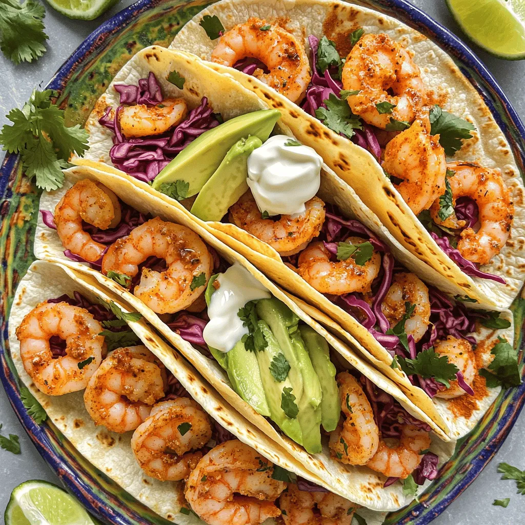 To make tasty spicy shrimp tacos, you need: - 1 pound large shrimp, peeled and deveined - 8 small corn tortillas - 1 cup red cabbage, finely shredded - 1 ripe avocado, thinly sliced - 1/4 cup fresh cilantro, roughly chopped - 1/2 cup sour cream or Greek yogurt The marinade gives the shrimp great flavor. You will need: - 2 tablespoons olive oil - 1 tablespoon chili powder - 1 teaspoon ground cumin - 1/2 teaspoon smoked paprika - 1/2 teaspoon garlic powder - 1/4 teaspoon cayenne pepper (adjust for heat) - Salt and freshly ground black pepper to taste - Juice of 1 lime Add fun toppings and garnishes to your tacos. Here are some ideas: - Fresh lime wedges for squeezing - Extra chopped cilantro for freshness - Your favorite hot sauce for more heat - Diced tomatoes or jalapeños for crunch For the full recipe, check the detailed instructions above. Enjoy crafting these flavorful tacos! To start, grab a medium bowl. Add 2 tablespoons of olive oil. Then, add 1 tablespoon of chili powder. Next, mix in 1 teaspoon of ground cumin. Toss in 1/2 teaspoon of smoked paprika. Add 1/2 teaspoon of garlic powder. For a kick, add 1/4 teaspoon of cayenne pepper. Adjust the heat to your taste. Season with salt and pepper. Squeeze the juice of 1 lime into the mix. Whisk all the ingredients together until smooth. This marinade gives the shrimp a bold flavor. Once your marinade is ready, gently add 1 pound of peeled and deveined shrimp. Toss them in the marinade for an even coat. Let them sit at room temperature for 15-20 minutes. This step lets the flavors soak in. While the shrimp marinate, heat a skillet over medium-high heat. When it's hot, add the shrimp in a single layer. Cook for 2-3 minutes on each side. Look for the shrimp to turn pink and opaque. Once cooked, remove them from the skillet and set aside. Now it’s taco time! Warm 8 small corn tortillas in a separate skillet over low heat. Heat them for about 30 seconds on each side until soft. Place a few cooked shrimp on each tortilla. Top with 1 cup of finely shredded red cabbage. Add slices of 1 ripe avocado. Sprinkle with 1/4 cup of fresh cilantro. Drizzle with 1/2 cup of sour cream or Greek yogurt. If you like it spicy, add your favorite hot sauce. Your tacos are now ready to enjoy! For the full recipe, check the instructions above. For perfect shrimp, keep it simple. Use high heat for a quick cook. Start with a hot skillet. Add the marinated shrimp and spread them out. This helps them cook evenly. Cook for just 2-3 minutes on each side. Look for a bright pink color. When they turn opaque, they are ready. Overcooking makes shrimp rubbery, so watch closely! Warm your corn tortillas before serving. Heat them in a dry skillet for a few seconds. This adds a nice texture. You can also brush them lightly with olive oil before warming. For a twist, sprinkle some lime juice on them while cooking. This adds a kick of flavor. You can even mix in a pinch of salt or chili powder for extra taste. Serve your spicy shrimp tacos with colorful toppings. Shredded cabbage adds crunch and color. Slices of ripe avocado bring creaminess. Fresh cilantro gives a burst of flavor. Don't forget the sour cream or Greek yogurt for a cool touch. For more heat, add your favorite hot sauce. Arrange the tacos on a platter with lime wedges. This makes for a fun and inviting presentation. {{image_4}} You can change the heat in your shrimp marinade easily. Start with less cayenne pepper if you prefer milder flavors. Use just a pinch to test the spice. If you want more heat, add more cayenne. This way, you control the fire in your tacos. You can also try adding a dash of hot sauce to your marinade for an extra kick. Tacos are fun because you can mix and match toppings. Instead of red cabbage, try shredded lettuce or diced tomatoes. For a creamy touch, use guacamole or mango salsa. You might also like adding pickled onions for a tangy bite. If you want crunch, consider adding radishes or jalapeños. The options are endless, so get creative! Serve your spicy shrimp tacos with tasty sides. A fresh corn salad pairs well and adds sweetness. You could make a simple black bean salad for protein. Another great choice is a zesty lime rice, which complements the flavors. For a refreshing drink, serve iced tea or a fruity agua fresca. Each side adds to the fun and flavor of your meal. For the full details on making these tacos, check the Full Recipe. To store leftover tacos, place them in an airtight container. Keep the shrimp, tortillas, and toppings separate. This prevents sogginess and keeps everything fresh. Use the tacos within two days for the best taste. If you mix everything, the flavors can change. Reheat shrimp in a skillet. Add a little oil to avoid sticking. Heat on medium until warm, about 2-3 minutes. Avoid cooking too long; otherwise, the shrimp will turn rubbery. You can also use the microwave; just cover the shrimp with a damp paper towel. You can freeze shrimp before cooking. Place them in a freezer bag, removing as much air as possible. For cooked shrimp, freeze in a single layer on a baking sheet. Once frozen, transfer to a bag. Use within three months for best quality. You can also freeze toppings like shredded cabbage, but it's best to freshen them up when serving. The best way to season shrimp is with a bold marinade. I mix olive oil, chili powder, cumin, smoked paprika, garlic powder, cayenne pepper, salt, and black pepper. This mix gives shrimp a tasty kick. You can adjust the cayenne for more or less heat. Letting the shrimp sit in the marinade for 15-20 minutes helps the flavors soak in. Yes, you can use frozen shrimp for this recipe. Just make sure to thaw them first. To thaw, place them in a bowl of cold water for about 15-20 minutes. Once they are thawed, peel and devein them if needed. Using frozen shrimp is handy and cuts down prep time. They will still taste great when cooked. To make these tacos gluten-free, use corn tortillas instead of flour tortillas. Corn tortillas add a nice flavor and are naturally gluten-free. Always check the label to ensure they are certified gluten-free. You can also use gluten-free sauces or toppings. Enjoy your meal without worry! Spicy shrimp tacos are fun to make. You learned about key ingredients, step-by-step cooking, and tips for serving. There are many ways to customize these tacos to fit your taste. You can change the spice level or try new toppings. Plus, I shared how to store leftovers and make them last. Enjoy your delicious tacos, share them with friends, and make every meal special. Dive in and savor each bite!