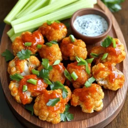 - 1 large head of cauliflower - 1 cup all-purpose flour (or gluten-free flour) - 1 cup buffalo sauce - Garlic powder - Onion powder - Smoked paprika - Salt and pepper - Celery sticks - Blue cheese or ranch dressing - Fresh parsley or chopped green onions Cauliflower Buffalo Wings are a fun and tasty snack. They are perfect for game day or a movie night. You can make them spicy or mild, depending on your taste. The main ingredient is cauliflower. I love using a large head because it yields many wings. You can cut it into bite-sized florets. This size makes them easy to coat and eat. For the batter, I use all-purpose flour. If you prefer gluten-free, simply swap it out. The flour gives the wings a nice crunch. Adding water creates a smooth batter. It should stick well to the cauliflower. Now, let’s talk about seasoning. Garlic powder, onion powder, and smoked paprika add depth and flavor. Salt and pepper enhance the taste, making each bite savory. When it comes to serving, don’t skip the celery sticks. They add a refreshing crunch. Pair them with blue cheese or ranch dressing for dipping. You can also sprinkle fresh parsley or chopped green onions on top for a pop of color. For the full recipe, check out the detailed instructions. Enjoy making these cauliflower wings! - Preheat to 450°F (230°C) - Line the baking sheet with parchment paper Start by preheating your oven to 450°F (230°C). This high heat helps the wings get crispy. Next, grab a baking sheet and line it with parchment paper. This makes for easy cleanup and prevents sticking. - Combine dry ingredients with water - Whisk until smooth In a large bowl, mix together the all-purpose flour, garlic powder, onion powder, smoked paprika, salt, and black pepper. Gradually add in water while whisking. You want the batter to be smooth and thick enough to coat the cauliflower well. Adjust the water as needed. - Dip cauliflower in batter - Bake for 20 minutes Take your cauliflower florets and dip each one into the batter. Make sure they are fully coated. Let any excess batter drip off. Place the coated florets in a single layer on your baking sheet. Bake for 20 minutes or until they turn golden and crispy. - Mix buffalo sauce with melted butter While the cauliflower is baking, it’s time to make the buffalo sauce. In a bowl, combine the buffalo sauce with melted butter. Stir until it's well mixed and ready for that spicy kick! - Toss baked cauliflower in buffalo sauce - Bake for an additional 10-15 minutes After the first bake, take the cauliflower out of the oven. Carefully toss each piece in the buffalo sauce. Make sure each floret is coated well. Put them back on the baking sheet and bake for another 10-15 minutes. This makes them extra crispy and flavorful. For the full recipe, check out the detailed steps! To make your cauliflower buffalo wings extra crispy, start by baking them at a high temperature. I recommend 450°F (230°C). This helps them get that perfect crunch. Line your baking sheet with parchment paper to avoid sticking and make cleanup easy. If you want milder wings, use less buffalo sauce. You can also mix in some honey or ranch dressing to tone down the heat. For those who love spice, try adding cayenne pepper to your buffalo sauce. You can even use a spicier sauce if you enjoy a kick! If you need a gluten-free option, swap the all-purpose flour for gluten-free flour. You can also try using breadcrumbs for a different texture. This can add a nice crunch and flavor to your wings. Experiment to find what you love most! For the full recipe, check out the Spicy Cauliflower Buffalo Wings. {{image_4}} You can create fun twists on cauliflower buffalo wings. Here are two great ideas: - Honey garlic buffalo: Mix honey with your buffalo sauce for a sweet touch. The honey balances the heat and adds a tasty glaze. - BBQ cauliflower wings: Swap the buffalo sauce for your favorite BBQ sauce. This gives a smoky and tangy flavor. It’s a great option for those who prefer milder tastes. To keep your wings 100% vegan, use these tips: - Components: Use plant-based butter instead of regular butter. Replace any sauces with vegan options. Make sure your buffalo sauce is dairy-free. - Recommended dairy-free dressings: Try a coconut yogurt ranch or a cashew-based dip. These will pair well with the spicy wings and keep everything vegan. Get creative with how you serve your buffalo cauliflower wings: - Buffalo cauliflower tacos: Use small corn tortillas as a base. Add the wings, some slaw, and a drizzle of sauce for a fun meal. - Salad topping ideas: Toss the wings on a bed of greens. Add cherry tomatoes, cucumbers, and your favorite dressing. This makes for a hearty and healthy dish. Try these variations to make your cauliflower buffalo wings exciting and new! You can find the Full Recipe to get started. To keep your cauliflower buffalo wings fresh, store them in the fridge. Use an airtight container to prevent moisture loss. This way, they stay crispy for a longer time. Make sure to let them cool first before sealing the container. You can also place a paper towel inside to absorb extra moisture. Reheating cauliflower wings can be tricky. You want them crispy, not soggy. The best method is to use an oven or an air fryer. Preheat your oven to 400°F (200°C). Spread the wings in a single layer on a baking sheet. Bake for about 10-15 minutes, checking to ensure they crisp up again. If using an air fryer, set it to 375°F (190°C) and cook for 5-7 minutes. Freezing cauliflower wings is a great way to save some for later. To do this, let them cool completely after baking. Place the cooled wings in a single layer on a baking sheet and freeze until solid. Then, transfer them to a freezer-safe bag or container. This helps to prevent freezer burn. When you’re ready to eat, thaw them in the fridge overnight. Reheat using the oven or air fryer as mentioned above. This way, they will taste almost as good as fresh. For the best flavor, try to eat them within three months. For the full recipe, check out the Spicy Cauliflower Buffalo Wings. Yes, you can use frozen cauliflower. Just keep a few things in mind. First, thaw the florets before using them. This helps the batter stick better. Second, make sure to pat them dry. Excess water can make the wings soggy. Frozen cauliflower may not be as crispy as fresh, but it still tastes great. The spice level varies based on the sauce you choose. Traditional buffalo sauce is quite spicy. If you prefer less heat, look for milder sauces. You can also mix sauces to find a balance that suits your taste. Adding honey or butter can also tone down the spice. Many options exist for sauces. Store-bought buffalo sauce is a quick choice. You can also make your own by mixing hot sauce with butter. For a twist, try honey garlic sauce or BBQ sauce. Each offers a unique flavor that pairs well with cauliflower. Yes, you can prep these wings ahead of time. Cook them fully, then store in the fridge. Place them in an airtight container to keep them fresh. When you're ready to eat, just reheat in the oven. This helps keep them crispy and tasty. For more details, check the Full Recipe. This article shared how to make delicious buffalo cauliflower wings. You learned about the main ingredients, seasoning, and handy tips for crispiness. I explained how to prepare and bake the wings, plus how to adjust spice levels. You also discovered fun variations and storage tips for leftovers. Buffalo cauliflower wings are tasty and versatile. They fit into many diets. Try them out and enjoy!