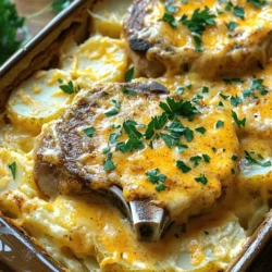 - 4 bone-in pork chops - Salt and freshly ground black pepper, to taste - 1 tablespoon extra-virgin olive oil - 1 medium onion, thinly sliced - 2 cloves garlic, minced - 1 teaspoon smoked paprika - 1 teaspoon dried thyme leaves - 1 cup beef broth - 1 cup heavy cream - 4 large potatoes, peeled and thinly sliced - 1 cup shredded sharp cheddar cheese - 1/2 cup grated Parmesan cheese - Fresh parsley, chopped, for garnish Gathering fresh ingredients is key to a great dish. I love using bone-in pork chops. They add flavor and keep the meat juicy. Salt and black pepper are essential for taste. Olive oil helps sear the chops perfectly. Next, onions and garlic add a wonderful aroma. Smoked paprika gives a nice depth. Thyme adds a fresh note. Beef broth and heavy cream create a rich sauce that makes everything creamy and dreamy. For the base, we need potatoes. They will soak up all the flavors. Lastly, sharp cheddar and Parmesan cheese finish the dish with a cheesy crust. Don’t forget fresh parsley for a bright garnish! This recipe is a delightful mix of flavors and textures. It’s perfect for family dinners or special occasions. Check out the Full Recipe to create this delicious meal! - Preheat the oven: Start by preheating your oven to 375°F (190°C). This helps cook the casserole evenly. - Seasoning pork chops: Generously season both sides of the pork chops with salt and freshly ground black pepper. This adds great flavor. - Searing the pork chops: In a large skillet, heat the olive oil over medium-high heat. When the oil shimmers, add the pork chops. Sear each side for about 4-5 minutes until golden brown. Remove and set aside. - Sautéing onions and garlic: In the same skillet, lower the heat to medium. Add the sliced onions and sauté for 3-4 minutes until soft. Then, add the minced garlic and sauté for another minute until fragrant. - Creating the creamy sauce: Sprinkle in the smoked paprika and dried thyme. Pour in the beef broth and heavy cream. Stir well and simmer for about 5 minutes to let the sauce thicken. Adjust seasoning with salt and pepper if needed. - Layering potatoes and sauce: Lightly grease a 9x13 inch casserole dish. Layer half of the thinly sliced potatoes on the bottom. Drizzle half of the creamy sauce over the potatoes. Then, sprinkle half of the shredded cheddar cheese. - Adding pork chops and remaining ingredients: Place the seared pork chops on top of the cheese layer. Add the rest of the sliced potatoes, followed by the remaining creamy sauce. This ensures every bite is full of flavor. - Covering and baking time: Cover the casserole dish tightly with aluminum foil and place it in the oven. Bake for 45 minutes. - Final uncovered baking steps: After 45 minutes, carefully remove the foil. Continue to bake for another 15-20 minutes. The dish is done when the potatoes are tender and the cheese is bubbly and golden brown. For the full recipe, check the detailed instructions to create this delicious dish! To boost the taste of your smothered pork chop and scalloped potato casserole, consider these herbs and spices: - Rosemary: Adds a lovely pine flavor. - Oregano: Offers a warm, earthy note. - Garlic powder: Enhances the savory depth. Marinating your pork chops can also help. Try a mix of olive oil, garlic, and herbs. Let them soak for at least 30 minutes. This adds flavor and moisture. To avoid mushy potatoes, slice them thin but not too thin. Aim for about 1/8 inch thick. This keeps them tender but firm. Also, par-cook the potatoes for a few minutes before layering them in the dish. For a cheesy crust, mix the cheddar and Parmesan well. Spread them evenly on top. This ensures every bite is creamy and cheesy. Pair your casserole with bright sides. Steamed green beans or a crisp salad work well. They add color and crunch to your meal. For presentation, serve directly from the casserole dish for a cozy feel. You can also scoop out portions onto plates. Top each with fresh parsley for a pop of color. Explore more cooking tips and recipes on my site to enhance your culinary skills! Check out the Full Recipe for step-by-step guidance. {{image_4}} You can switch pork for chicken or beef. Chicken thighs work well and stay juicy. Beef can add a rich flavor, too. If you want a dairy-free dish, use coconut milk instead of cream. For cheese, try a nut-based option. These swaps can keep the dish tasty. Adding veggies can make this dish even better. Broccoli or bell peppers offer a nice crunch. You can also add spinach for a pop of green. For cheese, consider gouda or mozzarella. These options can give your casserole a fun twist. Want to save time? Use a slow cooker. Just layer everything inside, set it, and forget it. It will cook while you do other things. You can also use an Instant Pot for faster cooking. Just follow the same steps but adjust the cooking time. This way, you get a comforting meal in no time. To store leftovers, let the dish cool first. Once cool, place it in an airtight container. This keeps the flavors fresh and prevents drying out. Try to eat the leftovers within three days for the best taste. Use glass or plastic containers that seal well. If you want to freeze the casserole, let it cool completely. Cut it into portions for easy use later. Wrap each piece in plastic wrap, then place them in a freezer-safe bag. This helps prevent freezer burn. When you're ready to eat, thaw it in the fridge overnight. To reheat, bake it in the oven at 350°F (175°C) until heated through. In the fridge, the casserole lasts up to three days. In the freezer, it can keep for about three months. Signs of spoilage include off smells, mold, or an unusual texture. If you see any of these signs, it’s best to toss it. Always trust your senses to ensure safety. Yes, you can use boneless pork chops. They will cook faster than bone-in chops. Just ensure they are evenly seasoned. Sear them until golden brown. This will add great flavor. Adjust your cooking time to avoid overcooking. You can freeze the casserole for up to three months. Make sure it is cooled completely before freezing. Use an airtight container or freezer bag to store it. Label it with the date. This way, you can track its freshness. To reheat, first, thaw the casserole in the fridge overnight. Preheat your oven to 350°F (175°C). Cover the dish with foil to keep it moist. Heat for about 30-40 minutes or until it's warm throughout. You can uncover it for the last few minutes to crisp up the cheese. - How long do I bake the casserole? Bake for 45 minutes covered, then 15-20 minutes uncovered. - Can I add vegetables? Yes! Consider adding broccoli or bell peppers for extra nutrition and flavor. - What if I don’t have beef broth? Chicken broth works well as a substitute, too. This blog post covered making a delicious smothered pork chop and scalloped potato casserole. You learned about the key ingredients and how to prepare them. The step-by-step instructions make cooking simple. Tips and variations offer ways to tweak the dish to your taste. Remember, you can store leftovers properly and even freeze them for later. I hope you feel inspired to try this easy casserole at home. Your family will love it, and it might become a new favorite!
