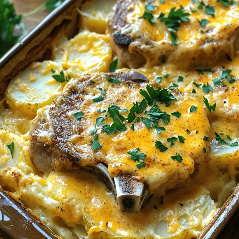 - 4 bone-in pork chops - Salt and freshly ground black pepper, to taste - 1 tablespoon extra-virgin olive oil - 1 medium onion, thinly sliced - 2 cloves garlic, minced - 1 teaspoon smoked paprika - 1 teaspoon dried thyme leaves - 1 cup beef broth - 1 cup heavy cream - 4 large potatoes, peeled and thinly sliced - 1 cup shredded sharp cheddar cheese - 1/2 cup grated Parmesan cheese - Fresh parsley, chopped, for garnish Gathering fresh ingredients is key to a great dish. I love using bone-in pork chops. They add flavor and keep the meat juicy. Salt and black pepper are essential for taste. Olive oil helps sear the chops perfectly. Next, onions and garlic add a wonderful aroma. Smoked paprika gives a nice depth. Thyme adds a fresh note. Beef broth and heavy cream create a rich sauce that makes everything creamy and dreamy. For the base, we need potatoes. They will soak up all the flavors. Lastly, sharp cheddar and Parmesan cheese finish the dish with a cheesy crust. Don’t forget fresh parsley for a bright garnish! This recipe is a delightful mix of flavors and textures. It’s perfect for family dinners or special occasions. Check out the Full Recipe to create this delicious meal! - Preheat the oven: Start by preheating your oven to 375°F (190°C). This helps cook the casserole evenly. - Seasoning pork chops: Generously season both sides of the pork chops with salt and freshly ground black pepper. This adds great flavor. - Searing the pork chops: In a large skillet, heat the olive oil over medium-high heat. When the oil shimmers, add the pork chops. Sear each side for about 4-5 minutes until golden brown. Remove and set aside. - Sautéing onions and garlic: In the same skillet, lower the heat to medium. Add the sliced onions and sauté for 3-4 minutes until soft. Then, add the minced garlic and sauté for another minute until fragrant. - Creating the creamy sauce: Sprinkle in the smoked paprika and dried thyme. Pour in the beef broth and heavy cream. Stir well and simmer for about 5 minutes to let the sauce thicken. Adjust seasoning with salt and pepper if needed. - Layering potatoes and sauce: Lightly grease a 9x13 inch casserole dish. Layer half of the thinly sliced potatoes on the bottom. Drizzle half of the creamy sauce over the potatoes. Then, sprinkle half of the shredded cheddar cheese. - Adding pork chops and remaining ingredients: Place the seared pork chops on top of the cheese layer. Add the rest of the sliced potatoes, followed by the remaining creamy sauce. This ensures every bite is full of flavor. - Covering and baking time: Cover the casserole dish tightly with aluminum foil and place it in the oven. Bake for 45 minutes. - Final uncovered baking steps: After 45 minutes, carefully remove the foil. Continue to bake for another 15-20 minutes. The dish is done when the potatoes are tender and the cheese is bubbly and golden brown. For the full recipe, check the detailed instructions to create this delicious dish! To boost the taste of your smothered pork chop and scalloped potato casserole, consider these herbs and spices: - Rosemary: Adds a lovely pine flavor. - Oregano: Offers a warm, earthy note. - Garlic powder: Enhances the savory depth. Marinating your pork chops can also help. Try a mix of olive oil, garlic, and herbs. Let them soak for at least 30 minutes. This adds flavor and moisture. To avoid mushy potatoes, slice them thin but not too thin. Aim for about 1/8 inch thick. This keeps them tender but firm. Also, par-cook the potatoes for a few minutes before layering them in the dish. For a cheesy crust, mix the cheddar and Parmesan well. Spread them evenly on top. This ensures every bite is creamy and cheesy. Pair your casserole with bright sides. Steamed green beans or a crisp salad work well. They add color and crunch to your meal. For presentation, serve directly from the casserole dish for a cozy feel. You can also scoop out portions onto plates. Top each with fresh parsley for a pop of color. Explore more cooking tips and recipes on my site to enhance your culinary skills! Check out the Full Recipe for step-by-step guidance. {{image_4}} You can switch pork for chicken or beef. Chicken thighs work well and stay juicy. Beef can add a rich flavor, too. If you want a dairy-free dish, use coconut milk instead of cream. For cheese, try a nut-based option. These swaps can keep the dish tasty. Adding veggies can make this dish even better. Broccoli or bell peppers offer a nice crunch. You can also add spinach for a pop of green. For cheese, consider gouda or mozzarella. These options can give your casserole a fun twist. Want to save time? Use a slow cooker. Just layer everything inside, set it, and forget it. It will cook while you do other things. You can also use an Instant Pot for faster cooking. Just follow the same steps but adjust the cooking time. This way, you get a comforting meal in no time. To store leftovers, let the dish cool first. Once cool, place it in an airtight container. This keeps the flavors fresh and prevents drying out. Try to eat the leftovers within three days for the best taste. Use glass or plastic containers that seal well. If you want to freeze the casserole, let it cool completely. Cut it into portions for easy use later. Wrap each piece in plastic wrap, then place them in a freezer-safe bag. This helps prevent freezer burn. When you're ready to eat, thaw it in the fridge overnight. To reheat, bake it in the oven at 350°F (175°C) until heated through. In the fridge, the casserole lasts up to three days. In the freezer, it can keep for about three months. Signs of spoilage include off smells, mold, or an unusual texture. If you see any of these signs, it’s best to toss it. Always trust your senses to ensure safety. Yes, you can use boneless pork chops. They will cook faster than bone-in chops. Just ensure they are evenly seasoned. Sear them until golden brown. This will add great flavor. Adjust your cooking time to avoid overcooking. You can freeze the casserole for up to three months. Make sure it is cooled completely before freezing. Use an airtight container or freezer bag to store it. Label it with the date. This way, you can track its freshness. To reheat, first, thaw the casserole in the fridge overnight. Preheat your oven to 350°F (175°C). Cover the dish with foil to keep it moist. Heat for about 30-40 minutes or until it's warm throughout. You can uncover it for the last few minutes to crisp up the cheese. - How long do I bake the casserole? Bake for 45 minutes covered, then 15-20 minutes uncovered. - Can I add vegetables? Yes! Consider adding broccoli or bell peppers for extra nutrition and flavor. - What if I don’t have beef broth? Chicken broth works well as a substitute, too. This blog post covered making a delicious smothered pork chop and scalloped potato casserole. You learned about the key ingredients and how to prepare them. The step-by-step instructions make cooking simple. Tips and variations offer ways to tweak the dish to your taste. Remember, you can store leftovers properly and even freeze them for later. I hope you feel inspired to try this easy casserole at home. Your family will love it, and it might become a new favorite!