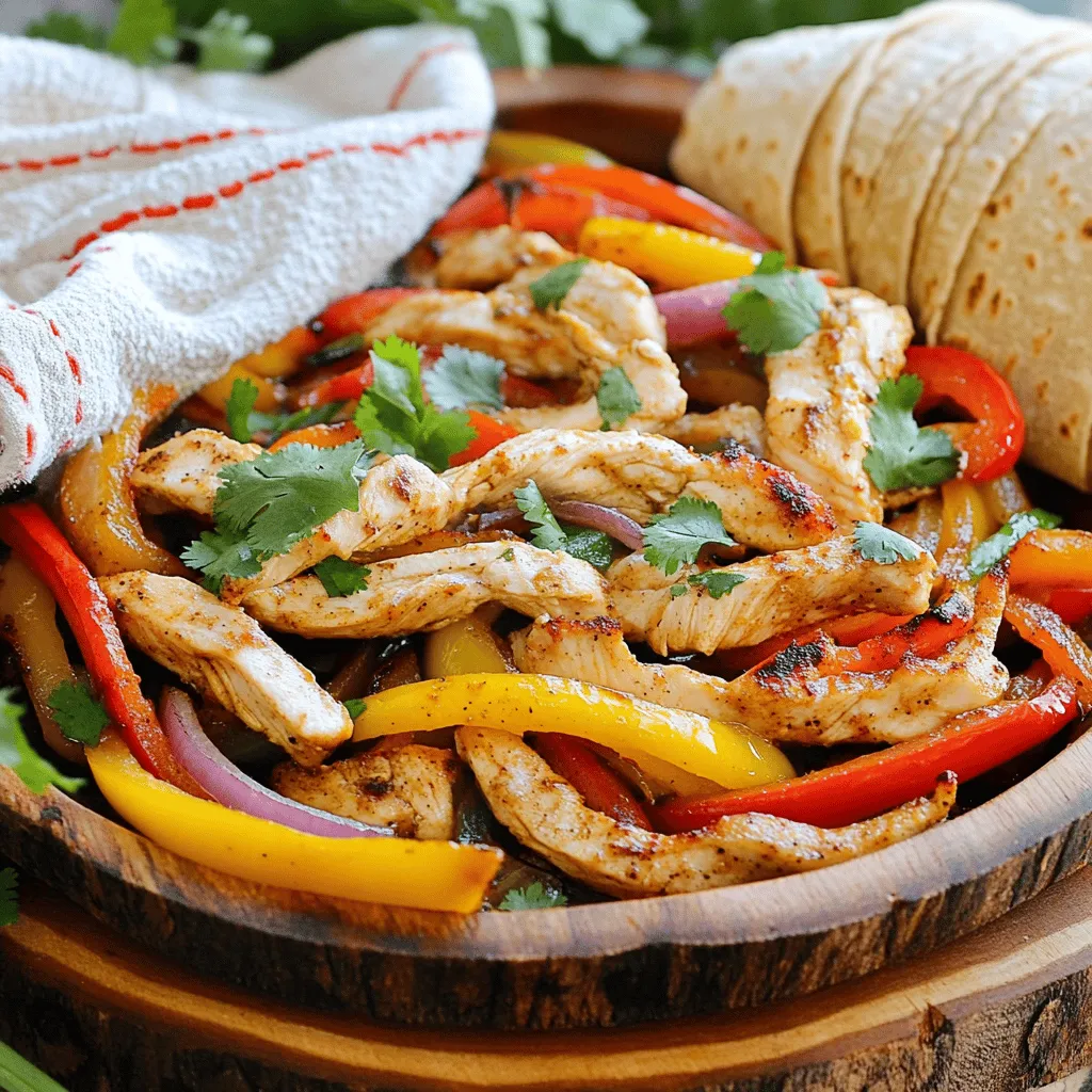 - 1 pound boneless, skinless chicken breasts, sliced into thin strips - 1 red bell pepper, sliced - 1 yellow bell pepper, sliced - 1 green bell pepper, sliced - 1 medium red onion, sliced - 3 cloves garlic, minced - 2 tablespoons olive oil - 1 teaspoon ground cumin - 1 teaspoon chili powder - 1 teaspoon smoked paprika - Salt and black pepper to taste - Juice of 1 lime - Fresh cilantro, chopped (for garnish) - Soft tortillas (for serving) For a bright and tasty meal, gather these ingredients. You start with boneless, skinless chicken breasts. Slice them into thin strips. Next, pick three bell peppers: red, yellow, and green. Their colors make the dish pop. Slice a medium red onion and mince three cloves of garlic for extra flavor. For seasonings, use ground cumin, chili powder, and smoked paprika. These spices bring warmth and depth. Don't forget salt and black pepper to taste. Finally, squeeze in the juice of one lime for a zesty kick. When serving, fresh cilantro adds beauty and taste. Use soft tortillas to wrap the filling, making each bite a delight. This simple setup makes One-Pan Chicken Fajitas a winner. You can find the Full Recipe for more details. Start by mixing the chicken and spices. In a large mixing bowl, add the sliced chicken, olive oil, minced garlic, ground cumin, chili powder, smoked paprika, salt, black pepper, and lime juice. Use your hands or a spatula to toss everything together until the chicken is well coated. Let the chicken marinate for at least 15 minutes. This allows the flavors to blend and the chicken to soak in the spice mix. While you wait, slice your vegetables. Heat a large skillet over medium-high heat. Once it’s hot, add the marinated chicken in an even layer. Don't move it for about 4 to 5 minutes. This helps the chicken brown nicely. After that, stir the chicken carefully to cook it evenly. This step is key to getting juicy and tender chicken. Keep an eye on it to ensure it cooks through without burning. When the chicken starts to brown, add the sliced bell peppers and red onion to the pan. Stir everything together so the veggies mix with the chicken. This will create a wonderful aroma in your kitchen! Cook for another 7 to 10 minutes. Stir occasionally until the vegetables are tender-crisp and the chicken is fully cooked. Once done, taste the mix. Adjust the seasoning if needed. If you like some heat, add cayenne pepper or fresh jalapeños. Finally, stir in fresh cilantro for a burst of flavor. Serve the mixture hot with soft tortillas for a fun and tasty meal. You can find the Full Recipe for detailed steps and tips. To make one-pan chicken fajitas work well, follow these best practices: - Use a large pan to avoid crowding the chicken. - Preheat the pan before adding the chicken for a nice sear. - Cook the chicken in a single layer for even browning. - Stir only when needed to keep the chicken juicy. For optimal flavor and texture: - Marinate the chicken for at least 15 minutes. - Use fresh spices for a strong flavor boost. - Add the vegetables when the chicken is almost cooked. If you want to switch things up, consider these chicken alternatives: - Tofu for a plant-based option. - Shrimp for a seafood twist. You can also swap out vegetables based on your taste: - Zucchini for a unique crunch. - Mushrooms for a hearty feel. Presentation can make your meal pop. Here are some creative serving methods: - Use a colorful platter to show off the fajitas. - Serve the tortillas wrapped in a clean towel to keep them warm. To enhance visual appeal: - Garnish with lime wedges and chopped cilantro. - Add a splash of color with sliced radishes or avocado. For the full recipe, check out the details above! {{image_4}} To add some heat, consider using jalapeños or cayenne pepper. Slice the jalapeños and mix them in with the chicken. If you like cayenne, just sprinkle a little into the spices. You can also swap in different spice blends. A taco seasoning mix can give a fun twist to the flavor. You can easily make a vegetarian version. Substitute the chicken with plant-based proteins like tofu or tempeh. Use a firm type of tofu for the best texture. For veggies, try adding zucchini, mushrooms, or corn. This mix gives you a hearty and colorful dish. If you need a gluten-free option, choose gluten-free tortillas. Many brands offer tasty wraps that hold up well. Make sure the seasonings you use are also gluten-free. Check the labels on your spice mixes to ensure they meet your needs. To keep your One-Pan Chicken Fajitas fresh, refrigerate them right away. Place leftovers in airtight containers. This helps keep the flavors intact and prevents spoilage. Use glass or plastic containers that seal well. You can reheat fajitas in a microwave or on the stove. For the microwave, place the fajitas on a plate and cover them with a damp paper towel. Heat for one to two minutes until warm. On the stove, add a little oil to a pan, heat it on medium, and add the fajitas. Stir them gently for even warming. This keeps the texture nice and avoids drying out the chicken. If you want to save some for later, fajitas freeze well. Place them in freezer-safe bags or containers. Squeeze out as much air as possible to avoid freezer burn. For thawing, leave them in the fridge overnight. When ready to eat, reheat as described above. This way, you enjoy tasty fajitas anytime! You can find the full recipe to make these delicious fajitas again. You can tell the chicken is done when it is no longer pink. The juices should run clear. The best way to be sure is to use a meat thermometer. The chicken should reach an internal temperature of 165°F (75°C). This ensures it is safe to eat. Yes, you can make the chicken and veggies ahead of time. Just marinate the chicken and cut the veggies. Store them in your fridge for up to 24 hours. This makes cooking faster when you are ready to eat. Serve the fajitas hot on a colorful platter. Warm soft tortillas are a must. You can also pair them with rice or beans for a full meal. For toppings, consider fresh avocado, sour cream, or salsa. They add extra flavor and fun to your meal. This blog post covered how to make delicious One-Pan Chicken Fajitas. We explored key ingredients like chicken, peppers, and spices. I shared tips for cooking the chicken and adding veggies. You learned about ingredient swaps and creative ways to serve. In conclusion, you can enjoy tasty, easy fajitas any night. Feel free to customize the recipe for your taste. With these tips, you'll impress yourself and others at the dinner table. Enjoy!