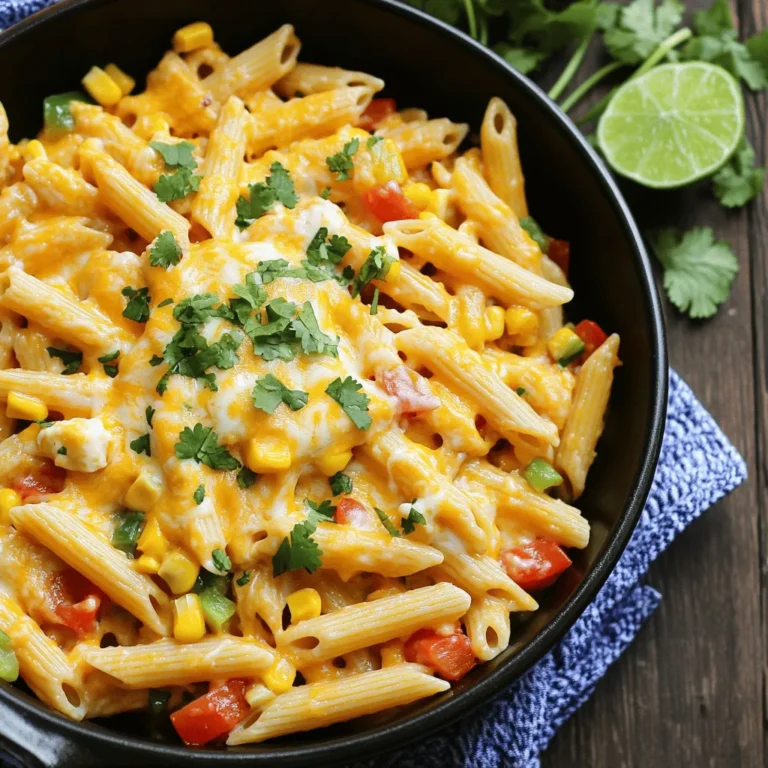 To make One-Pan Cheesy Taco Pasta, you need simple and fresh items. Here’s the list of ingredients: - 1 lb ground beef (or your favorite plant-based substitute) - 1 medium onion, diced - 2 cloves garlic, minced - 1 bell pepper, diced (choose any color for vibrant presentation) - 1 packet taco seasoning - 3 cups chicken broth (or vegetable broth for a vegetarian option) - 12 oz pasta (penne or rotini work best for this dish) - 1 cup canned diced tomatoes (drained) - 1 cup corn kernels (canned or frozen) - 1 cup shredded cheddar cheese - 1/2 cup cream cheese, softened - Fresh cilantro, chopped (for garnish) - Salt and pepper to taste - 1 tablespoon olive oil These ingredients work together to create a dish full of flavor. The ground beef adds protein, while the veggies bring freshness. Taco seasoning gives it that classic taco taste, and the cheese makes it creamy. You can easily swap the beef with a plant-based option for a lighter meal. Each ingredient plays a role in making this dish simple yet delicious. For the full recipe, check below! 1. Sauté vegetables and cook meat Start by heating olive oil in a large skillet over medium heat. Add the diced onion and bell pepper. Sauté these for about 3-4 minutes until they soften and smell great. Next, add the minced garlic and cook for another minute until it gets fragrant. Now, toss in the ground beef or plant-based substitute. Break it apart with a wooden spoon. Cook this for 5-7 minutes until it turns brown. 2. Adding seasonings and broth Sprinkle the taco seasoning over the meat. Stir well to make sure it coats the meat evenly. Pour in the chicken broth and bring the mix to a gentle simmer. This step adds a depth of flavor that makes the dish so tasty. 3. Cooking the pasta and combining ingredients Once the broth is bubbling, add the pasta, drained diced tomatoes, and corn. Stir everything together to combine well. Cover the skillet with a lid. Let it cook for about 10-12 minutes. Stir occasionally to prevent sticking. Check if the pasta is tender and has soaked up most of the liquid. 4. Final touches and serving recommendations After the pasta cooks, turn the heat to low. Gently fold in the softened cream cheese. Stir until it blends in smoothly. Next, add the shredded cheddar cheese. Mix until it melts and the dish becomes creamy. Taste your creation and add salt and pepper as needed. Remove the skillet from the heat. Let it sit for a few minutes to thicken up. Serve the cheesy taco pasta in bowls. Top each bowl with freshly chopped cilantro and extra cheese. A lime wedge on the side adds a nice zing. For more detailed steps, you can check the Full Recipe for One-Pan Cheesy Taco Pasta. - How to avoid overcooking pasta To keep your pasta firm, follow the package instructions for cooking time. Check it a minute or two early. It should be al dente, which means it has a slight bite. Then, drain it right away to stop the cooking process. - Achieving a creamy consistency with cheese Start with cream cheese and let it soften. Mix it in when the heat is low. Add shredded cheddar after that. Stir until it melts. This gives your pasta a rich, creamy texture. - Flavor enhancements with spices or additional ingredients You can spice things up! Add chili powder or cumin for more kick. For extra veggies, toss in spinach or zucchini. You can also use black beans for protein. These simple swaps make your dish even better! For detailed steps and a full list of ingredients, check the Full Recipe. {{image_4}} One-Pan Cheesy Taco Pasta is fun to make. You can easily change it up! Here are some great swaps. - Vegetarian alternatives: If you want a meat-free dish, use lentils or mushrooms instead of beef. Chickpeas also work well and add protein. - Different cheese options for flavor variations: Cheddar is great, but try pepper jack for spice. You can also mix in some mozzarella for a gooey texture. If you like blue cheese, crumbling it on top adds a zesty kick. - Adding extra vegetables or beans: You can boost nutrition by adding spinach, zucchini, or diced carrots. Black beans or kidney beans are also tasty additions. They add fiber and make the dish heartier. Feel free to experiment with your own ideas. Cooking is all about making it your own! For the full recipe, check out the One-Pan Cheesy Taco Pasta. To keep your One-Pan Cheesy Taco Pasta fresh, use an airtight container. Glass or plastic containers work great. Allow the pasta to cool down before sealing it. This keeps moisture out and helps prevent sogginess. When reheating, the best method is to use the stove. Place the pasta in a pan over medium heat. Add a splash of chicken broth or water to keep it moist. Stir often until it's heated through. You can also use the microwave. Just cover it with a damp paper towel to trap steam. For freezing, portion the pasta into freezer-safe bags or containers. Make sure to remove as much air as possible. This helps prevent freezer burn. The pasta can last up to three months in the freezer. When you’re ready to eat, thaw it in the fridge overnight and reheat as mentioned above. This method keeps your cheesy taco pasta tasty and ready for a quick meal! Can I use gluten-free pasta? Yes, you can use gluten-free pasta. Look for a brand that fits your taste. Gluten-free pasta cooks differently, so check the package for timing. How can I make it spicier? To spice it up, add diced jalapeños or a splash of hot sauce. You can also mix in some crushed red pepper flakes for more heat. What side dishes pair well with this recipe? This dish goes great with a fresh salad or some tortilla chips. You can also serve it with guacamole or salsa for extra flavor. Can I prepare it in advance? Yes, you can prepare it ahead of time. Cook the pasta and sauce, then store them in the fridge. When ready to eat, just reheat and add the cheese. For the best taste, try to eat it within three days. For the full recipe, you can find all the details to create this tasty meal. One-Pan Cheesy Taco Pasta is an easy and fun dish. You can use ground beef or a plant-based choice. Fresh veggies like onion and bell pepper add crunch. The right seasonings and cheese make it creamy and tasty. Remember, you can swap ingredients to fit your taste. Store leftovers well to enjoy later. With these tips, you can create a dish everyone loves. Try this recipe today, and enjoy the flavors you bring to your table!