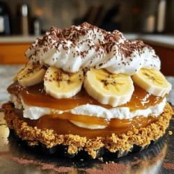 - 1 packet of digestive biscuits (approximately 250g) - 100g unsalted butter, melted - 1 can (400g) sweetened condensed milk - 3 ripe bananas, sliced - 300ml heavy cream - 2 tablespoons powdered sugar - 1 teaspoon vanilla extract - Grated dark chocolate or cocoa powder, for garnish Gather these ingredients before you start. The digestive biscuits make a crunchy base. The melted butter helps hold the crust together. Sweetened condensed milk turns into a rich caramel, essential for the banoffee flavor. Ripe bananas add sweetness and texture. Heavy cream makes the pie light and fluffy. Powdered sugar sweetens the cream, while vanilla extract adds depth. Lastly, garnish with dark chocolate or cocoa powder for a nice touch. You can find the full recipe linked above for more details. Enjoy making this easy banoffee pie! 1. Crushing the biscuits: Take your packet of digestive biscuits. You can use a food processor or a zip-lock bag to crush them. Aim for fine crumbs. This gives your crust a great texture. 2. Combining with melted butter: In a bowl, pour in the melted unsalted butter. Add your crushed biscuit crumbs. Mix well until each crumb is coated in butter. This will help hold the crust together. 3. Forming the crust: Now, take the mixture and press it into a 9-inch pie dish. Use your fingers or the back of a spoon to press it firmly into the bottom and up the sides. Chill it in the fridge for about 30 minutes. This helps it set nicely. 1. Simmering the condensed milk: Place an unopened can of sweetened condensed milk in a pot of water. Make sure the can is fully covered. Simmer gently for about 2 hours. Keep checking the water level. This makes the milk caramelize. 2. Cooling process: Once the time is up, remove the can from the pot. Let it cool completely before you open it. This step is very important to avoid any hot splashes. 1. Spreading caramel on the crust: After your crust is firm and the dulce de leche is cool, spread the caramel evenly over the biscuit base. This layer should be rich and smooth. 2. Arranging banana slices: Next, slice up your ripe bananas. Arrange them neatly on top of the caramel layer. Spread them out for a nice look. 3. Whipping the cream: In a new bowl, combine the heavy cream, powdered sugar, and vanilla extract. Use a hand mixer or whisk to whip until you get soft peaks. This gives the cream a light texture. 1. Topping with whipped cream: Gently spread the whipped cream over the bananas. Smooth it out for an even finish. This adds a fluffy layer on top. 2. Garnishing the pie: For the final touch, sprinkle grated dark chocolate or cocoa powder on top. This not only looks nice but adds extra flavor, too. 3. Chilling before serving: Place the pie back in the refrigerator. Let it chill for at least 1 hour. This allows all the flavors to blend together, making each bite delightful. For more details, check the Full Recipe. To make a great biscuit crust, spread the melted butter evenly over the crumbs. This ensures a tasty, firm base. After pressing the mixture into the pie dish, chill it for at least 30 minutes. This time helps the crust hold its shape and prevents it from crumbling when you slice the pie. You can get creative with your banoffee pie! Try adding a hint of chocolate or coffee to the whipped cream. These flavors enhance the dessert and give it a unique twist. Also, consider using other fruits like strawberries or kiwi on top of the bananas. They add color and a fresh taste. One common mistake is under-whipping the cream. Make sure to whip it until soft peaks form. This gives your pie a light, airy topping. Another error is not cooling the dulce de leche completely. If it's warm, it can make the crust soggy. Always let it cool down before you assemble the pie. For the Full Recipe, follow the steps closely, and enjoy this delightful dessert! {{image_4}} You can make banoffee pie even better by mixing flavors. Try using chocolate or graham cracker crumbs instead of digestive biscuits. This change adds a new taste and texture. Another fun twist is to mix in peanut butter. Spread a thin layer of peanut butter on the crust before adding the caramel. This adds a rich, nutty flavor that pairs perfectly with bananas. If you need gluten-free options, use gluten-free biscuits. They work just as well as regular ones. For a dairy-free version, swap heavy cream with coconut cream. It whips up nicely and adds a hint of coconut flavor. You can also find dairy-free condensed milk for the dulce de leche. These swaps keep the dessert tasty while meeting dietary needs. You can serve banoffee pie in fun ways. Drizzle some caramel or chocolate sauce over each slice. This adds a sweet touch that makes each bite special. You can also pair slices with a scoop of vanilla ice cream. The cold ice cream contrasts nicely with the creamy pie. Whipped cream on top makes it even more delightful. If you want to impress, add fresh fruit like strawberries or raspberries as a garnish. For the complete recipe and details, check out the Full Recipe. To keep your leftover banoffee pie fresh, store it in the fridge. Use an airtight container or wrap it tightly in plastic wrap. This helps to keep the flavors intact and prevents the pie from drying out. Make sure to eat it within three days for the best taste. Can you freeze banoffee pie? Yes, you can freeze it, but it’s best to freeze only the crust and caramel layer. If you freeze the whipped cream and banana slices, they might change texture. To properly freeze, wrap the pie tightly with plastic wrap and then foil. This protects it from freezer burn. When you’re ready to enjoy it again, thaw the pie in the fridge overnight. After thawing, add fresh bananas and whipped cream before serving. For the full recipe, check out the Delightful Banoffee Pie recipe. Banoffee Pie is a British dessert. It came to life in the 1970s. The name combines "banana" and "toffee." The first recipe appeared in a restaurant called The Hungry Monk. It quickly became popular for its sweet flavors. Now, many enjoy this pie worldwide. Yes, you can use store-bought caramel. It saves time and effort. But, it may lack the rich flavor of homemade dulce de leche. Pre-made caramel can be thicker. This can affect the pie's texture. If you prefer quick and easy, go for store-bought. If you have time, make your own for the best taste. Banoffee Pie lasts about 3 days in the fridge. Store it in an airtight container. Keep it covered to prevent drying out. If you add bananas, eat it soon. The bananas can brown and affect taste. Enjoy this pie fresh for the best experience. This blog post shared a simple and fun way to make Banoffee Pie. You learned about key ingredients like digestive biscuits, ripe bananas, and heavy cream. I detailed the steps to prepare the crust, make the dulce de leche, and assemble the pie. I also included helpful tips, variations to try, and storage advice. Banoffee Pie is versatile, delightful, and easy to customize. Whether you make it classic or try new flavors, enjoy this treat with friends or family. It's a recipe worth mastering!