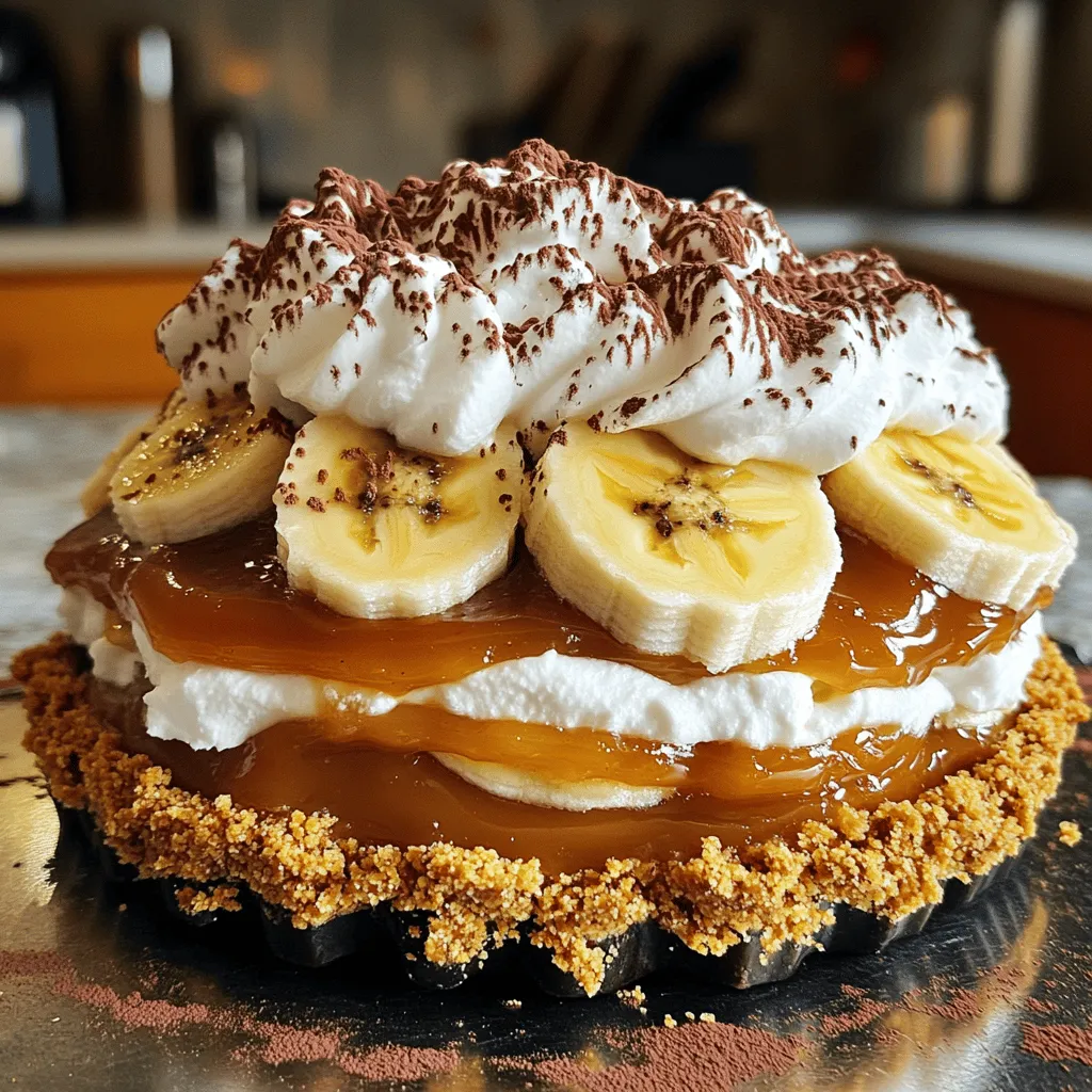 - 1 packet of digestive biscuits (approximately 250g) - 100g unsalted butter, melted - 1 can (400g) sweetened condensed milk - 3 ripe bananas, sliced - 300ml heavy cream - 2 tablespoons powdered sugar - 1 teaspoon vanilla extract - Grated dark chocolate or cocoa powder, for garnish Gather these ingredients before you start. The digestive biscuits make a crunchy base. The melted butter helps hold the crust together. Sweetened condensed milk turns into a rich caramel, essential for the banoffee flavor. Ripe bananas add sweetness and texture. Heavy cream makes the pie light and fluffy. Powdered sugar sweetens the cream, while vanilla extract adds depth. Lastly, garnish with dark chocolate or cocoa powder for a nice touch. You can find the full recipe linked above for more details. Enjoy making this easy banoffee pie! 1. Crushing the biscuits: Take your packet of digestive biscuits. You can use a food processor or a zip-lock bag to crush them. Aim for fine crumbs. This gives your crust a great texture. 2. Combining with melted butter: In a bowl, pour in the melted unsalted butter. Add your crushed biscuit crumbs. Mix well until each crumb is coated in butter. This will help hold the crust together. 3. Forming the crust: Now, take the mixture and press it into a 9-inch pie dish. Use your fingers or the back of a spoon to press it firmly into the bottom and up the sides. Chill it in the fridge for about 30 minutes. This helps it set nicely. 1. Simmering the condensed milk: Place an unopened can of sweetened condensed milk in a pot of water. Make sure the can is fully covered. Simmer gently for about 2 hours. Keep checking the water level. This makes the milk caramelize. 2. Cooling process: Once the time is up, remove the can from the pot. Let it cool completely before you open it. This step is very important to avoid any hot splashes. 1. Spreading caramel on the crust: After your crust is firm and the dulce de leche is cool, spread the caramel evenly over the biscuit base. This layer should be rich and smooth. 2. Arranging banana slices: Next, slice up your ripe bananas. Arrange them neatly on top of the caramel layer. Spread them out for a nice look. 3. Whipping the cream: In a new bowl, combine the heavy cream, powdered sugar, and vanilla extract. Use a hand mixer or whisk to whip until you get soft peaks. This gives the cream a light texture. 1. Topping with whipped cream: Gently spread the whipped cream over the bananas. Smooth it out for an even finish. This adds a fluffy layer on top. 2. Garnishing the pie: For the final touch, sprinkle grated dark chocolate or cocoa powder on top. This not only looks nice but adds extra flavor, too. 3. Chilling before serving: Place the pie back in the refrigerator. Let it chill for at least 1 hour. This allows all the flavors to blend together, making each bite delightful. For more details, check the Full Recipe. To make a great biscuit crust, spread the melted butter evenly over the crumbs. This ensures a tasty, firm base. After pressing the mixture into the pie dish, chill it for at least 30 minutes. This time helps the crust hold its shape and prevents it from crumbling when you slice the pie. You can get creative with your banoffee pie! Try adding a hint of chocolate or coffee to the whipped cream. These flavors enhance the dessert and give it a unique twist. Also, consider using other fruits like strawberries or kiwi on top of the bananas. They add color and a fresh taste. One common mistake is under-whipping the cream. Make sure to whip it until soft peaks form. This gives your pie a light, airy topping. Another error is not cooling the dulce de leche completely. If it's warm, it can make the crust soggy. Always let it cool down before you assemble the pie. For the Full Recipe, follow the steps closely, and enjoy this delightful dessert! {{image_4}} You can make banoffee pie even better by mixing flavors. Try using chocolate or graham cracker crumbs instead of digestive biscuits. This change adds a new taste and texture. Another fun twist is to mix in peanut butter. Spread a thin layer of peanut butter on the crust before adding the caramel. This adds a rich, nutty flavor that pairs perfectly with bananas. If you need gluten-free options, use gluten-free biscuits. They work just as well as regular ones. For a dairy-free version, swap heavy cream with coconut cream. It whips up nicely and adds a hint of coconut flavor. You can also find dairy-free condensed milk for the dulce de leche. These swaps keep the dessert tasty while meeting dietary needs. You can serve banoffee pie in fun ways. Drizzle some caramel or chocolate sauce over each slice. This adds a sweet touch that makes each bite special. You can also pair slices with a scoop of vanilla ice cream. The cold ice cream contrasts nicely with the creamy pie. Whipped cream on top makes it even more delightful. If you want to impress, add fresh fruit like strawberries or raspberries as a garnish. For the complete recipe and details, check out the Full Recipe. To keep your leftover banoffee pie fresh, store it in the fridge. Use an airtight container or wrap it tightly in plastic wrap. This helps to keep the flavors intact and prevents the pie from drying out. Make sure to eat it within three days for the best taste. Can you freeze banoffee pie? Yes, you can freeze it, but it’s best to freeze only the crust and caramel layer. If you freeze the whipped cream and banana slices, they might change texture. To properly freeze, wrap the pie tightly with plastic wrap and then foil. This protects it from freezer burn. When you’re ready to enjoy it again, thaw the pie in the fridge overnight. After thawing, add fresh bananas and whipped cream before serving. For the full recipe, check out the Delightful Banoffee Pie recipe. Banoffee Pie is a British dessert. It came to life in the 1970s. The name combines "banana" and "toffee." The first recipe appeared in a restaurant called The Hungry Monk. It quickly became popular for its sweet flavors. Now, many enjoy this pie worldwide. Yes, you can use store-bought caramel. It saves time and effort. But, it may lack the rich flavor of homemade dulce de leche. Pre-made caramel can be thicker. This can affect the pie's texture. If you prefer quick and easy, go for store-bought. If you have time, make your own for the best taste. Banoffee Pie lasts about 3 days in the fridge. Store it in an airtight container. Keep it covered to prevent drying out. If you add bananas, eat it soon. The bananas can brown and affect taste. Enjoy this pie fresh for the best experience. This blog post shared a simple and fun way to make Banoffee Pie. You learned about key ingredients like digestive biscuits, ripe bananas, and heavy cream. I detailed the steps to prepare the crust, make the dulce de leche, and assemble the pie. I also included helpful tips, variations to try, and storage advice. Banoffee Pie is versatile, delightful, and easy to customize. Whether you make it classic or try new flavors, enjoy this treat with friends or family. It's a recipe worth mastering!