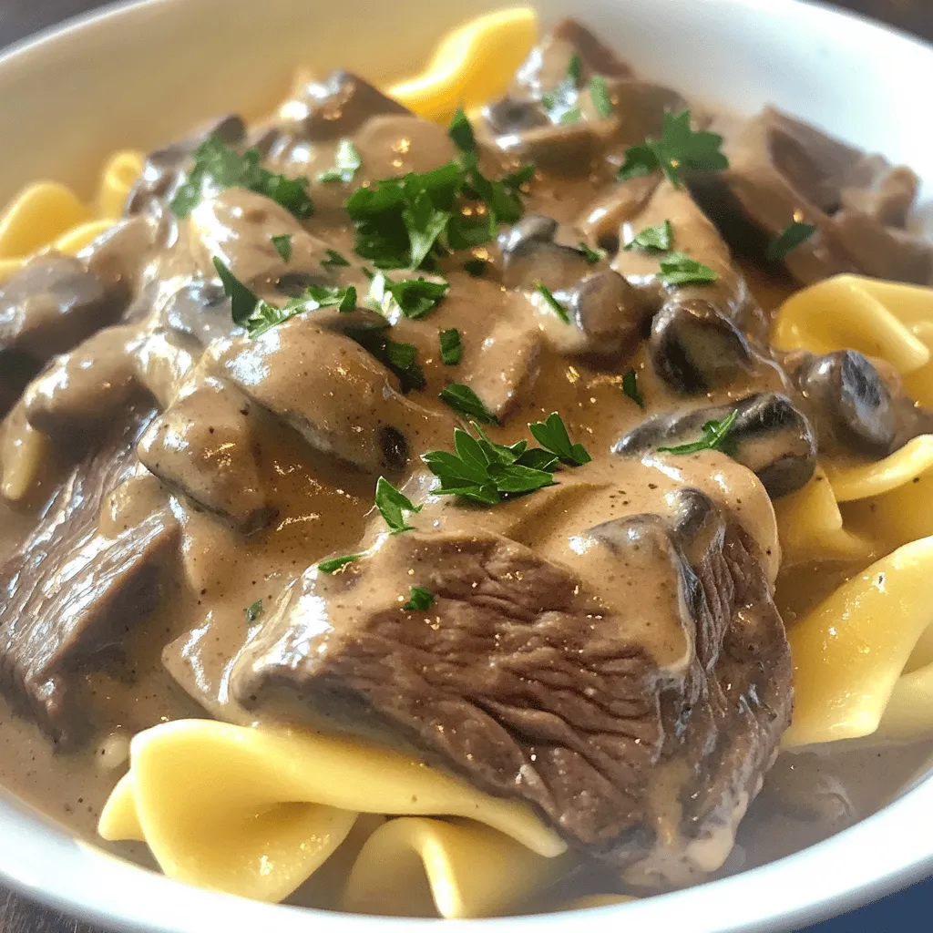 For a great Beef Stroganoff, you need quality meat. You can choose between tenderloin or sirloin. Tenderloin is very soft, while sirloin is more flavorful. Both work well, so pick what you like best. The key ingredients are: - Beef: 1 lb (450g) beef tenderloin or sirloin, thinly sliced - Mushrooms: 8 oz (225g) sliced mushrooms, like button or cremini - Onions: 1 medium onion, finely chopped - Garlic: 3 cloves garlic, minced These ingredients give the dish its rich taste and texture. You will need some cooking oils and sauces to bring everything together. I recommend using: - Olive oil: 2 tablespoons, divided for cooking - Beef broth: 2 cups to create the sauce - Worcestershire sauce: 1 tablespoon for that umami kick - Dijon mustard: 1 teaspoon to add depth For seasoning, you should have: - Salt and pepper to taste - Smoked paprika: 1 teaspoon adds a nice smoky flavor These staples are easy to find and essential for a tasty stroganoff. You can make your Beef Stroganoff unique by swapping noodles or adding some extras. Instead of egg noodles, try other pasta types like fettuccine or even rice. For flavor enhancement, consider adding: - Fresh herbs: like parsley or thyme for brightness - Spices: such as oregano or bay leaves for a different twist These options let you customize the dish to your taste. For the full recipe, check out the detailed instructions above! Start by boiling a large pot of water. Add a good amount of salt; this helps flavor the pasta. Wait until the water is bubbling before adding the egg noodles. Cook them according to the package. This usually takes about 7-9 minutes. You want them to be al dente, which means cooked but still firm. After cooking, drain the noodles and set them aside. To stop them from sticking together, drizzle a little oil over them. Toss gently to coat each noodle. This simple step makes a big difference! Next, it’s time to sear the beef. Heat one tablespoon of olive oil in a large skillet over medium-high heat. Add the sliced beef in batches. This is key to getting a nice brown color. If you add too much at once, the beef will steam instead of sear. Season the beef with salt and pepper. Let it cook for 2-3 minutes without moving it. When it’s well-browned, remove the beef and keep it warm on a plate. This step locks in the beef's flavor! In the same skillet, add the remaining tablespoon of olive oil. Start by adding the chopped onion and minced garlic. Cook them until the onion is soft and clear, about 3-4 minutes. Then, add the sliced mushrooms. Stir and let them cook for another 4-5 minutes, so they become tender. Now, it’s time to make the sauce. Sprinkle the flour over the mushroom mixture. Stir for about one minute to cook the flour. Slowly pour in the beef broth while stirring. This helps to avoid lumps. Add Worcestershire sauce, Dijon mustard, and smoked paprika if you want extra flavor. Let this simmer for 5-7 minutes until it thickens. Once thick, lower the heat and mix in the sour cream. This adds creaminess to your sauce. Finally, return the beef to the skillet and stir gently to combine. This step makes sure the beef gets nice and warm again. For more details on the full process, check out the Full Recipe. To get the best texture for beef stroganoff, slice the meat thinly. Thin slices cook faster and stay tender. Searing is key. Cook the beef in batches and do not overcrowd the skillet. This ensures even browning. Cooking too long can make meat tough. Aim for just 2-3 minutes per batch. For a creamy sauce, add sour cream at the end. Stir it in gently once the heat is low. This keeps the sour cream smooth and avoids curdling. Taste your sauce before serving. Adjust it with salt, pepper, or a hint of smoked paprika to balance flavors. This small change can elevate the dish. Presentation makes a big difference. Serve beef stroganoff in shallow bowls to show off the sauce. A bed of noodles is a great base. For color, sprinkle fresh parsley on top. You can also add a slice of crusty bread on the side. This adds texture and makes the meal feel complete. For a lovely touch, consider a side salad to freshen up the plate. Enjoy the rich flavors with a pop of color! {{image_4}} You can swap beef for chicken or mushrooms. Chicken provides a lighter taste. Mushrooms add a rich, earthy flavor. If you choose chicken, use boneless pieces for quick cooking. Sear the chicken just like the beef, but cook it a bit longer, about 5-6 minutes. For mushrooms, use a mix of cremini and shiitake. Sauté them until brown for the best flavor. If you need a dairy-free option, consider using cashew cream or coconut yogurt. These options keep the dish creamy without dairy. You can also use Greek yogurt for a healthier twist. If you prefer a thicker sauce, add a little more flour. For a lighter sauce, mix in some broth before adding your cream alternative. Changing herbs or spices can give you new flavors. Try adding thyme or rosemary for a fresh twist. Some regions use paprika or dill to enhance the dish. In Russia, they often add mustard for an extra kick. You can adjust these flavors to fit your taste and create your own version of Beef Stroganoff. For the Full Recipe, be sure to check the details for making this classic dish perfect every time! After enjoying your beef stroganoff, store leftovers in a tight container. Use glass or plastic that seals well. Let the dish cool down before sealing. This helps keep it fresh. Beef stroganoff lasts in the fridge for 3-4 days. When you reheat, use low heat on the stove or microwave. Add a splash of beef broth or water if it seems thick. This keeps your meal creamy. If you want to save it for later, freezing is a good option. First, cool the beef stroganoff completely. Then, place it in a freezer-safe container. Leave some space at the top for expansion. Beef stroganoff can stay in the freezer for up to 3 months. To reheat from frozen, let it thaw in the fridge overnight. Then, warm it slowly on the stove. Stir often to avoid any hot spots. Transforming leftovers can be fun! Use beef stroganoff as a filling for baked potatoes. You can also mix it into a creamy pasta bake. Another idea is to turn it into a savory beef quesadilla. For a quick meal, make a beef stroganoff soup. Just add some broth and veggies. This creates a new dish with little work. Enjoy your leftovers in fresh and exciting ways! Beef Stroganoff comes from Russia. It dates back to the 19th century. The dish is named after a count, Pavel Stroganov. It started as a simple recipe with beef, onions, and sour cream. Over time, it gained popularity and spread around the world. Today, many countries have their own take on it. Each version adds local flavors and ingredients. Yes, you can make Beef Stroganoff ahead of time. First, cook the beef and sauce as usual. Let it cool before storing it in the fridge. You can keep it for up to three days. To reheat, warm it on the stove over low heat. You may need to add a splash of beef broth or water for moisture. Beef Stroganoff pairs well with many sides. Here are some great options: - Egg noodles or pasta - Rice or quinoa - Mashed potatoes - Green beans or steamed vegetables - A simple salad To thicken your Beef Stroganoff sauce, you have a few options: - Cook it longer to reduce liquid. - Add more flour mixed with water to create a slurry. - Stir in cornstarch mixed with water for a quick fix. Yes, traditional Beef Stroganoff uses sour cream. The sour cream adds creaminess and tang. Some modern recipes swap it for Greek yogurt or cream. These changes can give a different taste, but they still taste great. To create a vegetarian Beef Stroganoff, swap out the beef and sour cream. Use mushrooms for the meat. They give a nice texture. For the sauce, replace sour cream with cashew cream or coconut yogurt. You can also add extra vegetables like bell peppers or spinach. These choices keep the dish delicious and satisfying. For the full recipe, check out the details above! We explored the key ingredients needed for Beef Stroganoff, from choosing the right beef to using pantry staples. Cooking techniques ensure perfect pasta and tender meat. We shared tips to enhance flavor and presentation, along with variations to suit your taste. Remember, this dish can be stored and transformed into new meals. Beef Stroganoff is versatile, easy to adapt, and perfect for any occasion. Enjoy making it your own, and don't be afraid to experiment!