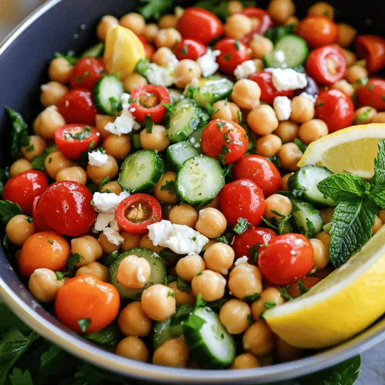 The main ingredients for this salad are simple and fresh. Here’s what you need: - 1 can (15 oz) chickpeas, thoroughly drained and rinsed - 1 cup cherry tomatoes, vibrant and halved - 1 medium cucumber, peeled and diced into bite-sized pieces - 1 red bell pepper, diced into small cubes - 1/2 red onion, finely chopped for a mild flavor - 1/2 cup Kalamata olives, pitted and sliced for briny goodness - 1/4 cup feta cheese, crumbled (optional but recommended for creaminess) - 2 tablespoons fresh parsley, finely chopped for freshness - 1 tablespoon fresh mint, finely chopped for an aromatic touch You can add a few optional ingredients for extra flavor. These include: - 3 tablespoons quality extra virgin olive oil - 2 tablespoons freshly squeezed lemon juice for brightness - 1 teaspoon dried oregano to enhance the Mediterranean flavor - Sea salt and freshly cracked black pepper to taste This salad is not just tasty; it’s also packed with nutrients. Chickpeas provide protein and fiber, making you feel full. Cherry tomatoes add vitamins A and C, while cucumbers keep you hydrated. Red bell peppers bring in antioxidants. Kalamata olives add healthy fats. Feta cheese gives a creamy texture and calcium. Fresh herbs like parsley and mint boost flavor and freshness. This dish is a colorful mix of health and taste. Enjoy the benefits of each ingredient as you savor every bite! For the full recipe, check out the Mediterranean Chickpea Delight. Start by gathering your ingredients. You need one can of chickpeas, one cup of cherry tomatoes, one cucumber, one red bell pepper, and half a red onion. Rinse the chickpeas well to remove any extra sodium. Halve the cherry tomatoes, peel and dice the cucumber, and chop the red bell pepper. Finely chop the red onion for a milder flavor. In a large mixing bowl, combine the prepared chickpeas, cherry tomatoes, cucumber, bell pepper, and onion. Stir gently to mix everything well. Next, add the sliced Kalamata olives and optional crumbled feta cheese. Fold these in gently to keep the cheese intact. In a small bowl, whisk together three tablespoons of extra virgin olive oil, two tablespoons of lemon juice, and one teaspoon of dried oregano. Add a pinch of sea salt and freshly cracked black pepper. Mix until the dressing is smooth and all parts are combined. Drizzle the dressing over the salad mix. Use a spatula to toss it gently so everything is coated. Sprinkle the fresh parsley and mint on top, then toss once more. For the best taste, let the salad sit for about 15 minutes at room temperature. This allows the flavors to blend. Before serving, taste and adjust the seasoning if needed. Enjoy this vibrant Mediterranean chickpea salad! For the full recipe, click here: [Full Recipe]. To make a great Mediterranean chickpea salad, focus on fresh ingredients. Use ripe cherry tomatoes for sweetness. Choose a crunchy cucumber for texture. For the best taste, rinse the chickpeas well. This helps remove excess salt and ensures a clean flavor. Chop your veggies into similar sizes. This gives the salad a uniform look and makes it easy to eat. Finally, let it sit for about 15 minutes. This helps the flavors blend nicely. To keep your salad fresh, store it properly. Use an airtight container for leftovers. This keeps the salad crisp and tasty. If you plan to eat it later, don’t add the dressing until just before serving. The dressing can make the salad soggy if it sits too long. You can also store the dressing separately. This way, you can enjoy a fresh salad each time. You can change the salad to fit your taste. Want more crunch? Add some toasted almonds or sunflower seeds. Like it spicy? Try adding some diced jalapeños or a dash of red pepper flakes. For a unique twist, mix in some diced avocado. This adds creaminess and healthy fats. You can also swap the feta for goat cheese. This gives a different flavor while still being delicious. Check out the Full Recipe for more ideas! {{image_4}} You can make this salad vegan by omitting the feta cheese. Instead, use avocado for creaminess. You could also add a sprinkle of nutritional yeast. This gives a cheesy flavor without dairy. Fresh herbs like dill or basil can add a nice touch. Try adding some roasted red peppers for a smoky flavor. This recipe is naturally gluten-free. Chickpeas are a great source of protein and fit right in. If you want to add grains, use quinoa or brown rice. Both are gluten-free and add texture. They also make the salad more filling. You can change up the ingredients based on the seasons. In summer, add fresh corn or zucchini. In fall, try roasted butternut squash or apples. In winter, incorporate hearty greens like kale or spinach. Each season brings different flavors and colors to your salad. This keeps the dish fresh and exciting. To keep your Mediterranean Chickpea Salad fresh, store it in an airtight container. Glass containers work best as they don’t stain and keep the flavors intact. If you have leftover dressing, store it separately for best results. This way, you can keep your salad crisp and tasty. When stored correctly, this salad will last for about 3 to 5 days in the fridge. The vegetables will stay crunchy, but the flavors will meld over time. If you notice any sogginess, it is time to toss it out. Always trust your senses when checking for freshness. When you’re ready to enjoy leftovers, give the salad a gentle toss. Taste it first. You may want to add more lemon juice or salt to boost the flavor. If the salad seems dry, drizzle in some olive oil. Serve it cold for a refreshing treat. You can also use it as a filling for wraps or pita bread for a new twist. For the full recipe, check out Mediterranean Chickpea Delight. Mediterranean Chickpea Salad comes from the Mediterranean region. This area includes countries like Greece, Italy, and Turkey. People here love fresh ingredients and bold flavors. Chickpeas are a staple in this cuisine. They provide protein and fiber. This salad celebrates the bright tastes of the Mediterranean. It mixes veggies, herbs, and olive oil. Each bite bursts with flavor. Yes, you can prepare this salad in advance. It actually tastes better after sitting for a bit. The flavors blend nicely as it chills. Make the salad a few hours ahead of time. Store it in the fridge until you are ready to serve. If you add feta cheese, do it right before serving to keep it fresh. Mediterranean Chickpea Salad pairs well with many dishes. Try it with grilled chicken or fish for protein. It also complements pita bread or hummus nicely. Serve it next to a hearty soup for a complete meal. If you want a light lunch, enjoy it with a slice of crusty bread. Each option enhances the salad’s vibrant flavors. Adding protein to your salad is simple. You can mix in grilled chicken or shrimp for a boost. Canned tuna or salmon works well, too. For a vegetarian option, toss in some cooked quinoa or lentils. If you want to keep it light, add some sliced avocado. This makes the salad filling and nutritious. This blog covered the key ingredients for Mediterranean chickpea salad, plus tips and storage. You learned how to prepare the salad with fresh ingredients and a tasty dressing. Don’t forget the optional flavors that can boost the dish. In the end, make it your own with easy swaps. Enjoy your healthy salad now and later!