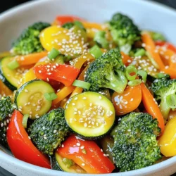 - 1 cup fresh broccoli florets - 1 red bell pepper, thinly sliced - 1 yellow zucchini, cut into half-moons - 1 medium carrot, julienned - 1 cup snap peas, trimmed and cleaned - 3 cloves garlic, minced - 1 teaspoon fresh ginger, grated - Sea salt and freshly ground pepper to taste - 2 green onions, thinly sliced (for garnish) - A sprinkle of sesame seeds (for garnish) - 2 tablespoons soy sauce (or tamari for gluten-free option) - 1 tablespoon sesame oil - 1 tablespoon olive oil When you create a quick veggie stir-fry, fresh vegetables are key. You want a mix of colors and textures. I like to use broccoli, red bell pepper, zucchini, carrots, and snap peas. Each brings its own flavor and crunch. Next, I add aromatics. Garlic and ginger elevate the taste. Their scents fill the kitchen as they cook. I use sea salt and fresh pepper to season. For garnish, I add sliced green onions and sesame seeds. They add a nice touch and some crunch. For oils and sauces, I use a mix of soy sauce and sesame oil. They bring together all the flavors. Olive oil serves as the base for cooking. These ingredients make a quick and healthy meal. You can find the full recipe for more details. Enjoy your cooking! - Heat olive oil in a large skillet or wok over medium-high heat. - Test oil temperature with a piece of garlic for sizzling. Start by heating the olive oil in your skillet or wok. This oil gives a nice flavor and helps cook the veggies. You want the oil to be hot but not smoking. To check if it's ready, drop in a piece of garlic. If it sizzles right away, you are good to go. - Add minced garlic and grated ginger, sautéing for 30 seconds until fragrant. Once the oil is hot, add minced garlic and grated ginger. These two add great flavor. Stir them for about 30 seconds. You want to see them turn light golden and smell that lovely aroma. This step is key because it builds the base flavor for your stir-fry. - Stir-fry broccoli, bell pepper, and carrot for 3-4 minutes. - Incorporate zucchini and snap peas for an additional 2-3 minutes. - Drizzle with soy sauce and sesame oil, cook together for 1 minute. Now it’s time to add in the veggies. Start with the broccoli, bell pepper, and carrot. Stir-fry these vegetables for 3 to 4 minutes. You want them to soften but still hold a bit of crunch. Next, mix in the zucchini and snap peas. Cook these for another 2 to 3 minutes. After that, drizzle soy sauce and sesame oil over everything. Stir to coat all the veggies. Let them cook together for one minute. This step makes sure the flavors blend well. Follow this process, and you’ll have a bright and tasty veggie stir-fry ready to enjoy. For a detailed recipe, check the Full Recipe. To make your Quick Veggie Stir-Fry even tastier, adjust the seasoning. Use sea salt and freshly ground pepper. This simple step brings out the natural flavors of your fresh vegetables. Fresh veggies offer the best taste and nutrition, so choose them wisely. Once your stir-fry is ready, transfer it to a serving platter or individual bowls. This makes it look more inviting. For a pop of color, garnish with thinly sliced green onions and a sprinkle of sesame seeds. These small touches enhance the appeal of your meal. Stir-fry your vegetables on high heat for the best texture and taste. This method helps them cook quickly while staying bright and tender-crisp. Make sure to move them around the pan often. Keeping the veggies moving helps them cook evenly and stay vibrant. {{image_4}} You can mix and match your veggies. Use seasonal or favorite ones. Try adding mushrooms for an earthy taste. Baby corn can add a fun crunch too. Bell peppers come in many colors, so feel free to switch them up. Carrots can be replaced with snap peas for a fresh twist. The more variety you add, the more fun your stir-fry becomes! Need a protein boost? Tofu, chicken, or shrimp work great. If you use tofu, press it first to remove water. Chicken cooks quickly, so cut it into small pieces. Shrimp is fast too; just watch it turn pink. Adjust your cooking time based on what protein you choose. This keeps everything tender and juicy. Want to change the flavor? Go for different sauces! Teriyaki adds sweetness, while hoisin gives a rich taste. You can also add chili flakes for some heat. A splash of lime juice can brighten it up too. Experiment with your favorite flavors to make this dish your own. Don’t forget to taste as you go along! For the full recipe, check out the Quick Veggie Stir-Fry section. Store any leftover veggie stir-fry in an airtight container in the fridge. This keeps it fresh. Consume leftovers within 2-3 days for the best taste. If you wait longer, the veggies may lose their crunch. You can freeze leftover stir-fry in a freezer-safe container. It’s best to use it within 1-2 months. This helps keep the flavors and texture intact. Remember to label the container with the date. Reheat the stir-fry in a skillet over medium heat. This method gives the best texture. Stir occasionally to heat evenly. You can also use a microwave if needed. Just be careful not to overcook it. This can make the veggies soggy. For the best results, enjoy your Quick Veggie Stir-Fry fresh. Check out the Full Recipe for more tips! - Prep Time: 10 minutes | Total Time: 15 minutes | Servings: 2-3 - Yes, but adjust cooking time as frozen veggies may require longer to cook. - Use coconut aminos or liquid aminos for a soy-free option. - Yes, if tamari is used in place of soy sauce. - Add a protein like tofu or chicken directly in the stir-fry process when sautéing aromatics. - Other oils like avocado oil or grapeseed oil can be used as alternatives to sesame oil. In summary, this quick veggie stir-fry recipe is easy and flavorful. You need fresh vegetables, aromatics, and a few sauces. Cooking is quick, taking only about 15 minutes. Don't hesitate to try different veggies or proteins for variety. Store leftovers properly to enjoy later. This dish is not just healthy; it can also fit various diets. Now, you can make a delicious meal that is both satisfying and nutritious! Enjoy your cooking!