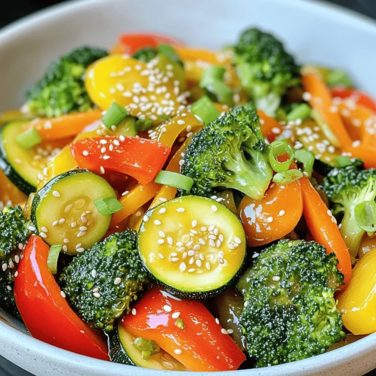 - 1 cup fresh broccoli florets - 1 red bell pepper, thinly sliced - 1 yellow zucchini, cut into half-moons - 1 medium carrot, julienned - 1 cup snap peas, trimmed and cleaned - 3 cloves garlic, minced - 1 teaspoon fresh ginger, grated - Sea salt and freshly ground pepper to taste - 2 green onions, thinly sliced (for garnish) - A sprinkle of sesame seeds (for garnish) - 2 tablespoons soy sauce (or tamari for gluten-free option) - 1 tablespoon sesame oil - 1 tablespoon olive oil When you create a quick veggie stir-fry, fresh vegetables are key. You want a mix of colors and textures. I like to use broccoli, red bell pepper, zucchini, carrots, and snap peas. Each brings its own flavor and crunch. Next, I add aromatics. Garlic and ginger elevate the taste. Their scents fill the kitchen as they cook. I use sea salt and fresh pepper to season. For garnish, I add sliced green onions and sesame seeds. They add a nice touch and some crunch. For oils and sauces, I use a mix of soy sauce and sesame oil. They bring together all the flavors. Olive oil serves as the base for cooking. These ingredients make a quick and healthy meal. You can find the full recipe for more details. Enjoy your cooking! - Heat olive oil in a large skillet or wok over medium-high heat. - Test oil temperature with a piece of garlic for sizzling. Start by heating the olive oil in your skillet or wok. This oil gives a nice flavor and helps cook the veggies. You want the oil to be hot but not smoking. To check if it's ready, drop in a piece of garlic. If it sizzles right away, you are good to go. - Add minced garlic and grated ginger, sautéing for 30 seconds until fragrant. Once the oil is hot, add minced garlic and grated ginger. These two add great flavor. Stir them for about 30 seconds. You want to see them turn light golden and smell that lovely aroma. This step is key because it builds the base flavor for your stir-fry. - Stir-fry broccoli, bell pepper, and carrot for 3-4 minutes. - Incorporate zucchini and snap peas for an additional 2-3 minutes. - Drizzle with soy sauce and sesame oil, cook together for 1 minute. Now it’s time to add in the veggies. Start with the broccoli, bell pepper, and carrot. Stir-fry these vegetables for 3 to 4 minutes. You want them to soften but still hold a bit of crunch. Next, mix in the zucchini and snap peas. Cook these for another 2 to 3 minutes. After that, drizzle soy sauce and sesame oil over everything. Stir to coat all the veggies. Let them cook together for one minute. This step makes sure the flavors blend well. Follow this process, and you’ll have a bright and tasty veggie stir-fry ready to enjoy. For a detailed recipe, check the Full Recipe. To make your Quick Veggie Stir-Fry even tastier, adjust the seasoning. Use sea salt and freshly ground pepper. This simple step brings out the natural flavors of your fresh vegetables. Fresh veggies offer the best taste and nutrition, so choose them wisely. Once your stir-fry is ready, transfer it to a serving platter or individual bowls. This makes it look more inviting. For a pop of color, garnish with thinly sliced green onions and a sprinkle of sesame seeds. These small touches enhance the appeal of your meal. Stir-fry your vegetables on high heat for the best texture and taste. This method helps them cook quickly while staying bright and tender-crisp. Make sure to move them around the pan often. Keeping the veggies moving helps them cook evenly and stay vibrant. {{image_4}} You can mix and match your veggies. Use seasonal or favorite ones. Try adding mushrooms for an earthy taste. Baby corn can add a fun crunch too. Bell peppers come in many colors, so feel free to switch them up. Carrots can be replaced with snap peas for a fresh twist. The more variety you add, the more fun your stir-fry becomes! Need a protein boost? Tofu, chicken, or shrimp work great. If you use tofu, press it first to remove water. Chicken cooks quickly, so cut it into small pieces. Shrimp is fast too; just watch it turn pink. Adjust your cooking time based on what protein you choose. This keeps everything tender and juicy. Want to change the flavor? Go for different sauces! Teriyaki adds sweetness, while hoisin gives a rich taste. You can also add chili flakes for some heat. A splash of lime juice can brighten it up too. Experiment with your favorite flavors to make this dish your own. Don’t forget to taste as you go along! For the full recipe, check out the Quick Veggie Stir-Fry section. Store any leftover veggie stir-fry in an airtight container in the fridge. This keeps it fresh. Consume leftovers within 2-3 days for the best taste. If you wait longer, the veggies may lose their crunch. You can freeze leftover stir-fry in a freezer-safe container. It’s best to use it within 1-2 months. This helps keep the flavors and texture intact. Remember to label the container with the date. Reheat the stir-fry in a skillet over medium heat. This method gives the best texture. Stir occasionally to heat evenly. You can also use a microwave if needed. Just be careful not to overcook it. This can make the veggies soggy. For the best results, enjoy your Quick Veggie Stir-Fry fresh. Check out the Full Recipe for more tips! - Prep Time: 10 minutes | Total Time: 15 minutes | Servings: 2-3 - Yes, but adjust cooking time as frozen veggies may require longer to cook. - Use coconut aminos or liquid aminos for a soy-free option. - Yes, if tamari is used in place of soy sauce. - Add a protein like tofu or chicken directly in the stir-fry process when sautéing aromatics. - Other oils like avocado oil or grapeseed oil can be used as alternatives to sesame oil. In summary, this quick veggie stir-fry recipe is easy and flavorful. You need fresh vegetables, aromatics, and a few sauces. Cooking is quick, taking only about 15 minutes. Don't hesitate to try different veggies or proteins for variety. Store leftovers properly to enjoy later. This dish is not just healthy; it can also fit various diets. Now, you can make a delicious meal that is both satisfying and nutritious! Enjoy your cooking!