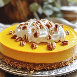 - 1 ½ cups graham cracker crumbs - ½ cup unsalted butter, melted - 2 tablespoons granulated sugar - 3 packages (8 oz each) cream cheese, softened - 1 cup granulated sugar - 1 cup packed brown sugar - 1 can (15 oz) pure pumpkin purée - 3 large eggs, at room temperature - 1 teaspoon pure vanilla extract - 1 teaspoon ground cinnamon - ½ teaspoon ground nutmeg - ½ teaspoon ground ginger - ½ teaspoon salt - 1 cup sour cream (full-fat recommended) - Whipped cream, for topping (optional) - Toasted pecans or walnuts, for garnish (optional) Using high-quality ingredients makes a big difference. I recommend using full-fat sour cream for creaminess. It adds richness and flavor. Always choose pure pumpkin purée, not the spiced type. This ensures your cheesecake has the best taste. When it comes to cream cheese, opt for a brand that contains high fat for a smooth finish. For cream cheese, I like Philadelphia. It provides a nice texture and flavor. For pumpkin purée, Libby's is a top choice. It has a deep, rich taste. As for graham crackers, Honey Maid works well. They have the perfect balance of sweetness and crunch. These brands help create that irresistibly smooth delight you want in a pumpkin cheesecake. To make a graham cracker crust, gather these ingredients: - 1 ½ cups graham cracker crumbs - ½ cup unsalted butter, melted - 2 tablespoons granulated sugar In a medium bowl, mix the graham cracker crumbs, melted butter, and sugar. Stir until the crumbs are fully coated. Press this mixture firmly into the bottom of a 9-inch springform pan. Make sure to create an even layer. Bake the crust in a preheated oven at 350°F for 8-10 minutes or until it turns lightly golden. After baking, remove it from the oven and let it cool completely. Cooling is key because it helps the crust stay firm when you add the filling. For the filling, you will need: - 3 packages (8 oz each) cream cheese, softened - 1 cup granulated sugar - 1 cup packed brown sugar - 1 can (15 oz) pure pumpkin purée - 3 large eggs, at room temperature - 1 teaspoon pure vanilla extract - 1 teaspoon ground cinnamon - ½ teaspoon ground nutmeg - ½ teaspoon ground ginger - ½ teaspoon salt - 1 cup sour cream Start by beating the softened cream cheese in a large bowl with an electric mixer. Mix until smooth and creamy. Gradually add the granulated and brown sugars. Keep mixing until it is well combined and smooth. Next, add the pumpkin purée to the cream cheese mixture. Then, add the eggs one at a time, mixing well after each. Add vanilla, cinnamon, nutmeg, ginger, and salt. Blend until all ingredients are mixed smoothly. Now, gently fold in the sour cream. Do this carefully to keep the filling light and airy. For the baking, set your oven to 325°F. Carefully pour the pumpkin filling into the prepared crust. Smooth the top with a spatula for even baking. Bake it for 60-70 minutes. The edges should be set, but the center can still jiggle slightly. Once baked, turn off the oven and leave the door slightly open. Let the cheesecake cool in the oven for about 1 hour. This helps prevent cracks on the surface. After that, put it in the refrigerator to chill for at least 4 hours. For best results, chill it overnight. This resting time helps the flavors blend and creates a smooth texture. Enjoy making this pumpkin cheesecake! For the complete recipe, you can refer to the Full Recipe section. To get a smooth and creamy cheesecake, start with room temperature ingredients. This helps everything mix well. Cold cream cheese can make lumps, which you want to avoid. Take your cream cheese, eggs, and sour cream out of the fridge ahead of time. Let them sit for about 30 minutes. Next, be careful not to overmix your filling. Once you add the eggs, mix just until combined. Overmixing can introduce air, which may cause cracks in your cheesecake. A smooth batter is key to a perfect texture. You can add more flavor to your pumpkin cheesecake. Try adding a pinch of allspice or cardamom for depth. A splash of maple extract can also bring a warm, sweet note. These small changes can make a big impact. For toppings, consider using whipped cream on top. You can also sprinkle toasted pecans or walnuts for a crunchy finish. Fresh cranberries or a drizzle of caramel can add a fun twist. Get creative with what you have! For the complete recipe, check the Full Recipe section. {{image_4}} To make a gluten-free pumpkin cheesecake, start by swapping the graham cracker crumbs. You can use gluten-free cookies or almond flour instead. These options give a nice flavor and texture. For the crust, mix the new crumbs with melted butter and sugar. Press this mixture into the pan like you would with the regular crust. To keep the cheesecake creamy, use full-fat cream cheese. This helps avoid a dry texture. Remember to avoid overmixing the filling. This keeps the cheesecake smooth and rich. If you need a dairy-free version, try using dairy-free cream cheese. Brands like Tofutti or Kite Hill work well. They offer a nice texture and taste. Replace the sour cream with coconut cream for extra richness. When adjusting the recipe, make sure all your ingredients are dairy-free. Mix everything just like in the full recipe. The same baking times will work for this version, so you can enjoy a creamy, dairy-free delight! To create a pumpkin cheesecake swirl, prepare the filling as usual. Once mixed, take about a cup of the filling and set it aside. Add cocoa powder or melted chocolate to the set-aside filling. This will create a rich chocolate flavor. To make the marbled effect, pour the original filling into the crust first. Then, dollop the chocolate mixture on top in random areas. Use a knife to gently swirl them together. Don’t overdo it; a few swirls create a beautiful pattern. You can also pair this swirl with flavors like caramel or maple for a fun twist! To keep your pumpkin cheesecake fresh, store it in the refrigerator. Place it in an airtight container or cover it tightly with plastic wrap. This will prevent it from absorbing other odors in the fridge. Your cheesecake stays fresh for about 5 to 7 days. If you want to save some for later, freezing is a great option. First, let the cheesecake cool completely. Then, wrap it in plastic wrap. After that, place it in a freezer-safe bag or container. This protects it from freezer burn. You can freeze it for up to 3 months. When you're ready to enjoy it, move the cheesecake to the fridge to thaw overnight. This keeps its smooth texture. After thawing, feel free to add whipped cream or nuts for a lovely presentation. Enjoy your delicious cheesecake, even after freezing! What is the best way to prevent cracks in the cheesecake? To prevent cracks, keep your oven at a steady temperature. You should also bake the cheesecake in a water bath. This keeps moisture in and helps the cheesecake cook evenly. Let it cool slowly. After baking, turn off the oven and leave the cheesecake inside for an hour. This helps it set without cracking. Can I make this cheesecake a day in advance? Yes, you can make this cheesecake a day ahead. In fact, it tastes even better after chilling overnight. It allows all the flavors to mix well. Just cover it tightly with plastic wrap and store it in the fridge. How do I know when the cheesecake is done? The cheesecake is done when the edges look set and the center is slightly jiggly. It will firm up as it cools. Use a toothpick to check—if it comes out clean from the edges, it's ready! What can I use instead of sour cream? If you don’t have sour cream, try Greek yogurt. It gives a similar creamy texture and flavor. You can also use cream cheese mixed with a bit of milk for a good substitute. How long can a pumpkin cheesecake be left out at room temperature? A pumpkin cheesecake can sit out for about two hours. After that, it should go back in the fridge. This keeps it fresh and safe to eat. Can I use fresh pumpkin instead of canned? Yes, you can use fresh pumpkin! Just cook it until soft and puree it. Make sure to drain any excess water. This keeps your cheesecake from getting too watery. For the best results, use about two cups of fresh pumpkin for this recipe. For the full recipe, check out the Heavenly Pumpkin Cheesecake section above! Making the best pumpkin cheesecake starts with a solid recipe. This heavenly pumpkin cheesecake combines the creaminess of cheese with the warmth of pumpkin. The Full Recipe highlights the right mix of flavors. You begin with the crust. The graham cracker crumbs give a nice crunch. The unsalted butter helps bind it together, while sugar adds sweetness. For the filling, you’ll need three packages of softened cream cheese. This is crucial for that smooth texture. You mix in granulated and brown sugar for depth. Pumpkin purée brings a rich, earthy taste. Don't forget the spices! Ground cinnamon, nutmeg, and ginger create that classic fall flavor. Next, you add eggs for stability and vanilla for a hint of sweetness. The sour cream rounds out the filling, making it extra creamy. Baking is key. The oven temperature should be set to 325°F. This slow baking helps prevent cracks. The center should jiggle slightly when done. After baking, cooling the cheesecake slowly in the oven helps keep it smooth. Chill it in the fridge for at least four hours. This waiting time allows the flavors to meld beautifully. When ready to serve, you can top it with whipped cream and nuts. These add texture and visual flair. Enjoy each slice as a special treat! This blog post covered how to make pumpkin cheesecake from scratch. You learned about key ingredients and quality brands for achieving the best taste. We went through a step-by-step process for making the crust and filling, along with tips to ensure the perfect texture. We explored variations for gluten-free and dairy-free options, plus ways to enhance flavor. Lastly, I provided storage tips and answered common questions. Embrace your creativity as you make this cheesecake. It's a fun recipe that can adapt to your taste and dietary needs. Enjoy every bite!