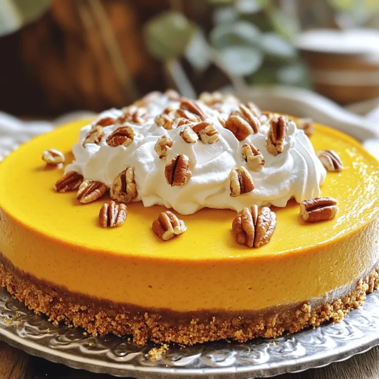 - 1 ½ cups graham cracker crumbs - ½ cup unsalted butter, melted - 2 tablespoons granulated sugar - 3 packages (8 oz each) cream cheese, softened - 1 cup granulated sugar - 1 cup packed brown sugar - 1 can (15 oz) pure pumpkin purée - 3 large eggs, at room temperature - 1 teaspoon pure vanilla extract - 1 teaspoon ground cinnamon - ½ teaspoon ground nutmeg - ½ teaspoon ground ginger - ½ teaspoon salt - 1 cup sour cream (full-fat recommended) - Whipped cream, for topping (optional) - Toasted pecans or walnuts, for garnish (optional) Using high-quality ingredients makes a big difference. I recommend using full-fat sour cream for creaminess. It adds richness and flavor. Always choose pure pumpkin purée, not the spiced type. This ensures your cheesecake has the best taste. When it comes to cream cheese, opt for a brand that contains high fat for a smooth finish. For cream cheese, I like Philadelphia. It provides a nice texture and flavor. For pumpkin purée, Libby's is a top choice. It has a deep, rich taste. As for graham crackers, Honey Maid works well. They have the perfect balance of sweetness and crunch. These brands help create that irresistibly smooth delight you want in a pumpkin cheesecake. To make a graham cracker crust, gather these ingredients: - 1 ½ cups graham cracker crumbs - ½ cup unsalted butter, melted - 2 tablespoons granulated sugar In a medium bowl, mix the graham cracker crumbs, melted butter, and sugar. Stir until the crumbs are fully coated. Press this mixture firmly into the bottom of a 9-inch springform pan. Make sure to create an even layer. Bake the crust in a preheated oven at 350°F for 8-10 minutes or until it turns lightly golden. After baking, remove it from the oven and let it cool completely. Cooling is key because it helps the crust stay firm when you add the filling. For the filling, you will need: - 3 packages (8 oz each) cream cheese, softened - 1 cup granulated sugar - 1 cup packed brown sugar - 1 can (15 oz) pure pumpkin purée - 3 large eggs, at room temperature - 1 teaspoon pure vanilla extract - 1 teaspoon ground cinnamon - ½ teaspoon ground nutmeg - ½ teaspoon ground ginger - ½ teaspoon salt - 1 cup sour cream Start by beating the softened cream cheese in a large bowl with an electric mixer. Mix until smooth and creamy. Gradually add the granulated and brown sugars. Keep mixing until it is well combined and smooth. Next, add the pumpkin purée to the cream cheese mixture. Then, add the eggs one at a time, mixing well after each. Add vanilla, cinnamon, nutmeg, ginger, and salt. Blend until all ingredients are mixed smoothly. Now, gently fold in the sour cream. Do this carefully to keep the filling light and airy. For the baking, set your oven to 325°F. Carefully pour the pumpkin filling into the prepared crust. Smooth the top with a spatula for even baking. Bake it for 60-70 minutes. The edges should be set, but the center can still jiggle slightly. Once baked, turn off the oven and leave the door slightly open. Let the cheesecake cool in the oven for about 1 hour. This helps prevent cracks on the surface. After that, put it in the refrigerator to chill for at least 4 hours. For best results, chill it overnight. This resting time helps the flavors blend and creates a smooth texture. Enjoy making this pumpkin cheesecake! For the complete recipe, you can refer to the Full Recipe section. To get a smooth and creamy cheesecake, start with room temperature ingredients. This helps everything mix well. Cold cream cheese can make lumps, which you want to avoid. Take your cream cheese, eggs, and sour cream out of the fridge ahead of time. Let them sit for about 30 minutes. Next, be careful not to overmix your filling. Once you add the eggs, mix just until combined. Overmixing can introduce air, which may cause cracks in your cheesecake. A smooth batter is key to a perfect texture. You can add more flavor to your pumpkin cheesecake. Try adding a pinch of allspice or cardamom for depth. A splash of maple extract can also bring a warm, sweet note. These small changes can make a big impact. For toppings, consider using whipped cream on top. You can also sprinkle toasted pecans or walnuts for a crunchy finish. Fresh cranberries or a drizzle of caramel can add a fun twist. Get creative with what you have! For the complete recipe, check the Full Recipe section. {{image_4}} To make a gluten-free pumpkin cheesecake, start by swapping the graham cracker crumbs. You can use gluten-free cookies or almond flour instead. These options give a nice flavor and texture. For the crust, mix the new crumbs with melted butter and sugar. Press this mixture into the pan like you would with the regular crust. To keep the cheesecake creamy, use full-fat cream cheese. This helps avoid a dry texture. Remember to avoid overmixing the filling. This keeps the cheesecake smooth and rich. If you need a dairy-free version, try using dairy-free cream cheese. Brands like Tofutti or Kite Hill work well. They offer a nice texture and taste. Replace the sour cream with coconut cream for extra richness. When adjusting the recipe, make sure all your ingredients are dairy-free. Mix everything just like in the full recipe. The same baking times will work for this version, so you can enjoy a creamy, dairy-free delight! To create a pumpkin cheesecake swirl, prepare the filling as usual. Once mixed, take about a cup of the filling and set it aside. Add cocoa powder or melted chocolate to the set-aside filling. This will create a rich chocolate flavor. To make the marbled effect, pour the original filling into the crust first. Then, dollop the chocolate mixture on top in random areas. Use a knife to gently swirl them together. Don’t overdo it; a few swirls create a beautiful pattern. You can also pair this swirl with flavors like caramel or maple for a fun twist! To keep your pumpkin cheesecake fresh, store it in the refrigerator. Place it in an airtight container or cover it tightly with plastic wrap. This will prevent it from absorbing other odors in the fridge. Your cheesecake stays fresh for about 5 to 7 days. If you want to save some for later, freezing is a great option. First, let the cheesecake cool completely. Then, wrap it in plastic wrap. After that, place it in a freezer-safe bag or container. This protects it from freezer burn. You can freeze it for up to 3 months. When you're ready to enjoy it, move the cheesecake to the fridge to thaw overnight. This keeps its smooth texture. After thawing, feel free to add whipped cream or nuts for a lovely presentation. Enjoy your delicious cheesecake, even after freezing! What is the best way to prevent cracks in the cheesecake? To prevent cracks, keep your oven at a steady temperature. You should also bake the cheesecake in a water bath. This keeps moisture in and helps the cheesecake cook evenly. Let it cool slowly. After baking, turn off the oven and leave the cheesecake inside for an hour. This helps it set without cracking. Can I make this cheesecake a day in advance? Yes, you can make this cheesecake a day ahead. In fact, it tastes even better after chilling overnight. It allows all the flavors to mix well. Just cover it tightly with plastic wrap and store it in the fridge. How do I know when the cheesecake is done? The cheesecake is done when the edges look set and the center is slightly jiggly. It will firm up as it cools. Use a toothpick to check—if it comes out clean from the edges, it's ready! What can I use instead of sour cream? If you don’t have sour cream, try Greek yogurt. It gives a similar creamy texture and flavor. You can also use cream cheese mixed with a bit of milk for a good substitute. How long can a pumpkin cheesecake be left out at room temperature? A pumpkin cheesecake can sit out for about two hours. After that, it should go back in the fridge. This keeps it fresh and safe to eat. Can I use fresh pumpkin instead of canned? Yes, you can use fresh pumpkin! Just cook it until soft and puree it. Make sure to drain any excess water. This keeps your cheesecake from getting too watery. For the best results, use about two cups of fresh pumpkin for this recipe. For the full recipe, check out the Heavenly Pumpkin Cheesecake section above! Making the best pumpkin cheesecake starts with a solid recipe. This heavenly pumpkin cheesecake combines the creaminess of cheese with the warmth of pumpkin. The Full Recipe highlights the right mix of flavors. You begin with the crust. The graham cracker crumbs give a nice crunch. The unsalted butter helps bind it together, while sugar adds sweetness. For the filling, you’ll need three packages of softened cream cheese. This is crucial for that smooth texture. You mix in granulated and brown sugar for depth. Pumpkin purée brings a rich, earthy taste. Don't forget the spices! Ground cinnamon, nutmeg, and ginger create that classic fall flavor. Next, you add eggs for stability and vanilla for a hint of sweetness. The sour cream rounds out the filling, making it extra creamy. Baking is key. The oven temperature should be set to 325°F. This slow baking helps prevent cracks. The center should jiggle slightly when done. After baking, cooling the cheesecake slowly in the oven helps keep it smooth. Chill it in the fridge for at least four hours. This waiting time allows the flavors to meld beautifully. When ready to serve, you can top it with whipped cream and nuts. These add texture and visual flair. Enjoy each slice as a special treat! This blog post covered how to make pumpkin cheesecake from scratch. You learned about key ingredients and quality brands for achieving the best taste. We went through a step-by-step process for making the crust and filling, along with tips to ensure the perfect texture. We explored variations for gluten-free and dairy-free options, plus ways to enhance flavor. Lastly, I provided storage tips and answered common questions. Embrace your creativity as you make this cheesecake. It's a fun recipe that can adapt to your taste and dietary needs. Enjoy every bite!