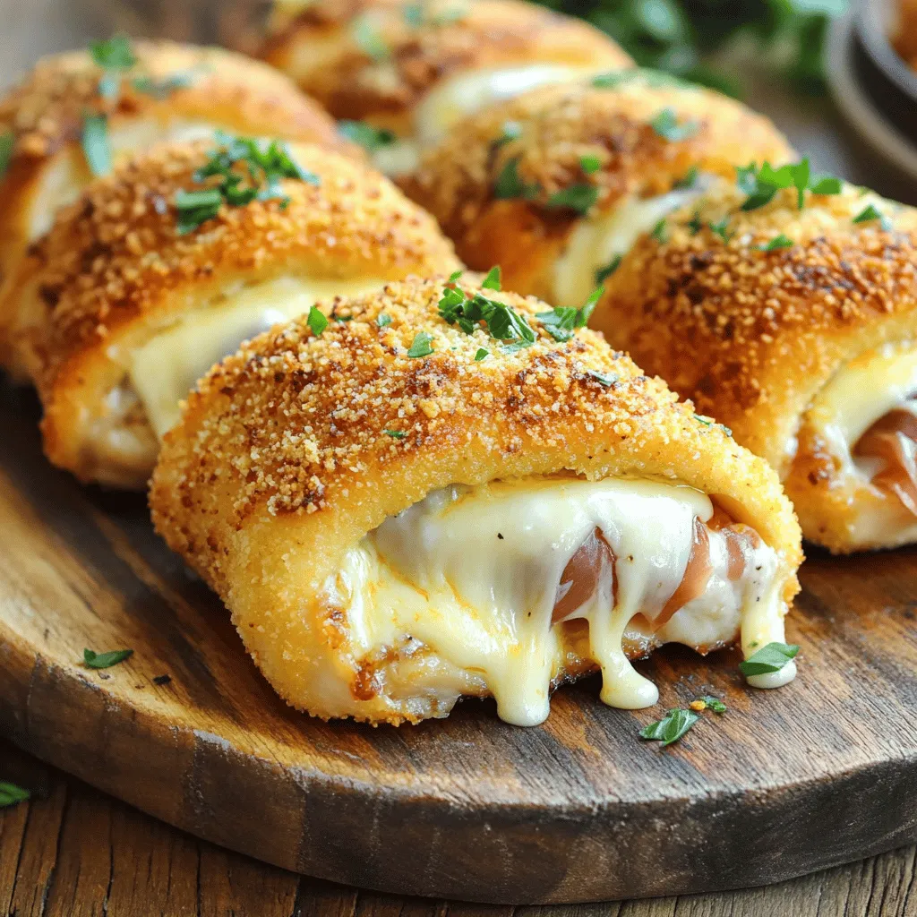 - 4 boneless, skinless chicken breasts - 4 slices of ham (preferably prosciutto for depth of flavor) - 4 slices of Swiss cheese - 1 cup all-purpose flour - 2 large eggs, beaten - 1 cup panko breadcrumbs - 1 teaspoon garlic powder - 1 teaspoon dried thyme - Salt and pepper to taste - ½ cup cream cheese, softened (for a rich, creamy filling) - ¼ cup Dijon mustard (adds a tangy kick) - 2 tablespoons fresh parsley, chopped (for garnish) - Cooking oil (for frying) To boost the taste of your Chicken Cordon Bleu, consider adding: - Smoked paprika for a smoky flavor - Fresh herbs like basil or oregano for an aromatic touch - A splash of white wine to the frying oil for depth The right oil makes a difference in frying. Use these oils for best results: - Canola oil: High smoke point and neutral flavor - Peanut oil: Adds a subtle nutty taste with a high smoke point - Olive oil: Great for a rich flavor, but use with care due to a lower smoke point These choices help you achieve that perfect crispy, golden crust while keeping the inside creamy and delicious. For the full recipe, check out the details above. Start by preheating your oven to 375°F (190°C). Take one chicken breast and place it between two sheets of plastic wrap. Use a meat mallet to gently pound it until it is about ¼ inch thick. This step helps the chicken cook evenly. Repeat this for all the chicken breasts. Make sure they are nice and flat for easy rolling. For each chicken breast, spread 1 tablespoon of softened cream cheese evenly over the top. Next, add 1 tablespoon of Dijon mustard for that tangy flavor. Layer on 1 slice of ham and 1 slice of Swiss cheese. This filling balances the rich and creamy elements of the dish. Set up three shallow dishes. One should hold seasoned flour mixed with garlic powder, thyme, salt, and pepper. The second dish contains beaten eggs. The last dish is filled with panko breadcrumbs. Take each rolled chicken breast. First, dredge it in the seasoned flour, shaking off any extra. Next, dip it in the egg wash, letting the excess drip off. Finally, roll it in the panko breadcrumbs. Make sure each piece is well-coated for that crispy finish. Ready to fry? Heat about ¼ inch of cooking oil in a large skillet over medium-high heat. Once shimmering, place the chicken rolls in the hot oil. Fry them for about 4-5 minutes on each side until they are golden brown and crispy. Avoid overcrowding the pan. You may need to fry in batches. Once fried, transfer the chicken rolls to a baking dish and place them in your preheated oven. Bake for an extra 15-20 minutes. Ensure the internal temperature reaches 165°F (74°C) for safety. After baking, remove any toothpicks from the chicken rolls. Slice each piece diagonally and arrange them on a platter. Sprinkle with chopped parsley for a pop of color. For the full recipe, check out the complete guide! For that ideal crunch, use panko breadcrumbs. They are lighter than regular breadcrumbs. Make sure to coat the chicken well. Dredge it in seasoned flour, then dip into the egg, and finally roll in panko. This method creates a thick, crispy layer. Fry the chicken until golden brown. Fry in batches to keep the oil hot. To keep the filling creamy, use softened cream cheese. Mix it with Dijon mustard for extra flavor. Spread both evenly on the chicken before adding ham and Swiss cheese. This combination keeps the filling rich and moist. Don’t skip this step; it makes all the difference in taste. Fry each chicken roll for about 4-5 minutes per side. This helps achieve a golden crust. Once fried, bake the chicken in the oven for 15-20 minutes. This ensures the chicken cooks through without drying out. Always check the internal temperature; it should reach 165°F (74°C). This way, you secure a juicy and safe meal. For the full recipe, check out the detailed steps to create this dish! {{image_4}} If you want a lighter version of crispy creamy chicken cordon bleu, try swapping out a few ingredients. Use turkey or chicken ham instead of regular ham. This change cuts down on fat and calories while still giving you that savory taste. For cheese, opt for low-fat Swiss or even mozzarella. These options melt well and keep the dish creamy. Instead of cream cheese, choose Greek yogurt for a tangy twist. It adds creaminess but with fewer calories. While Swiss cheese is classic, you can experiment with other cheeses. Try provolone for a sharper taste. It melts beautifully and adds a nice zing. Gouda gives a rich, nutty flavor, which is excellent for a unique twist. If you enjoy blue cheese, add a little for a bold kick. Just remember, different cheeses can change the dish’s overall flavor. Mix and match to find your favorite! Get creative with your stuffing! Instead of ham and Swiss, try chicken or spinach for a veggie-packed version. Adding roasted red peppers gives a sweet and smoky flavor. You can also use sun-dried tomatoes for a Mediterranean flair. If you want a spicy kick, add jalapeños or pepper jack cheese. This flexibility allows you to tailor the dish to your tastes. The full recipe can guide you through these variations while keeping the dish delicious. To keep your chicken cordon bleu fresh, store leftovers in an airtight container. Let the chicken cool down first. Place parchment paper between layers to avoid sogginess. Your leftovers will stay tasty for up to three days in the fridge. You can freeze both uncooked and cooked chicken cordon bleu. For uncooked rolls, wrap each one tightly in plastic wrap, then place them in a freezer bag. This way, they won’t stick together. You can freeze them for up to three months. For cooked rolls, let them cool, then wrap and freeze them. They will keep well for about two months. To reheat your chicken cordon bleu and keep it crispy, use the oven. Preheat the oven to 375°F (190°C). Place the chicken on a baking sheet and heat for about 15-20 minutes. This method helps keep the coating crunchy. Avoid the microwave, as it can make the chicken soggy. For extra crunch, you can also briefly pan-fry them again in a bit of oil. To keep your chicken juicy, pound it evenly. This helps it cook at the same rate. Use a meat thermometer to check the temperature. Chicken should reach 165°F to be safe and tender. Also, don’t overcook it. Frying and then baking helps seal in moisture. Yes, you can prepare Chicken Cordon Bleu ahead of time. Assemble the rolls and coat them, then place them in the fridge for a few hours. You can also freeze them. Just remember to thaw before frying or baking. This saves time on busy days. Many sides go well with Chicken Cordon Bleu. Here are some tasty options: - Mixed greens salad - Roasted vegetables - Garlic mashed potatoes - Steamed asparagus - Rice pilaf These sides complement the rich flavors of the chicken. They also add color and texture to your plate. For the full recipe, check out the [Full Recipe]. You can make Crispy Creamy Chicken Cordon Bleu easy and fun. Start with the right ingredients, like chicken breasts and tasty cheese. Follow the simple steps for a delicious meal. Remember the tips for crispiness and creaminess. Try different flavors and store leftovers properly. Your cooking can impress family and friends. Enjoy your cooking journey with this classic dish!