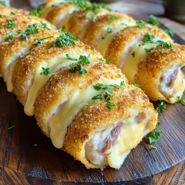 - 4 boneless, skinless chicken breasts - 4 slices of ham (preferably prosciutto for depth of flavor) - 4 slices of Swiss cheese - 1 cup all-purpose flour - 2 large eggs, beaten - 1 cup panko breadcrumbs - 1 teaspoon garlic powder - 1 teaspoon dried thyme - Salt and pepper to taste - ½ cup cream cheese, softened (for a rich, creamy filling) - ¼ cup Dijon mustard (adds a tangy kick) - 2 tablespoons fresh parsley, chopped (for garnish) - Cooking oil (for frying) To boost the taste of your Chicken Cordon Bleu, consider adding: - Smoked paprika for a smoky flavor - Fresh herbs like basil or oregano for an aromatic touch - A splash of white wine to the frying oil for depth The right oil makes a difference in frying. Use these oils for best results: - Canola oil: High smoke point and neutral flavor - Peanut oil: Adds a subtle nutty taste with a high smoke point - Olive oil: Great for a rich flavor, but use with care due to a lower smoke point These choices help you achieve that perfect crispy, golden crust while keeping the inside creamy and delicious. For the full recipe, check out the details above. Start by preheating your oven to 375°F (190°C). Take one chicken breast and place it between two sheets of plastic wrap. Use a meat mallet to gently pound it until it is about ¼ inch thick. This step helps the chicken cook evenly. Repeat this for all the chicken breasts. Make sure they are nice and flat for easy rolling. For each chicken breast, spread 1 tablespoon of softened cream cheese evenly over the top. Next, add 1 tablespoon of Dijon mustard for that tangy flavor. Layer on 1 slice of ham and 1 slice of Swiss cheese. This filling balances the rich and creamy elements of the dish. Set up three shallow dishes. One should hold seasoned flour mixed with garlic powder, thyme, salt, and pepper. The second dish contains beaten eggs. The last dish is filled with panko breadcrumbs. Take each rolled chicken breast. First, dredge it in the seasoned flour, shaking off any extra. Next, dip it in the egg wash, letting the excess drip off. Finally, roll it in the panko breadcrumbs. Make sure each piece is well-coated for that crispy finish. Ready to fry? Heat about ¼ inch of cooking oil in a large skillet over medium-high heat. Once shimmering, place the chicken rolls in the hot oil. Fry them for about 4-5 minutes on each side until they are golden brown and crispy. Avoid overcrowding the pan. You may need to fry in batches. Once fried, transfer the chicken rolls to a baking dish and place them in your preheated oven. Bake for an extra 15-20 minutes. Ensure the internal temperature reaches 165°F (74°C) for safety. After baking, remove any toothpicks from the chicken rolls. Slice each piece diagonally and arrange them on a platter. Sprinkle with chopped parsley for a pop of color. For the full recipe, check out the complete guide! For that ideal crunch, use panko breadcrumbs. They are lighter than regular breadcrumbs. Make sure to coat the chicken well. Dredge it in seasoned flour, then dip into the egg, and finally roll in panko. This method creates a thick, crispy layer. Fry the chicken until golden brown. Fry in batches to keep the oil hot. To keep the filling creamy, use softened cream cheese. Mix it with Dijon mustard for extra flavor. Spread both evenly on the chicken before adding ham and Swiss cheese. This combination keeps the filling rich and moist. Don’t skip this step; it makes all the difference in taste. Fry each chicken roll for about 4-5 minutes per side. This helps achieve a golden crust. Once fried, bake the chicken in the oven for 15-20 minutes. This ensures the chicken cooks through without drying out. Always check the internal temperature; it should reach 165°F (74°C). This way, you secure a juicy and safe meal. For the full recipe, check out the detailed steps to create this dish! {{image_4}} If you want a lighter version of crispy creamy chicken cordon bleu, try swapping out a few ingredients. Use turkey or chicken ham instead of regular ham. This change cuts down on fat and calories while still giving you that savory taste. For cheese, opt for low-fat Swiss or even mozzarella. These options melt well and keep the dish creamy. Instead of cream cheese, choose Greek yogurt for a tangy twist. It adds creaminess but with fewer calories. While Swiss cheese is classic, you can experiment with other cheeses. Try provolone for a sharper taste. It melts beautifully and adds a nice zing. Gouda gives a rich, nutty flavor, which is excellent for a unique twist. If you enjoy blue cheese, add a little for a bold kick. Just remember, different cheeses can change the dish’s overall flavor. Mix and match to find your favorite! Get creative with your stuffing! Instead of ham and Swiss, try chicken or spinach for a veggie-packed version. Adding roasted red peppers gives a sweet and smoky flavor. You can also use sun-dried tomatoes for a Mediterranean flair. If you want a spicy kick, add jalapeños or pepper jack cheese. This flexibility allows you to tailor the dish to your tastes. The full recipe can guide you through these variations while keeping the dish delicious. To keep your chicken cordon bleu fresh, store leftovers in an airtight container. Let the chicken cool down first. Place parchment paper between layers to avoid sogginess. Your leftovers will stay tasty for up to three days in the fridge. You can freeze both uncooked and cooked chicken cordon bleu. For uncooked rolls, wrap each one tightly in plastic wrap, then place them in a freezer bag. This way, they won’t stick together. You can freeze them for up to three months. For cooked rolls, let them cool, then wrap and freeze them. They will keep well for about two months. To reheat your chicken cordon bleu and keep it crispy, use the oven. Preheat the oven to 375°F (190°C). Place the chicken on a baking sheet and heat for about 15-20 minutes. This method helps keep the coating crunchy. Avoid the microwave, as it can make the chicken soggy. For extra crunch, you can also briefly pan-fry them again in a bit of oil. To keep your chicken juicy, pound it evenly. This helps it cook at the same rate. Use a meat thermometer to check the temperature. Chicken should reach 165°F to be safe and tender. Also, don’t overcook it. Frying and then baking helps seal in moisture. Yes, you can prepare Chicken Cordon Bleu ahead of time. Assemble the rolls and coat them, then place them in the fridge for a few hours. You can also freeze them. Just remember to thaw before frying or baking. This saves time on busy days. Many sides go well with Chicken Cordon Bleu. Here are some tasty options: - Mixed greens salad - Roasted vegetables - Garlic mashed potatoes - Steamed asparagus - Rice pilaf These sides complement the rich flavors of the chicken. They also add color and texture to your plate. For the full recipe, check out the [Full Recipe]. You can make Crispy Creamy Chicken Cordon Bleu easy and fun. Start with the right ingredients, like chicken breasts and tasty cheese. Follow the simple steps for a delicious meal. Remember the tips for crispiness and creaminess. Try different flavors and store leftovers properly. Your cooking can impress family and friends. Enjoy your cooking journey with this classic dish!