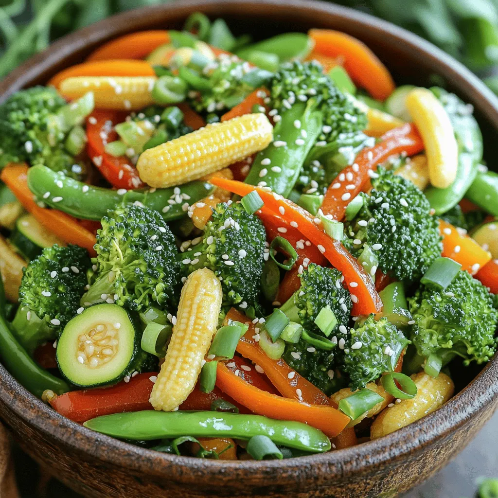 To make a tasty veggie stir-fry, gather these simple ingredients: - 1 cup fresh broccoli florets - 1 bell pepper (your choice of color), sliced into strips - 1 medium carrot, cut into thin julienne strips - 1 cup snap peas, trimmed - 1 medium zucchini, sliced into half-moons - 1 cup baby corn, halved - 2 tablespoons olive oil - 3 cloves garlic, finely minced - 1 tablespoon fresh ginger, grated - 2 tablespoons low-sodium soy sauce - 1 tablespoon sesame oil - Salt and freshly ground black pepper, to taste For an extra touch, you can add these garnishes: - 2 green onions, sliced thinly - Sesame seeds Here’s what you’ll need to cook this meal: - A large skillet or wok - A sharp knife - A cutting board - Measuring spoons - A spatula or wooden spoon These tools help you create a vibrant dish. You will love how easy it is to make this stir-fry with the Full Recipe. Start by washing all the vegetables. I like to use a colander for this task. After washing, cut each vegetable as listed in the ingredients. For even cooking, make sure all pieces are similar in size. Chop the broccoli into florets, slice the bell pepper, and julienne the carrot. Trim the snap peas and slice the zucchini into half-moons. Halve the baby corn, and you are ready to go! Heat two tablespoons of olive oil in a large skillet or wok over medium-high heat. Wait until the oil shimmers, then add minced garlic and grated ginger. Stir-fry these for about 30 seconds. This step builds flavor! Next, add the broccoli and julienned carrots. Cook them for about 2-3 minutes. This softens them while keeping a bit of crunch. After that, toss in the sliced bell pepper, snap peas, zucchini, and baby corn. Stir-fry for another 4-5 minutes. The goal is to keep the vegetables bright and crunchy. Once the vegetables are cooked to your liking, drizzle in soy sauce and sesame oil. Mix well so every piece gets coated. Season with salt and black pepper to taste. Remove the skillet from heat and add sliced green onions for freshness. Gently stir them in. Now, it's time to serve! Transfer your vibrant stir-fry to plates. For a nice touch, sprinkle sesame seeds on top. This adds a nutty flavor and a bit of crunch. For a complete meal, serve the stir-fry in a colorful bowl alongside steamed rice or noodles. Enjoy your tasty, healthy dish! For the complete recipe, check the Full Recipe section. Select fresh veggies for your stir-fry. Look for bright colors and firm textures. Choose broccoli with tight florets. Pick bell peppers that are shiny and smooth. Carrots should feel hard and crisp. Snap peas should be bright green and snap easily. Zucchini should be firm and free of blemishes. Fresh veggies give better taste and texture. To keep your veggies crisp, cook them over high heat. Use a large skillet or wok to allow space for even cooking. Cut veggies into uniform sizes for equal cooking. Avoid overcrowding the pan; cook in batches if needed. Stir them quickly and don’t let them sit too long. This way, they stay vibrant and crunchy. Season your stir-fry at the right time. Add soy sauce and sesame oil near the end of cooking. This adds flavor without making veggies soggy. Taste as you go, adjusting salt and pepper to your liking. A sprinkle of sesame seeds adds nice flavor and crunch. For a twist, try adding chili flakes or fresh herbs. Check out the Full Recipe for more ideas! {{image_4}} You can easily add protein to your veggie stir-fry. Popular choices are chicken, shrimp, or tofu. If you pick chicken or shrimp, slice them thinly for quick cooking. Marinate them lightly with soy sauce for extra flavor. For tofu, press it to remove water, then cut it into cubes. Cook it until golden before adding the veggies. This way, you get a hearty meal packed with nutrients. If you want a gluten-free dish, use tamari instead of soy sauce. Tamari has a similar taste but is safe for gluten-free diets. You can also swap out soy sauce for coconut aminos. It adds a sweet, savory touch. Make sure to check all labels when buying sauces or pre-made ingredients. These small changes help keep your meal healthy and gluten-free. To boost flavor, think about adding a splash of rice vinegar or lime juice. These ingredients brighten the dish and add zing. You can also toss in some red pepper flakes for heat. Fresh herbs like basil or cilantro can give it a fresh twist. Consider adding a sprinkle of crushed peanuts for crunch. These tweaks take your stir-fry from good to great! For more details on how to create this stir-fry, check out the full recipe. After enjoying your veggie stir-fry, cool it down quickly. Place the leftovers in an airtight container. This keeps the flavors fresh and prevents spoilage. Store it in the fridge for up to three days. For best taste, eat it within this time. To reheat your stir-fry, use a skillet over medium heat. Add a splash of water or oil to keep the veggies moist. Stir frequently until warm. You can also use a microwave. Heat in short bursts, stirring in between, until hot. This helps maintain the crunch. You can freeze your veggie stir-fry for later. Let it cool completely, then transfer it to freezer-safe bags. Remove as much air as you can before sealing. It can stay fresh for up to three months. When ready to eat, thaw in the fridge overnight. Reheat as described above. For a detailed guide on making this dish, check the Full Recipe. Yes, you can use frozen vegetables for stir-fry. They are easy to find and save time. Frozen veggies are often picked at peak ripeness. This keeps their flavor and nutrients. Just remember to thaw them first. Drain any excess water to avoid sogginess. Stir-fry goes well with many side dishes. Here are a few great options: - Steamed white or brown rice - Noodles, like soba or rice noodles - Quinoa for a protein boost - A simple side salad for freshness - Spring rolls for a crunchy bite These side dishes balance the meal and add variety. You can easily spice up your stir-fry. Here are some ideas: - Add sliced fresh chili peppers, like jalapeños. - Use chili paste or sauce for heat. - Sprinkle red pepper flakes before serving. - Include a dash of hot sauce while cooking. Adjust the spice to your taste. Enjoy the heat! For the full recipe, check the details above. This blog post covered everything you need for a great stir-fry. We discussed essential ingredients, from required items to optional garnishes and necessary equipment. You learned step-by-step instructions, tips for crispiness, and ways to choose the best vegetables. We explored variations, storage tips, and answered common questions. In closing, a stir-fry is flexible and fun. Use what you have and make it your own! Enjoy each bite.