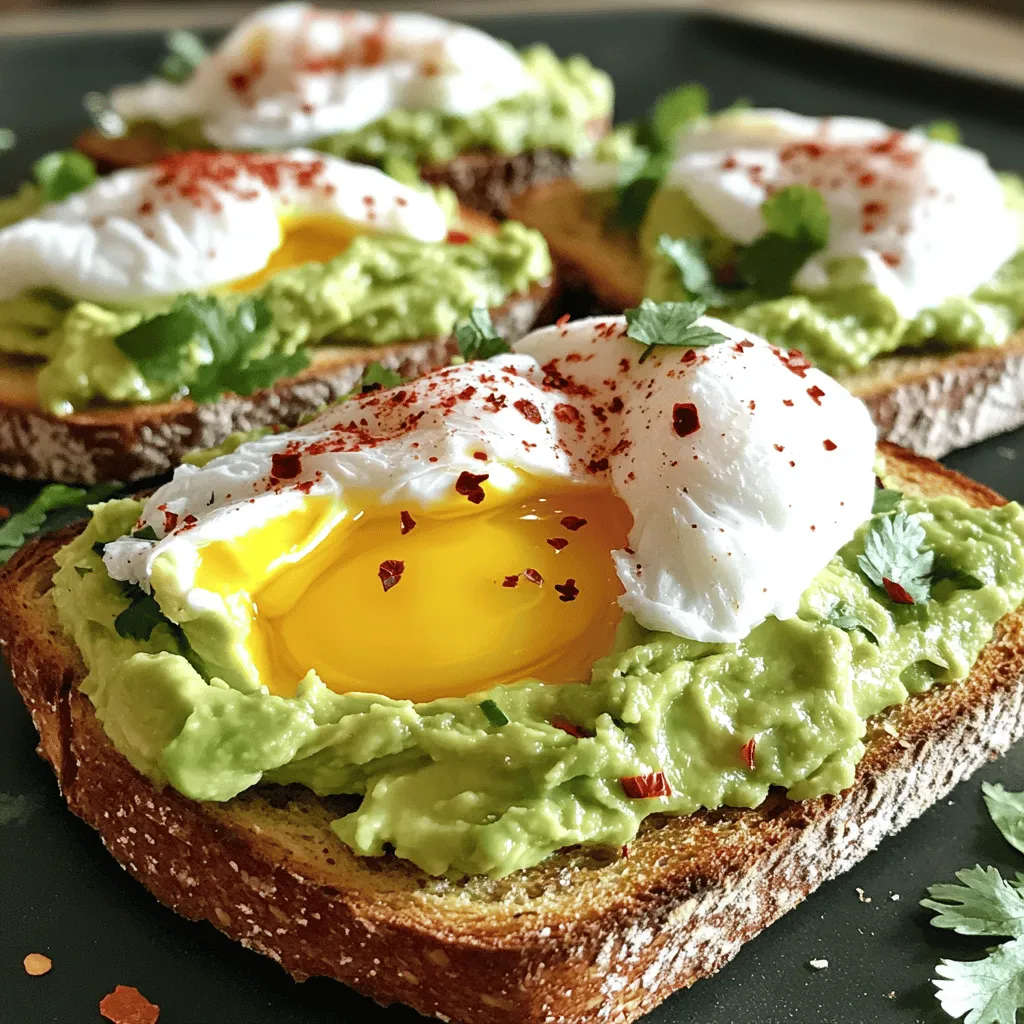 - 2 ripe avocados - 4 slices of whole-grain bread - 4 large eggs - 1 tablespoon white vinegar - Salt and pepper to taste - 1 teaspoon red pepper flakes (optional) - 1 tablespoon lemon juice - Fresh herbs (such as cilantro or parsley) for garnish When making avocado toast with poached egg, it is key to know your portions. This recipe serves four, so each person gets one slice of toast. Here’s how to adjust for larger groups: - For eight servings, double the ingredients. - For smaller groups, cut the recipe in half, using one avocado and two eggs. You can swap out whole-grain bread for any bread you like. Try sourdough or gluten-free bread for a different taste. If you want a vegan option, replace the eggs with cooked chickpeas or tofu. This keeps the dish healthy and tasty while meeting your diet needs. Toasting your bread is key to a great avocado toast. I prefer whole-grain bread for its nutty flavor and texture. You can toast it in a toaster or on a skillet over medium heat. If using a skillet, flip the bread halfway to ensure even toasting. Once toasted, let the bread sit on a wire rack. This helps keep it crisp. If you stack the toast right away, it may get soggy. The crunchiness of the bread makes each bite delightful. While your bread toasts, it’s time to prepare the avocados. First, cut them in half and remove the pits. Use a spoon to scoop the green flesh into a bowl. To mash the avocado, add a splash of lemon juice, plus a pinch of salt and pepper. Use a fork to mash it all together. I like to keep some chunks for extra texture. If you want more flavor, try adding garlic powder or diced tomatoes. These little tweaks elevate the taste. Now let’s move on to poaching the eggs. Start by filling a medium pot with about 3 inches of water. Bring it to a gentle simmer on medium heat. Add one tablespoon of white vinegar; this helps the egg whites firm up. Crack each egg into a small bowl. With a spoon, stir the water to create a whirlpool. Gently slide an egg into the center. Repeat this for the other eggs, but don’t overcrowd the pot. Let the eggs cook for 3-4 minutes. You want the whites set and the yolks runny. When they’re done, use a slotted spoon to lift each egg out. Let any water drain before placing them on a paper towel. This step is important to keep your toast from getting soggy. For the full recipe, check out the detailed instructions provided above. To make a perfect poached egg, timing is key. Cook each egg for about 3-4 minutes. This way, the whites set while the yolk stays runny. Use a timer to keep track. For tools, a slotted spoon helps lift the eggs easily. A small bowl lets you crack the eggs without mess. To avoid mistakes, add vinegar to the water. This helps the egg whites firm up. For a tasty boost, try adding seasonings. A pinch of salt and pepper is a must. Red pepper flakes add a nice kick. You can also mix in fresh herbs like cilantro or parsley. Want a nutritional boost? Add sliced tomatoes or spinach. These ingredients provide more vitamins and minerals. If you prefer a creamier texture, consider adding Greek yogurt or a drizzle of olive oil. Serve your avocado toast on a colorful platter. This adds visual appeal. Use a wooden board for a rustic look. Drizzle a bit of olive oil on top for richness. For plating, stack the toast high with the poached egg. Garnish with fresh herbs for a pop of color. You can also add lime wedges on the side for a zesty touch. This makes your dish look mouth-watering and inviting. For the full recipe, check out the details above. {{image_4}} You can make your avocado toast even better by adding toppings. Here are some popular choices: - Smoked salmon - Crispy bacon - Crumbled feta cheese Adding vegetables can also bring more crunch and flavor. Try: - Sliced radishes - Cherry tomatoes - Spinach or arugula These toppings not only taste great but also make your meal more colorful. Switching up the bread can change the whole dish. Here are some ideas: - Sourdough for a tangy flavor - Rye bread for a hearty bite - Gluten-free bread for those with dietary needs Each type of bread adds a unique twist to your avocado toast. You can create exciting flavors with different spices and herbs. For a spicy kick, try: - Sriracha for heat - Harissa for a North African flair Fresh herbs can also change the taste. Consider using: - Cilantro for a bright flavor - Basil for an Italian twist These simple changes can make your avocado toast a new experience every time. For the full recipe, check out the link above. To keep your avocado toast fresh, store it right. First, separate the poached eggs from the bread. Place the toast and mashed avocado in airtight containers. This method helps keep them from getting soggy. For the poached eggs, put them in a bowl with a damp paper towel. Cover the bowl tightly. This keeps them moist and safe. You can reheat the bread in a toaster for a quick fix. If you want it warm but not hard, use the oven. Set it at a low temperature and check often. For poached eggs, gently place them in hot water for a minute. This warms them without cooking further. Always check the eggs so they stay runny. To stop your mashed avocado from browning, use lemon juice. The acid helps keep it bright green. Store any leftover avocado in an airtight container. Press plastic wrap against the surface to limit air exposure. You can also add a thin layer of water on top. This will help keep it fresh for a day or two. To make a perfect poached egg, you need water at the right temperature. Bring a pot of water to a gentle simmer, about 180°F to 190°F. Add one tablespoon of white vinegar to help the egg whites stay together. Crack an egg into a small bowl. Stir the water to create a whirlpool. Gently slide the egg into the center. Cook for 3-4 minutes. The whites should be set and the yolk runny. Use a slotted spoon to lift the egg out, draining any excess water. Yes, you can meal prep avocado toast! Prepare the avocado mixture ahead of time. Mash the ripe avocados and mix in lemon juice, salt, and pepper. Store this in an airtight container. Toast the bread just before serving for the best texture. You can also pre-poach eggs. Store them in cold water in the fridge. When ready to eat, reheat the eggs in hot water for a few minutes. Avocados are rich in healthy fats, vitamins, and fiber. They help improve heart health and lower cholesterol. Eggs provide high-quality protein and essential nutrients like vitamin D and choline. Together, they make a balanced meal. This combination can help keep you full and satisfied. To make this recipe vegan, skip the eggs and use a plant-based alternative. You can use silken tofu, mashed chickpeas, or a mixture of nutritional yeast and lemon juice for creaminess. Replace whole-grain bread with a vegan option. You can also add toppings like sliced tomatoes, radish, or sprouts to enhance flavor and nutrition. For the full recipe, check the full recipe section. This article covers making delicious avocado toast with poached eggs. You learned about the ingredients, measurements, and swaps. We discussed toasting bread, mashing avocados, and perfecting poached eggs. I shared tips for flavor and presentation, along with storage advice and meal prep options. Avocado toast is versatile and tasty. It is easy to customize with different toppings. Enjoy experimenting with flavors and variations!
