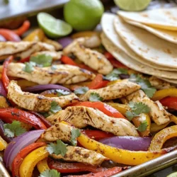 - 1 lb chicken breast, cut into thin strips - 1 red bell pepper, sliced - 1 yellow bell pepper, sliced - 1 red onion, sliced - 3 cloves garlic, finely minced - 2 tablespoons extra virgin olive oil - 1 tablespoon chili powder - 1 teaspoon ground cumin - 1 teaspoon paprika - 1 teaspoon smoked paprika - Salt and pepper, to taste - 8 small flour or corn tortillas - Fresh cilantro, chopped (for garnish) - Lime wedges (for serving) For this recipe, I love using fresh and colorful ingredients. The chicken breast gives a juicy base. The bell peppers and onion add a sweet crunch. Garlic brings a lovely aroma that makes the dish pop. The seasonings are key. Chili powder gives a warm kick. Cumin adds a rich, earthy taste. Paprika and smoked paprika add depth and a bit of smokiness. Always adjust salt and pepper to your liking. Lastly, I recommend small tortillas. They wrap perfectly around the filling. Fresh cilantro adds a bright touch, and lime wedges give a zesty finish. For the full recipe, check out Sizzling Sheet Pan Fajitas. Enjoy cooking! - Preheat your oven to 400°F (200°C). This helps the fajitas cook well. - In a large mixing bowl, combine the chicken, red and yellow bell peppers, red onion, and minced garlic. Stir gently so all the pieces mix well. - In a small bowl, whisk together olive oil, chili powder, ground cumin, paprika, smoked paprika, and a pinch of salt and pepper. - Drizzle this spice mix over the chicken and veggies. Use your hands or a spatula to toss everything. Make sure they are all coated nicely. - Spread the seasoned chicken and veggies on a large sheet pan in one even layer. This helps them roast instead of steaming. - Place the pan in the oven and bake for 20-25 minutes. Check the chicken's temperature; it should reach 165°F (75°C). The veggies will be tender and look roasted. For great fajitas, spread the chicken and veggies in one even layer on the sheet pan. This helps them roast perfectly. If they overlap, they will steam instead. Always check the internal temperature of the chicken. It should reach 165°F (75°C) to ensure it's safe to eat. Warm your tortillas for the best taste and texture. Heat them in a skillet for 30 seconds on each side. This makes them soft and easy to fold. For garnishing, sprinkle fresh cilantro on top and serve with lime wedges for a zesty finish. Arrange the fajitas on a large platter. Use colorful garnishes and lime wedges around the edges. This makes the dish look inviting. For a fun twist, let guests build their own fajitas. It adds an interactive element to your meal. {{image_4}} You can easily switch up the main protein in your fajitas. Swap chicken for beef or shrimp. Both options add their own flavors and textures. You might also want to add more veggies. Zucchini and mushrooms are great choices. They soak up the spices and add color to your dish. Don't be afraid to experiment with spices and marinades. Try adding cumin, garlic powder, or even lime juice for a fresh twist. You can also use different types of tortillas. Flour wraps are soft, while corn tortillas add a nice crunch. Choose what you love best! If you're looking for gluten-free options, there are many tortillas available. They taste great and fit any diet. For a vegetarian version, use beans or tofu instead of meat. Both options are filling and delicious! With these variations, you can create a meal that fits your taste. You can find the Full Recipe above for more details. To store your fajita leftovers, let them cool first. Place the fajitas in an airtight container. They can stay fresh in the fridge for up to three days. When reheating, use a skillet over medium heat. Add a splash of water to keep them moist. Cover the skillet to trap steam and heat evenly. You can also repurpose leftovers in a salad or quesadilla for a tasty twist. Yes, you can freeze fajitas! To freeze, place the cooled fajita mix in a freezer bag. Squeeze out all the air and seal tightly. They will keep for up to three months. To thaw, place the bag in the fridge overnight before reheating. This keeps the flavor and texture just right. To make fajitas on a stovetop, heat a large skillet over medium-high heat. Add olive oil and let it warm. Next, add your sliced chicken, peppers, and onions. Cook for about 10-15 minutes, stirring often. Make sure the chicken is browned and the veggies are tender. Season with spices like chili powder and cumin, just like in the oven method. Yes, you can! Fajitas are very flexible. You can use beef, shrimp, or even tofu. Each protein adds a unique flavor and texture. Just adjust the cooking time to ensure everything cooks well. Chicken is popular, but don’t be afraid to try something new. Sheet Pan Fajitas go great with various sides. Here are some ideas: - Spanish rice - Refried beans - Guacamole - Salsa - Corn on the cob These sides add flavor and make your meal more filling. To check if the chicken is fully cooked, use a meat thermometer. The internal temperature should be 165°F (75°C). If you don’t have a thermometer, cut a piece of chicken in half. The meat should be white, not pink. Make sure it looks juicy but not raw. Yes, Sheet Pan Fajitas can be healthy! They are loaded with veggies and lean protein. You can control the oil and spices you use. If you choose whole grain tortillas, that adds more fiber. This recipe can fit well into a balanced diet. To adjust the spiciness, change the amount of chili powder. If you like it milder, use less. You can add sweet peppers to balance the heat. To make it spicier, add jalapeños or hot sauce. Taste as you go to find your perfect level. This article covered how to make delicious Sheet Pan Fajitas. We discussed the key ingredients, like chicken and peppers, and the simple steps to prepare them. I shared tips for cooking and serving, along with fun variations and storage advice. You can swap proteins, try new flavors, or even make vegetarian options. Fajitas are great for gatherings. I hope you feel excited to create your own tasty fajitas at home! Enjoy every bite.