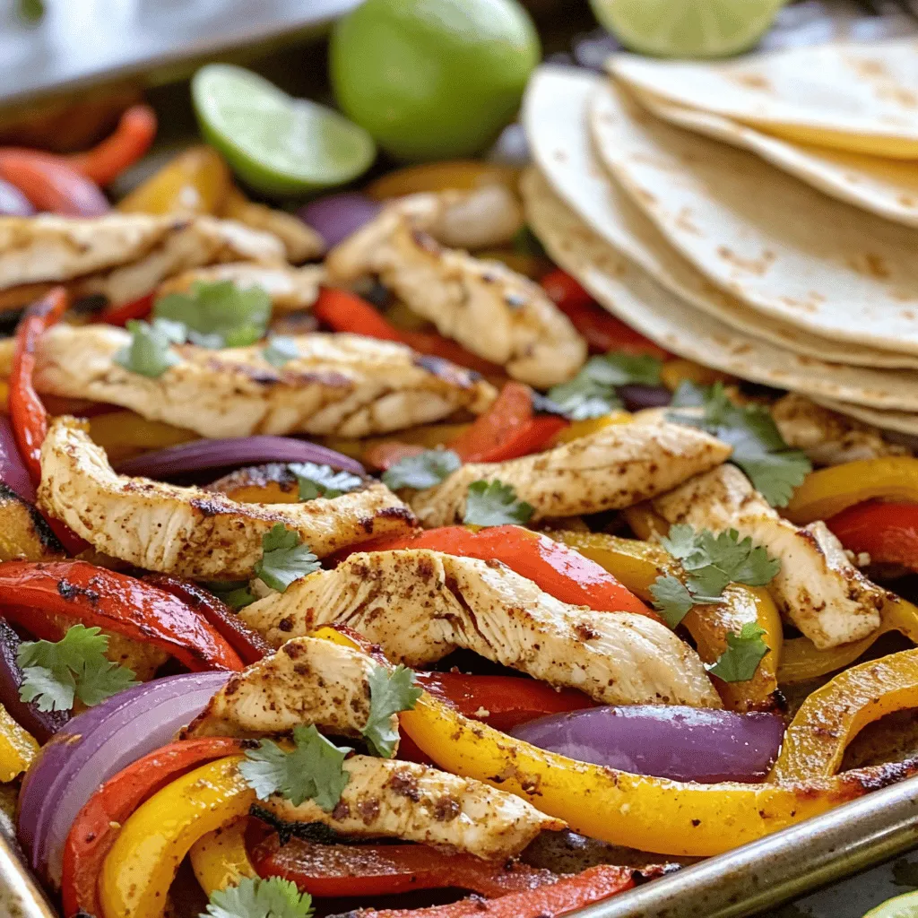 - 1 lb chicken breast, cut into thin strips - 1 red bell pepper, sliced - 1 yellow bell pepper, sliced - 1 red onion, sliced - 3 cloves garlic, finely minced - 2 tablespoons extra virgin olive oil - 1 tablespoon chili powder - 1 teaspoon ground cumin - 1 teaspoon paprika - 1 teaspoon smoked paprika - Salt and pepper, to taste - 8 small flour or corn tortillas - Fresh cilantro, chopped (for garnish) - Lime wedges (for serving) For this recipe, I love using fresh and colorful ingredients. The chicken breast gives a juicy base. The bell peppers and onion add a sweet crunch. Garlic brings a lovely aroma that makes the dish pop. The seasonings are key. Chili powder gives a warm kick. Cumin adds a rich, earthy taste. Paprika and smoked paprika add depth and a bit of smokiness. Always adjust salt and pepper to your liking. Lastly, I recommend small tortillas. They wrap perfectly around the filling. Fresh cilantro adds a bright touch, and lime wedges give a zesty finish. For the full recipe, check out Sizzling Sheet Pan Fajitas. Enjoy cooking! - Preheat your oven to 400°F (200°C). This helps the fajitas cook well. - In a large mixing bowl, combine the chicken, red and yellow bell peppers, red onion, and minced garlic. Stir gently so all the pieces mix well. - In a small bowl, whisk together olive oil, chili powder, ground cumin, paprika, smoked paprika, and a pinch of salt and pepper. - Drizzle this spice mix over the chicken and veggies. Use your hands or a spatula to toss everything. Make sure they are all coated nicely. - Spread the seasoned chicken and veggies on a large sheet pan in one even layer. This helps them roast instead of steaming. - Place the pan in the oven and bake for 20-25 minutes. Check the chicken's temperature; it should reach 165°F (75°C). The veggies will be tender and look roasted. For great fajitas, spread the chicken and veggies in one even layer on the sheet pan. This helps them roast perfectly. If they overlap, they will steam instead. Always check the internal temperature of the chicken. It should reach 165°F (75°C) to ensure it's safe to eat. Warm your tortillas for the best taste and texture. Heat them in a skillet for 30 seconds on each side. This makes them soft and easy to fold. For garnishing, sprinkle fresh cilantro on top and serve with lime wedges for a zesty finish. Arrange the fajitas on a large platter. Use colorful garnishes and lime wedges around the edges. This makes the dish look inviting. For a fun twist, let guests build their own fajitas. It adds an interactive element to your meal. {{image_4}} You can easily switch up the main protein in your fajitas. Swap chicken for beef or shrimp. Both options add their own flavors and textures. You might also want to add more veggies. Zucchini and mushrooms are great choices. They soak up the spices and add color to your dish. Don't be afraid to experiment with spices and marinades. Try adding cumin, garlic powder, or even lime juice for a fresh twist. You can also use different types of tortillas. Flour wraps are soft, while corn tortillas add a nice crunch. Choose what you love best! If you're looking for gluten-free options, there are many tortillas available. They taste great and fit any diet. For a vegetarian version, use beans or tofu instead of meat. Both options are filling and delicious! With these variations, you can create a meal that fits your taste. You can find the Full Recipe above for more details. To store your fajita leftovers, let them cool first. Place the fajitas in an airtight container. They can stay fresh in the fridge for up to three days. When reheating, use a skillet over medium heat. Add a splash of water to keep them moist. Cover the skillet to trap steam and heat evenly. You can also repurpose leftovers in a salad or quesadilla for a tasty twist. Yes, you can freeze fajitas! To freeze, place the cooled fajita mix in a freezer bag. Squeeze out all the air and seal tightly. They will keep for up to three months. To thaw, place the bag in the fridge overnight before reheating. This keeps the flavor and texture just right. To make fajitas on a stovetop, heat a large skillet over medium-high heat. Add olive oil and let it warm. Next, add your sliced chicken, peppers, and onions. Cook for about 10-15 minutes, stirring often. Make sure the chicken is browned and the veggies are tender. Season with spices like chili powder and cumin, just like in the oven method. Yes, you can! Fajitas are very flexible. You can use beef, shrimp, or even tofu. Each protein adds a unique flavor and texture. Just adjust the cooking time to ensure everything cooks well. Chicken is popular, but don’t be afraid to try something new. Sheet Pan Fajitas go great with various sides. Here are some ideas: - Spanish rice - Refried beans - Guacamole - Salsa - Corn on the cob These sides add flavor and make your meal more filling. To check if the chicken is fully cooked, use a meat thermometer. The internal temperature should be 165°F (75°C). If you don’t have a thermometer, cut a piece of chicken in half. The meat should be white, not pink. Make sure it looks juicy but not raw. Yes, Sheet Pan Fajitas can be healthy! They are loaded with veggies and lean protein. You can control the oil and spices you use. If you choose whole grain tortillas, that adds more fiber. This recipe can fit well into a balanced diet. To adjust the spiciness, change the amount of chili powder. If you like it milder, use less. You can add sweet peppers to balance the heat. To make it spicier, add jalapeños or hot sauce. Taste as you go to find your perfect level. This article covered how to make delicious Sheet Pan Fajitas. We discussed the key ingredients, like chicken and peppers, and the simple steps to prepare them. I shared tips for cooking and serving, along with fun variations and storage advice. You can swap proteins, try new flavors, or even make vegetarian options. Fajitas are great for gatherings. I hope you feel excited to create your own tasty fajitas at home! Enjoy every bite.