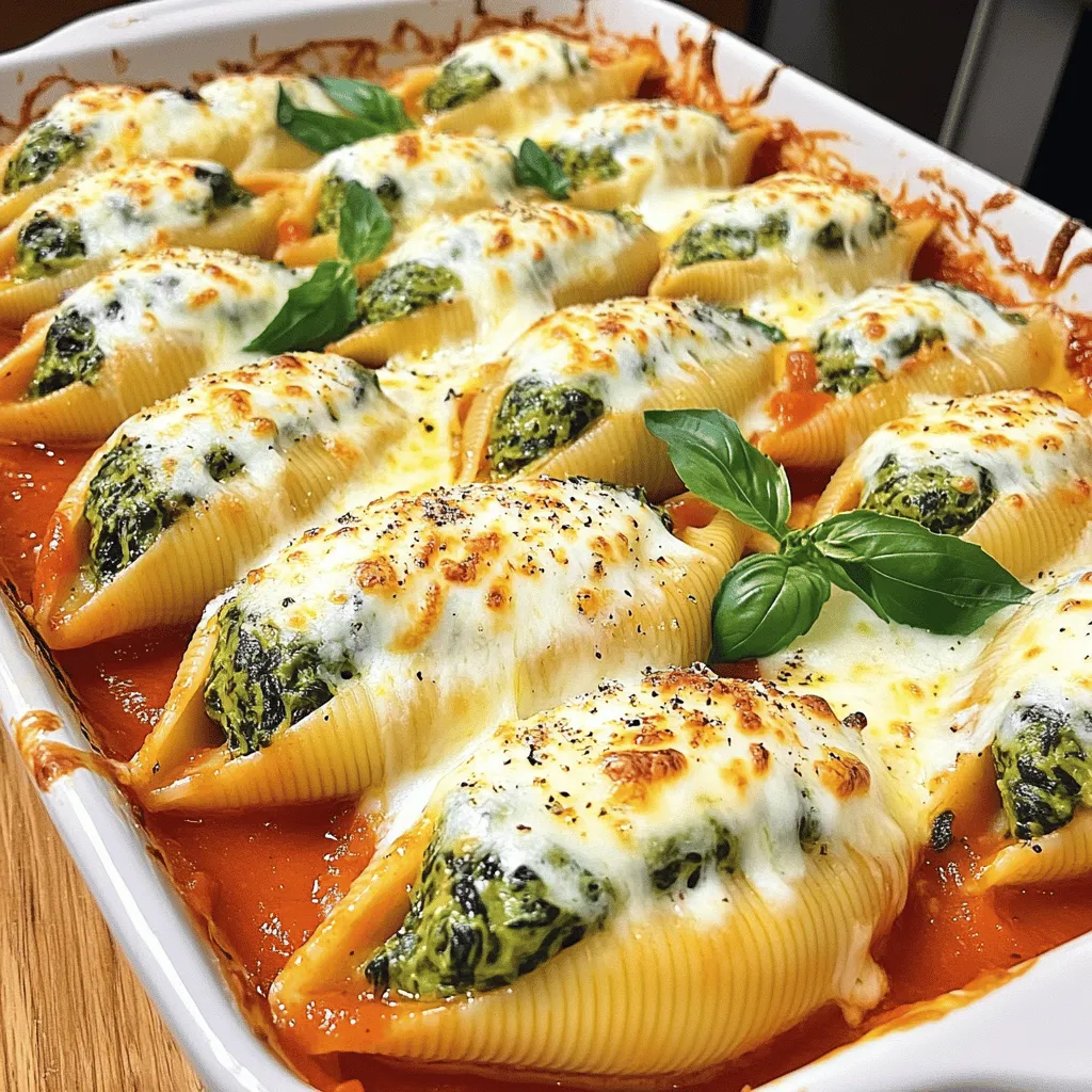 - 12 jumbo pasta shells - 2 cups fresh spinach, finely chopped - 1 cup ricotta cheese - 1 cup shredded mozzarella cheese - 1/2 cup grated parmesan cheese - 1 teaspoon garlic powder - 1 teaspoon onion powder - Salt and pepper to taste - Fresh basil leaves - Use dairy-free cheese alternatives for a vegan option. - Frozen spinach works well if fresh is not available. - Whole grain or gluten-free pasta shells can be used for dietary needs. In this recipe, I focus on fresh ingredients. Jumbo pasta shells are perfect for holding the filling. The spinach brings a nice, vibrant color and a boost of nutrients. Ricotta cheese adds creaminess, while mozzarella and parmesan provide a delicious cheesy flavor. For flavor, I use garlic powder and onion powder. They enhance the taste without overpowering the dish. Salt and pepper help balance the flavors too. Fresh basil leaves are a great garnish. They add freshness and a pop of color to the plate. If you want to switch things up, consider dairy-free cheese. It works well for those who are lactose intolerant. Frozen spinach is a good alternative to fresh spinach. It saves time and still tastes great. For a healthier option, try whole grain or gluten-free pasta shells. They can make this dish fit your diet while keeping it tasty. For the full recipe, refer back to the beginning of the article. 1. Preheating the Oven: Start by preheating your oven to 350°F (175°C). This gets your oven ready for baking the stuffed shells. 2. Cooking the Pasta Shells: In a large pot, bring salted water to a boil. Add the jumbo pasta shells. Cook them until they are al dente, which takes about 10-12 minutes. Once done, drain the shells and let them cool for a bit. 1. Combining Spinach and Cheeses: In a mixing bowl, add the finely chopped spinach, ricotta cheese, 1/2 cup of shredded mozzarella cheese, and grated parmesan cheese. 2. Adding Seasonings and Egg: Mix in a lightly beaten egg, garlic powder, onion powder, and a pinch of salt and pepper. Stir until it becomes a creamy filling. 1. Stuffing the Shells: Take each cooled pasta shell and fill it with the spinach and cheese mixture. Place the filled shells seam-side up in a 9x13 inch baking dish. 2. Layering with Marinara Sauce: Pour marinara sauce evenly over the stuffed shells. Make sure each shell is well-covered in sauce. 3. Topping with Mozzarella: Sprinkle the remaining 1/2 cup of shredded mozzarella cheese over the marinara sauce. 1. Covering with Foil: Cover the baking dish with aluminum foil. This helps to avoid excess browning while baking. 2. Timing for Perfect Cheese Melt: Bake in the preheated oven for 20 minutes. Afterward, remove the foil and bake for another 10-15 minutes. You want the cheese to be fully melted and bubbly. Enjoy these cheesy spinach stuffed shells with a side salad or garlic bread! For the full recipe, check the main article. To keep your shells intact, cook them just until al dente. This means they should still have a slight bite. Overcooking leads to breakage. When you drain them, let them cool slightly. This way, you can handle them without burns. For cooking spinach, steaming is best. This keeps the color and nutrients. You can also sauté it in a little olive oil. Just a few minutes will wilt it perfectly. To boost flavor, add fresh herbs like basil or parsley. Oregano and thyme also work well. These herbs can make your dish taste fresh and vibrant. Don’t forget to season with salt and pepper. A touch of red pepper flakes can add some heat. When choosing marinara, homemade is great if you have time. It gives a rich flavor. But if you’re busy, store-bought works too. Look for brands with simple ingredients. This ensures quality and taste. For a complete meal, serve your stuffed shells with a fresh salad. A simple green salad with vinaigrette is lovely. Garlic bread pairs well, too. It adds crunch and flavor. If you have leftovers, get creative. Turn them into a pasta bake by adding more sauce and cheese. You can also mix them into a stir-fry with veggies. This keeps things interesting and tasty. For the full recipe, check out the details above! {{image_4}} For those who enjoy meat, adding ground turkey or beef works well. Just brown the meat before mixing it into the filling. This adds flavor and protein to the dish. You can also use sausage for a spicier kick. These options make the meal heartier and satisfying for meat lovers. If you want to keep it vegetarian, consider adding vegetables like mushrooms or bell peppers. Chopped artichokes also add a nice touch. Mix these veggies into the filling for extra flavor and texture. You can also explore different cheeses. Try goat cheese or feta for a tangy twist. For vegan options, use dairy-free cheese and skip the egg. You can replace the ricotta with blended tofu mixed with nutritional yeast. This keeps the filling creamy and tasty. For low-carb or keto diets, swap the pasta for zucchini noodles. This keeps the dish light but still delicious. These variations allow you to customize Cheesy Spinach Stuffed Shells to your taste and dietary needs. Each option ensures you enjoy a flavorful dinner delight. For the full recipe, visit the link provided. To keep your cheesy spinach stuffed shells fresh, follow these tips: - Refrigeration guidelines: Place leftovers in an airtight container. They will stay good for about 3 to 4 days in the fridge. Make sure to let them cool before sealing the container. - Freezing stuffed shells properly: If you want to freeze them, wrap each shell in plastic wrap. Then, place them in a freezer-safe bag or container. These can last for up to 3 months in the freezer. When ready to eat, thaw them in the fridge overnight. To enjoy your leftovers, reheating is key. Here’s how to do it right: - Best methods to maintain texture: The oven is the best choice. Preheat to 350°F (175°C). Place the shells in a baking dish and cover with foil. Bake for about 20 minutes or until heated through. - Avoiding sogginess: If you use the microwave, place a damp paper towel over the shells. This helps keep them from drying out while heating. Heat in short bursts, checking often. Knowing how long your stuffed shells last helps you avoid waste: - How long can it last in the fridge: As mentioned, they are good for 3 to 4 days when stored properly. - Signs of spoilage: Look for changes in smell, color, or texture. If the shells smell off or if mold appears, it’s best to throw them out. For the full details on making these delicious stuffed shells, check out the Full Recipe. To stop the shells from cracking, cook them just right. Boil them for 10-12 minutes until they are al dente. This means they should be firm but not hard. After cooking, drain the shells gently. Rinse them in cold water to cool them down. Handle the shells carefully to avoid breaks. Also, use a large pot with plenty of water. This gives the shells space to move and cook evenly. Yes, you can make the filling a day ahead. Mix the chopped spinach, ricotta, mozzarella, parmesan, egg, and spices. Store it in an airtight container in the fridge. This saves time when you are ready to cook. Just remember to stuff the shells before baking. Fresh filling tastes best, so avoid storing it too long. You can serve a fresh salad with mixed greens. A light Caesar salad pairs well too. Garlic bread makes a tasty side as well. If you want something warm, try roasted vegetables. They add color and flavor to your meal. You can also serve a bowl of marinara sauce on the side for dipping. This recipe yields about four servings. Each serving has three stuffed shells. You can easily double the recipe if you need more. Just adjust the baking time and use a larger dish. Enjoy sharing with family and friends! For the full recipe, check the details above. In this blog post, we explored how to make cheesy spinach stuffed shells. You learned about the key ingredients, from jumbo pasta shells to tasty cheeses. I walked you through preparing, filling, and baking the dish step by step. Tips for storing leftovers and serving ideas were included too. Stuffed shells are versatile and fun to make. With simple swaps, you can cater to all diets. Enjoy creating this dish for family and friends, and don't forget to experiment with flavors!