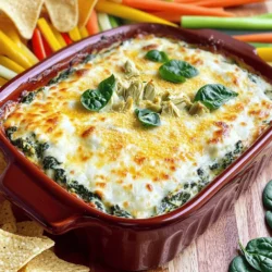 To make creamy spinach artichoke dip, you need key ingredients. Here’s what to gather: - 1 cup fresh spinach, finely chopped - 1 cup canned artichoke hearts, drained and roughly chopped - ½ cup cream cheese, softened - ½ cup sour cream - ½ cup mayonnaise - 1 cup shredded mozzarella cheese - ¼ cup grated Parmesan cheese - 2 cloves garlic, minced - 1 teaspoon fresh lemon juice - Salt and freshly ground black pepper to taste These ingredients create a rich and savory dip that everyone loves. You can boost the flavor of your dip with some optional add-ins. Consider these tasty options: - ¼ teaspoon red pepper flakes for a hint of spice - A dash of Worcestershire sauce for depth - Fresh herbs like parsley or dill for freshness Feel free to experiment with these add-ins. They can elevate your dip to new heights. This creamy spinach artichoke dip is not just tasty; it also offers some nutrition. Here’s a quick breakdown: - Serving Size: About 2 tablespoons - Calories: Approximately 130-150 per serving - Protein: About 4 grams - Fat: About 10 grams - Carbohydrates: About 5 grams - Fiber: 1 gram Remember, the dip pairs well with veggies and whole-grain chips for a healthier snack. For the full recipe, check out the details above. Enjoy your cooking! First, gather your ingredients. You will need fresh spinach, canned artichoke hearts, cream cheese, sour cream, mayonnaise, mozzarella cheese, Parmesan cheese, garlic, lemon juice, salt, pepper, and optional red pepper flakes. Make sure everything is ready before you start. Preheat your oven to 375°F (190°C). This step is crucial for even baking. 1. Create the Base: In a medium bowl, mix softened cream cheese, sour cream, and mayonnaise. Blend these until smooth. A hand mixer works well, but a spatula can do the job too. 2. Incorporate Spinach and Artichokes: Next, gently fold in the chopped spinach and artichoke hearts. Make sure they are mixed evenly into the creamy base. 3. Season and Enrich: Add minced garlic, lemon juice, shredded mozzarella, and grated Parmesan. Season with salt, pepper, and red pepper flakes if you like some heat. Mix until everything is well combined. 4. Prepare for Baking: Transfer the dip mixture into an oven-safe baking dish. Spread it evenly with a spatula. 5. Bake to Perfection: Place the baking dish in your preheated oven. Bake for 25-30 minutes. Look for bubbling hot dip with a golden top. 6. Let it Cool and Serve: After baking, let the dip cool for a few minutes. This helps avoid burns when you serve it. For a great presentation, serve the dip warm. Pair it with toasted pita chips, fresh vegetable sticks, or crispy tortilla chips. To make it even more appealing, sprinkle extra Parmesan cheese on top. Add a few fresh spinach leaves for a nice touch. Enjoy your creamy spinach artichoke delight! You can find the full recipe for more detailed steps. To make your dip super creamy, use full-fat cream cheese. This gives the dip a rich taste. Mix the cream cheese well. Use a hand mixer for a smooth blend. You can also add a bit more sour cream. This adds a nice tang. Want a healthier dip? Swap out the mayo for Greek yogurt. It still tastes great and adds protein. You can use low-fat cream cheese too. Fresh spinach can replace frozen spinach to cut down on sodium. Always drain and rinse canned artichokes to reduce salt. When mixing the dip, fold in the spinach and artichokes gently. This keeps the texture light. Spread the dip evenly in your baking dish. This helps it bake evenly. Bake until bubbly and golden. Keep an eye on it to avoid burning. For the best flavor, let it cool for a few minutes before serving. This makes it easier to scoop. Check out the Full Recipe for more details! {{image_4}} To make a spicy version, add red pepper flakes or diced jalapeños. Start with ¼ teaspoon of red pepper flakes. If you want more heat, add more to taste. Jalapeños give a fresh kick. You can mix them in with the other ingredients. This spicy twist will make your dip stand out at any party. For a vegan option, swap out dairy for plant-based ingredients. Use vegan cream cheese and sour cream. You can also try cashew cream for a rich texture. Make sure to check the cheese brands for vegan options. Nutritional yeast can add a cheesy flavor. This way, everyone can enjoy the dip, even those on plant-based diets. Cheese lovers can play with cheese varieties. Instead of just mozzarella, mix in gouda or cheddar. Each cheese brings its own flavor. You could even try feta for a tangy taste. Blend different cheeses for a unique twist. This variation adds depth to the classic recipe. For the full recipe, you can explore the delicious details and find the perfect balance of flavors. After you enjoy your Creamy Spinach Artichoke Dip, store leftovers in an airtight container. This keeps the dip fresh for up to four days. Make sure it cools down before sealing it. Label the container with the date so you know when to eat it. To reheat the dip, scoop it into a small oven-safe dish. Heat it at 350°F (175°C) for about 15-20 minutes. Stir it halfway through to warm it evenly. You can also use the microwave. Heat in 30-second bursts and stir in between. This keeps the dip creamy and delicious. You can freeze Creamy Spinach Artichoke Dip too! Place it in a freezer-safe container. Leave some space at the top for expansion. It will stay good for about three months. To use it, thaw it in the fridge overnight before reheating. This makes it easy to enjoy later without extra work. For the complete recipe, check out the Full Recipe. Yes, you can make this dip ahead. Prepare the dip, then cover it. Store it in the fridge for up to two days. When ready to serve, bake it as directed in the Full Recipe. This saves time for your party and keeps flavors fresh. You have many tasty options! Here are some ideas: - Toasted pita chips - Fresh vegetable sticks like carrots and celery - Crispy tortilla chips - Bagel bites or crackers - Sliced baguette Each option pairs well and adds fun to your gathering. When stored well, the dip stays fresh for three to four days in the fridge. Keep it in an airtight container. If you see any changes in smell or color, it’s best to toss it. Enjoy your creamy dip within this time for the best taste! This blog covered how to make Creamy Spinach Artichoke Dip. You learned about key ingredients and optional add-ins. We shared detailed steps for preparation and baking. There were tips to make it creamy and healthy options. You also discovered fun variations and smart storage methods. In the end, this dip is easy and fun to make. Enjoy it with friends or family. It'll be a hit at any gathering. Remember, you can customize it to fit your tastes!