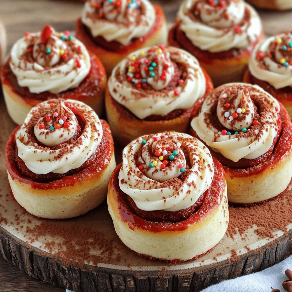 To make the red velvet cinnamon rolls, you will need these simple ingredients. They create a tasty treat that everyone loves. - 2 ½ cups all-purpose flour - 1 packet (2 ¼ teaspoons) instant yeast - ½ cup granulated sugar - ½ teaspoon salt - 2 tablespoons unsweetened cocoa powder - ½ cup milk (warmed to 110°F) - ¼ cup unsalted butter (melted) - 1 large egg - 2 tablespoons red food coloring - 1 teaspoon vanilla extract - ½ cup brown sugar (packed) - 2 teaspoons ground cinnamon - ¼ cup unsalted butter (softened for filling) - Cream cheese frosting (for topping) Each ingredient plays a key role. The flour gives structure, while the yeast helps the rolls rise. Sugar adds sweetness, and cocoa gives that rich flavor. The red food coloring makes the rolls pop with color, turning them into a festive dessert. You can find the full recipe within this article. It will guide you through every step to make these delightful rolls. Remember, great ingredients lead to great results! 1. Start by grabbing a large mixing bowl. Add 2 ½ cups of all-purpose flour. 2. Next, sprinkle in one packet of instant yeast, ½ cup of granulated sugar, ½ teaspoon of salt, and 2 tablespoons of cocoa powder. Whisk these dry ingredients well. 3. In another bowl, mix ½ cup of warmed milk, ¼ cup of melted unsalted butter, one large egg, 2 tablespoons of red food coloring, and 1 teaspoon of vanilla extract. Whisk until smooth. 4. Slowly pour the wet mixture into the dry ingredients. Stir gently until the dough forms. Add more flour as needed until a soft dough forms. 1. Turn the dough out onto a floured surface. Knead the dough for about 5-7 minutes. It should become smooth and elastic. 2. Shape the dough into a ball. Place it in a greased bowl. Cover with a towel and let it rise in a warm area for about 1 hour, or until it doubles in size. 1. Once the dough has risen, punch it down gently. Roll it out on a floured surface into a rectangle about 10x18 inches. 2. Spread ¼ cup of softened butter over the dough. In a small bowl, mix ½ cup of packed brown sugar and 2 teaspoons of ground cinnamon. Sprinkle this mixture evenly over the buttered dough. 3. Start from one long edge and roll the dough into a tight cylinder. Pinch the edges to seal it well. 4. Using a sharp knife, cut the roll into 12 equal pieces. Place the cut rolls in a greased 9x13 inch baking dish, leaving space in between. Cover with a towel and let rise for another 30 minutes. 1. Preheat your oven to 350°F (175°C). Once the rolls have risen, bake them for 25-30 minutes. They should look golden on top. 2. After baking, let the rolls cool for about 10 minutes. Drizzle with cream cheese frosting before serving. This recipe is simple and fun! Check the Full Recipe for more details. Enjoy your delicious red velvet cinnamon rolls! Using the right flour and yeast is key for great rolls. I prefer all-purpose flour for its balance. Instant yeast works fast and gives a nice rise. Always check the date on your yeast; old yeast won’t rise well. When it comes to warmth for rising, choose a cozy spot in your kitchen. Yeast loves warmth, so avoid cold areas. Try placing the dough near a warm oven or on a sunny windowsill. Cover it with a towel. This keeps the dough warm and helps it rise. For cream cheese frosting, I recommend a classic recipe. Mix cream cheese with butter, sugar, and vanilla. This is rich and pairs well with the rolls. You can also add a pinch of salt for balance. Drizzling techniques add charm. Use a squeeze bottle for precise drizzles. You can also use a spoon for a more rustic look. Just don’t be shy; a generous drizzle makes it more inviting! For special occasions, serve these rolls on a large platter. They look stunning stacked high. Warm rolls are best, so heat them just before serving. For plating, consider adding garnishes. A light dusting of cocoa powder or colorful sprinkles can brighten the dish. Fresh berries or mint leaves also add a pop of color. Your guests will love this visual appeal! {{image_4}} You can easily change the flavor of your red velvet cinnamon rolls. Adding chocolate chips gives a sweet surprise inside. Nuts like pecans or walnuts add a nice crunch, too. You can also explore different frosting flavors. Try a vanilla or chocolate frosting instead of cream cheese. This adds a unique twist to each roll, making them a fun treat! For a healthier version, consider using whole wheat flour. This adds fiber and nutrients, while still keeping the rolls soft. Reducing sugar can also make the rolls healthier. You can cut the sugar by a third without losing taste. Using mashed bananas or applesauce can help keep the sweetness. These small changes make a big impact on your cinnamon rolls! Making mini cinnamon rolls is simple and fun. Roll the dough into a smaller rectangle before cutting. You can cut them into smaller pieces for bite-sized treats. This is great for brunch or parties. Serve them on a platter with different frostings for guests to enjoy. You can even add toppings like sprinkles for a festive look. For more delicious ideas, check out the Full Recipe for Red Velvet Cinnamon Rolls! To keep your red velvet cinnamon rolls fresh, wrap them well. Use plastic wrap or foil. Store them in the fridge. They stay good for about 3 to 5 days. Make sure they are cool before wrapping. This keeps the rolls from becoming soggy. You can freeze unbaked rolls for later use. After cutting the rolls, place them on a baking sheet. Freeze them for about 2 hours until firm. Then, transfer them to a freezer bag. They can last up to 3 months in the freezer. To reheat frozen rolls, let them thaw in the fridge overnight. Once thawed, bake them at 350°F (175°C) for about 15 to 20 minutes. This will warm them up and make them soft again. For best results, reheat your leftover rolls in an oven. Preheat the oven to 350°F (175°C). Place the rolls in a baking dish. Cover them with foil to keep moisture in. Heat for about 10 to 15 minutes. You can also use a microwave, but they may not be as soft. Heat them for 20 to 30 seconds. Enjoy your delicious red velvet cinnamon rolls warm! Making Red Velvet Cinnamon Rolls takes about 2 hours. This includes 30 minutes for prep and about 1 hour for the dough to rise. You then bake for 25-30 minutes. Timing is key for the perfect roll! Yes, you can make the dough ahead of time! After mixing, cover it and place it in the fridge. Leave it overnight for a slower rise. This method helps develop flavors. Before rolling, let the dough sit at room temperature for 30 minutes. You can find pre-made Red Velvet Cinnamon Rolls at local bakeries. Many grocery stores also stock them in the bakery section. Check places like Whole Foods or specialty shops. Always look for fresh options for the best taste! If you want a change from cream cheese frosting, try buttercream. It’s sweet and fluffy. You could also use vanilla glaze for a lighter touch. For a fruity twist, consider a strawberry or raspberry frosting. Each option adds a unique flavor! This post covered how to make delightful red velvet cinnamon rolls from scratch. We discussed the key ingredients, detailed instructions, and helpful tips. You can also explore fun variations and storage methods to keep your rolls fresh. Whether you serve them for brunch or enjoy them as a special treat, these rolls will surely impress. Get ready to savor each bite and share these tasty creations with friends and family!