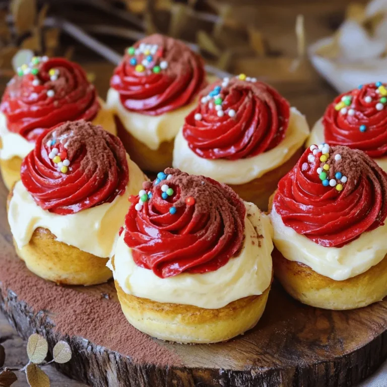 To make the red velvet cinnamon rolls, you will need these simple ingredients. They create a tasty treat that everyone loves. - 2 ½ cups all-purpose flour - 1 packet (2 ¼ teaspoons) instant yeast - ½ cup granulated sugar - ½ teaspoon salt - 2 tablespoons unsweetened cocoa powder - ½ cup milk (warmed to 110°F) - ¼ cup unsalted butter (melted) - 1 large egg - 2 tablespoons red food coloring - 1 teaspoon vanilla extract - ½ cup brown sugar (packed) - 2 teaspoons ground cinnamon - ¼ cup unsalted butter (softened for filling) - Cream cheese frosting (for topping) Each ingredient plays a key role. The flour gives structure, while the yeast helps the rolls rise. Sugar adds sweetness, and cocoa gives that rich flavor. The red food coloring makes the rolls pop with color, turning them into a festive dessert. You can find the full recipe within this article. It will guide you through every step to make these delightful rolls. Remember, great ingredients lead to great results! 1. Start by grabbing a large mixing bowl. Add 2 ½ cups of all-purpose flour. 2. Next, sprinkle in one packet of instant yeast, ½ cup of granulated sugar, ½ teaspoon of salt, and 2 tablespoons of cocoa powder. Whisk these dry ingredients well. 3. In another bowl, mix ½ cup of warmed milk, ¼ cup of melted unsalted butter, one large egg, 2 tablespoons of red food coloring, and 1 teaspoon of vanilla extract. Whisk until smooth. 4. Slowly pour the wet mixture into the dry ingredients. Stir gently until the dough forms. Add more flour as needed until a soft dough forms. 1. Turn the dough out onto a floured surface. Knead the dough for about 5-7 minutes. It should become smooth and elastic. 2. Shape the dough into a ball. Place it in a greased bowl. Cover with a towel and let it rise in a warm area for about 1 hour, or until it doubles in size. 1. Once the dough has risen, punch it down gently. Roll it out on a floured surface into a rectangle about 10x18 inches. 2. Spread ¼ cup of softened butter over the dough. In a small bowl, mix ½ cup of packed brown sugar and 2 teaspoons of ground cinnamon. Sprinkle this mixture evenly over the buttered dough. 3. Start from one long edge and roll the dough into a tight cylinder. Pinch the edges to seal it well. 4. Using a sharp knife, cut the roll into 12 equal pieces. Place the cut rolls in a greased 9x13 inch baking dish, leaving space in between. Cover with a towel and let rise for another 30 minutes. 1. Preheat your oven to 350°F (175°C). Once the rolls have risen, bake them for 25-30 minutes. They should look golden on top. 2. After baking, let the rolls cool for about 10 minutes. Drizzle with cream cheese frosting before serving. This recipe is simple and fun! Check the Full Recipe for more details. Enjoy your delicious red velvet cinnamon rolls! Using the right flour and yeast is key for great rolls. I prefer all-purpose flour for its balance. Instant yeast works fast and gives a nice rise. Always check the date on your yeast; old yeast won’t rise well. When it comes to warmth for rising, choose a cozy spot in your kitchen. Yeast loves warmth, so avoid cold areas. Try placing the dough near a warm oven or on a sunny windowsill. Cover it with a towel. This keeps the dough warm and helps it rise. For cream cheese frosting, I recommend a classic recipe. Mix cream cheese with butter, sugar, and vanilla. This is rich and pairs well with the rolls. You can also add a pinch of salt for balance. Drizzling techniques add charm. Use a squeeze bottle for precise drizzles. You can also use a spoon for a more rustic look. Just don’t be shy; a generous drizzle makes it more inviting! For special occasions, serve these rolls on a large platter. They look stunning stacked high. Warm rolls are best, so heat them just before serving. For plating, consider adding garnishes. A light dusting of cocoa powder or colorful sprinkles can brighten the dish. Fresh berries or mint leaves also add a pop of color. Your guests will love this visual appeal! {{image_4}} You can easily change the flavor of your red velvet cinnamon rolls. Adding chocolate chips gives a sweet surprise inside. Nuts like pecans or walnuts add a nice crunch, too. You can also explore different frosting flavors. Try a vanilla or chocolate frosting instead of cream cheese. This adds a unique twist to each roll, making them a fun treat! For a healthier version, consider using whole wheat flour. This adds fiber and nutrients, while still keeping the rolls soft. Reducing sugar can also make the rolls healthier. You can cut the sugar by a third without losing taste. Using mashed bananas or applesauce can help keep the sweetness. These small changes make a big impact on your cinnamon rolls! Making mini cinnamon rolls is simple and fun. Roll the dough into a smaller rectangle before cutting. You can cut them into smaller pieces for bite-sized treats. This is great for brunch or parties. Serve them on a platter with different frostings for guests to enjoy. You can even add toppings like sprinkles for a festive look. For more delicious ideas, check out the Full Recipe for Red Velvet Cinnamon Rolls! To keep your red velvet cinnamon rolls fresh, wrap them well. Use plastic wrap or foil. Store them in the fridge. They stay good for about 3 to 5 days. Make sure they are cool before wrapping. This keeps the rolls from becoming soggy. You can freeze unbaked rolls for later use. After cutting the rolls, place them on a baking sheet. Freeze them for about 2 hours until firm. Then, transfer them to a freezer bag. They can last up to 3 months in the freezer. To reheat frozen rolls, let them thaw in the fridge overnight. Once thawed, bake them at 350°F (175°C) for about 15 to 20 minutes. This will warm them up and make them soft again. For best results, reheat your leftover rolls in an oven. Preheat the oven to 350°F (175°C). Place the rolls in a baking dish. Cover them with foil to keep moisture in. Heat for about 10 to 15 minutes. You can also use a microwave, but they may not be as soft. Heat them for 20 to 30 seconds. Enjoy your delicious red velvet cinnamon rolls warm! Making Red Velvet Cinnamon Rolls takes about 2 hours. This includes 30 minutes for prep and about 1 hour for the dough to rise. You then bake for 25-30 minutes. Timing is key for the perfect roll! Yes, you can make the dough ahead of time! After mixing, cover it and place it in the fridge. Leave it overnight for a slower rise. This method helps develop flavors. Before rolling, let the dough sit at room temperature for 30 minutes. You can find pre-made Red Velvet Cinnamon Rolls at local bakeries. Many grocery stores also stock them in the bakery section. Check places like Whole Foods or specialty shops. Always look for fresh options for the best taste! If you want a change from cream cheese frosting, try buttercream. It’s sweet and fluffy. You could also use vanilla glaze for a lighter touch. For a fruity twist, consider a strawberry or raspberry frosting. Each option adds a unique flavor! This post covered how to make delightful red velvet cinnamon rolls from scratch. We discussed the key ingredients, detailed instructions, and helpful tips. You can also explore fun variations and storage methods to keep your rolls fresh. Whether you serve them for brunch or enjoy them as a special treat, these rolls will surely impress. Get ready to savor each bite and share these tasty creations with friends and family!