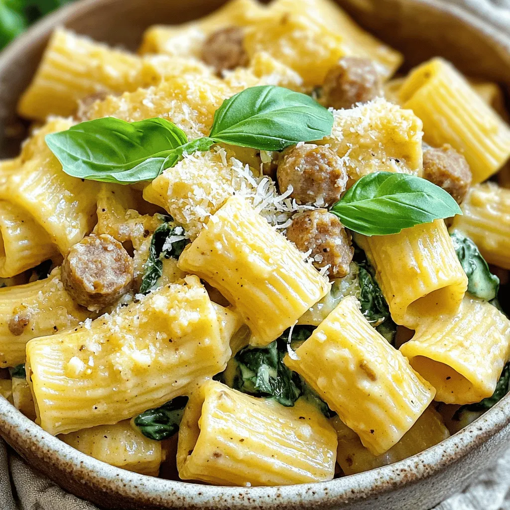 Cooking creamy sausage rigatoni is easy when you have the right ingredients. Here’s what you need: - 12 oz. rigatoni pasta - 1 lb. Italian sausage (mild or spicy, with casings removed) - 1 cup heavy cream These three key items create a rich and satisfying meal. The rigatoni holds the sauce well due to its shape. The Italian sausage adds a savory flavor that pairs perfectly with the cream. - 1/2 teaspoon red pepper flakes - 1 cup fresh spinach, roughly chopped - Fresh basil leaves, for garnish Adding red pepper flakes gives a nice kick, while fresh spinach adds color and nutrients. Basil on top not only looks great but adds fresh flavor. Feel free to mix and match these optional items to make the dish your own. For the full recipe, check out the detailed instructions I provided earlier. - <strong>Bring Water to Boil</strong>: Start by filling a large pot with water. Add a good pinch of salt. Turn the heat on high until the water boils. This step is key for flavor. – <strong>Cook Pasta Al Dente</strong>: Once boiling, add the rigatoni. Cook according to the package instructions, usually about 10-12 minutes. Test a piece to make sure it is firm but not hard. Drain and set aside. – <strong>Heating Olive Oil</strong>: Grab a large skillet and heat one tablespoon of olive oil over medium heat. This oil will help to brown the sausage nicely. – <strong>Browning the Sausage</strong>: Add the Italian sausage to the hot skillet. Use a wooden spoon to break it into smaller bits. Cook for about 5-7 minutes until it turns a deep brown. Make sure it is fully cooked. – <strong>Adding Onion and Garlic</strong>: Once the sausage is browned, toss in one diced onion. Sauté for about 3-4 minutes until the onion looks soft. Add three minced garlic cloves and, if you like heat, toss in half a teaspoon of red pepper flakes. Cook for another 1-2 minutes until the garlic smells great. – <strong>Incorporating Cream and Broth</strong>: Now, gently pour in one cup of heavy cream and one cup of chicken broth. Stir well to mix all the flavors. Bring the mixture to a gentle simmer for about 5 minutes. This will thicken the sauce nicely. In this step-by-step guide, you’ll find everything you need to make a delightful creamy sausage rigatoni. For the full recipe, refer to the earlier section. <strong>Cooking to Al Dente</strong> To make the perfect rigatoni, cook it until it’s al dente. This means it should be firm to the bite. Generally, this takes about 10 to 12 minutes. Check the package for exact times. If you overcook it, the pasta can become mushy. To avoid this, taste the pasta a minute or two before the time is up. <strong>Properly Folding in Cheese</strong> When adding cheese to your sauce, do it slowly. This helps the cheese melt evenly. Remove the skillet from the heat first. Then, stir in the grated Parmesan cheese in small amounts. This makes a smooth and creamy sauce. If you add it too fast, you might end up with clumps. <strong>Serving Suggestions</strong> For a beautiful presentation, use shallow bowls. This allows the creamy sausage rigatoni to shine. Add a drizzle of olive oil on top. It gives a nice shine and flavor. Divide the pasta evenly among the bowls. <strong>Garnishing Your Dish</strong> Fresh basil leaves are a great garnish. They add color and a fresh taste. Just tear a few leaves and place them on top of each serving. You can also sprinkle more grated cheese if you like. These small touches make your dish look and taste gourmet. For the full recipe, check out the [Full Recipe]. {{image_4}} <strong>Using Alternative Sausages</strong> You can switch the Italian sausage for other types. Try chicken, turkey, or plant-based sausage. Each type adds a unique taste. These swaps let you cater to different diets. A spicy sausage brings a nice heat. A mild sausage creates a cozy flavor. <strong>Dairy-Free or Vegan Options</strong> For a dairy-free meal, use coconut cream instead of heavy cream. Nutritional yeast can replace Parmesan cheese. This option still keeps the dish creamy. You can also use lentils or mushrooms for added texture. These swaps will keep the dish rich and flavorful. <strong>Adding Vegetables</strong> Adding veggies boosts nutrition and taste. Try bell peppers, zucchini, or mushrooms. Sauté them with the onions for full flavor. Spinach is already in the recipe, but you can add kale or broccoli too. These veggies add color and make the dish pop. <strong>Incorporating Different Cheeses</strong> You can mix up the cheese to change the flavor. Try using ricotta for a creamy twist. Goat cheese adds tanginess that brightens the dish. For a sharper flavor, use aged cheddar. Each cheese choice makes the rigatoni unique and exciting. For the full recipe, check the details above. To keep your creamy sausage rigatoni fresh, store it in an airtight container. This will lock in flavor and keep it safe. Make sure to cool the dish to room temperature first. Once cooled, cover tightly and place it in the fridge. How long does it last in the fridge? You can enjoy leftovers for up to 3 days. After that, the quality may drop, and it might not taste as good. You can reheat creamy sausage rigatoni in two main ways: the microwave or stovetop. – <strong>Microwave:</strong> Place your serving in a microwave-safe dish. Cover it with a lid or paper towel to keep moisture in. Heat it for 1-2 minutes, stirring halfway through to ensure even heating. – <strong>Stovetop:</strong> For stovetop reheating, add a splash of chicken broth or cream to the pan. This helps revive the creamy texture. Heat over medium-low heat, stirring gently until warm. <strong>Tips for Keeping Creamy Texture:</strong> Always add a little liquid when reheating. This keeps your dish smooth and creamy instead of dry. Enjoy your creamy sausage rigatoni just as delicious as the first time! For the full recipe, check out the [Full Recipe]. <strong>How to Make it Spicier?</strong> To add spice, include red pepper flakes. Start with 1/2 teaspoon and adjust to taste. You can also use spicy Italian sausage for a bolder flavor. If you want more heat, try adding diced jalapeños or hot sauce. <strong>Can I Freeze Creamy Sausage Rigatoni?</strong> Yes, you can freeze this dish. Allow it to cool completely before packing it into an airtight container. It can last up to three months in the freezer. To reheat, thaw it in the fridge overnight and warm it on the stove with a splash of cream or broth. <strong>What Can I Serve with This Dish?</strong> Creamy sausage rigatoni pairs well with garlic bread or a fresh salad. A simple green salad with vinaigrette balances the richness of the pasta. You can also serve it with roasted vegetables for a healthy touch. <strong>Is it Possible to Make It Ahead of Time?</strong> Absolutely! You can prepare the sauce and cook the pasta ahead of time. Store them separately in the fridge. When ready to serve, combine them in a skillet, heat, and enjoy your creamy sausage rigatoni. For the full recipe, check the main section above. This blog post covered how to make delicious creamy sausage rigatoni. We discussed key ingredients like rigatoni, sausage, and cream. I shared detailed steps on cooking the pasta, preparing the sausage, and making the sauce. You can experiment with variations and storage tips too. Remember, cooking is all about having fun and being creative. Enjoy your dish and share it with friends and family! You’ll impress them with your skills.” /></p>
</p>
<h2>Variations</h2>
</p>
<h3>Ingredient Swaps</h3>
</p>
<p><strong>Using Alternative Sausages</strong></p>
<p>You can switch the Italian sausage for other types. Try chicken, turkey, or plant-based sausage. Each type adds a unique taste. These swaps let you cater to different diets. A spicy sausage brings a nice heat. A mild sausage creates a cozy flavor.</p>
</p>
<p><strong>Dairy-Free or Vegan Options</strong></p>
<p>For a dairy-free meal, use coconut cream instead of heavy cream. Nutritional yeast can replace Parmesan cheese. This option still keeps the dish creamy. You can also use lentils or mushrooms for added texture. These swaps will keep the dish rich and flavorful.</p>
</p>
<h3>Flavor Enhancements</h3>
</p>
<p><strong>Adding Vegetables</strong></p>
<p>Adding veggies boosts nutrition and taste. Try bell peppers, zucchini, or mushrooms. Sauté them with the onions for full flavor. Spinach is already in the recipe, but you can add kale or broccoli too. These veggies add color and make the dish pop.</p>
</p>
<p><strong>Incorporating Different Cheeses</strong></p>
<p>You can mix up the cheese to change the flavor. Try using ricotta for a creamy twist. Goat cheese adds tanginess that brightens the dish. For a sharper flavor, use aged cheddar. Each cheese choice makes the rigatoni unique and exciting. For the full recipe, check the details above.</p>
</p>
<h2>Storage Info</h2>
</p>
<h3>Refrigeration Tips</h3>
<p>To keep your creamy sausage rigatoni fresh, store it in an airtight container. This will lock in flavor and keep it safe. Make sure to cool the dish to room temperature first. Once cooled, cover tightly and place it in the fridge.</p>
</p>
<p>How long does it last in the fridge? You can enjoy leftovers for up to 3 days. After that, the quality may drop, and it might not taste as good.</p>
</p>
<h3>Reheating Instructions</h3>
<p>You can reheat creamy sausage rigatoni in two main ways: the microwave or stovetop.</p>
</p>
<p>– <strong>Microwave:</strong> Place your serving in a microwave-safe dish. Cover it with a lid or paper towel to keep moisture in. Heat it for 1-2 minutes, stirring halfway through to ensure even heating.</p>
</p>
<p>– <strong>Stovetop:</strong> For stovetop reheating, add a splash of chicken broth or cream to the pan. This helps revive the creamy texture. Heat over medium-low heat, stirring gently until warm.</p>
</p>
<p><strong>Tips for Keeping Creamy Texture:</strong> Always add a little liquid when reheating. This keeps your dish smooth and creamy instead of dry. Enjoy your creamy sausage rigatoni just as delicious as the first time! For the full recipe, check out the [Full Recipe].</p>
</p>
<h2>FAQs</h2>
</p>
<h3>Common Questions About Creamy Sausage Rigatoni</h3>
</p>
<p><strong>How to Make it Spicier?</strong></p>
<p>To add spice, include red pepper flakes. Start with 1/2 teaspoon and adjust to taste. You can also use spicy Italian sausage for a bolder flavor. If you want more heat, try adding diced jalapeños or hot sauce.</p>
</p>
<p><strong>Can I Freeze Creamy Sausage Rigatoni?</strong></p>
<p>Yes, you can freeze this dish. Allow it to cool completely before packing it into an airtight container. It can last up to three months in the freezer. To reheat, thaw it in the fridge overnight and warm it on the stove with a splash of cream or broth.</p>
</p>
<h3>User Inquiries</h3>
</p>
<p><strong>What Can I Serve with This Dish?</strong></p>
<p>Creamy sausage rigatoni pairs well with garlic bread or a fresh salad. A simple green salad with vinaigrette balances the richness of the pasta. You can also serve it with roasted vegetables for a healthy touch.</p>
</p>
<p><strong>Is it Possible to Make It Ahead of Time?</strong></p>
<p>Absolutely! You can prepare the sauce and cook the pasta ahead of time. Store them separately in the fridge. When ready to serve, combine them in a skillet, heat, and enjoy your creamy sausage rigatoni. For the full recipe, check the main section above.</p>
</p>
<p>This blog post covered how to make delicious creamy sausage rigatoni. We discussed key ingredients like rigatoni, sausage, and cream. I shared detailed steps on cooking the pasta, preparing the sausage, and making the sauce.</p>
</p>
<p>You can experiment with variations and storage tips too. Remember, cooking is all about having fun and being creative. Enjoy your dish and share it with friends and family! You’ll impress them with your skills.</p>
<div id=