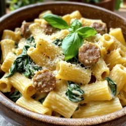 Cooking creamy sausage rigatoni is easy when you have the right ingredients. Here’s what you need: - 12 oz. rigatoni pasta - 1 lb. Italian sausage (mild or spicy, with casings removed) - 1 cup heavy cream These three key items create a rich and satisfying meal. The rigatoni holds the sauce well due to its shape. The Italian sausage adds a savory flavor that pairs perfectly with the cream. - 1/2 teaspoon red pepper flakes - 1 cup fresh spinach, roughly chopped - Fresh basil leaves, for garnish Adding red pepper flakes gives a nice kick, while fresh spinach adds color and nutrients. Basil on top not only looks great but adds fresh flavor. Feel free to mix and match these optional items to make the dish your own. For the full recipe, check out the detailed instructions I provided earlier. - Bring Water to Boil: Start by filling a large pot with water. Add a good pinch of salt. Turn the heat on high until the water boils. This step is key for flavor. - Cook Pasta Al Dente: Once boiling, add the rigatoni. Cook according to the package instructions, usually about 10-12 minutes. Test a piece to make sure it is firm but not hard. Drain and set aside. - Heating Olive Oil: Grab a large skillet and heat one tablespoon of olive oil over medium heat. This oil will help to brown the sausage nicely. - Browning the Sausage: Add the Italian sausage to the hot skillet. Use a wooden spoon to break it into smaller bits. Cook for about 5-7 minutes until it turns a deep brown. Make sure it is fully cooked. - Adding Onion and Garlic: Once the sausage is browned, toss in one diced onion. Sauté for about 3-4 minutes until the onion looks soft. Add three minced garlic cloves and, if you like heat, toss in half a teaspoon of red pepper flakes. Cook for another 1-2 minutes until the garlic smells great. - Incorporating Cream and Broth: Now, gently pour in one cup of heavy cream and one cup of chicken broth. Stir well to mix all the flavors. Bring the mixture to a gentle simmer for about 5 minutes. This will thicken the sauce nicely. In this step-by-step guide, you'll find everything you need to make a delightful creamy sausage rigatoni. For the full recipe, refer to the earlier section. Cooking to Al Dente To make the perfect rigatoni, cook it until it's al dente. This means it should be firm to the bite. Generally, this takes about 10 to 12 minutes. Check the package for exact times. If you overcook it, the pasta can become mushy. To avoid this, taste the pasta a minute or two before the time is up. Properly Folding in Cheese When adding cheese to your sauce, do it slowly. This helps the cheese melt evenly. Remove the skillet from the heat first. Then, stir in the grated Parmesan cheese in small amounts. This makes a smooth and creamy sauce. If you add it too fast, you might end up with clumps. Serving Suggestions For a beautiful presentation, use shallow bowls. This allows the creamy sausage rigatoni to shine. Add a drizzle of olive oil on top. It gives a nice shine and flavor. Divide the pasta evenly among the bowls. Garnishing Your Dish Fresh basil leaves are a great garnish. They add color and a fresh taste. Just tear a few leaves and place them on top of each serving. You can also sprinkle more grated cheese if you like. These small touches make your dish look and taste gourmet. For the full recipe, check out the [Full Recipe]. {{image_4}} Using Alternative Sausages You can switch the Italian sausage for other types. Try chicken, turkey, or plant-based sausage. Each type adds a unique taste. These swaps let you cater to different diets. A spicy sausage brings a nice heat. A mild sausage creates a cozy flavor. Dairy-Free or Vegan Options For a dairy-free meal, use coconut cream instead of heavy cream. Nutritional yeast can replace Parmesan cheese. This option still keeps the dish creamy. You can also use lentils or mushrooms for added texture. These swaps will keep the dish rich and flavorful. Adding Vegetables Adding veggies boosts nutrition and taste. Try bell peppers, zucchini, or mushrooms. Sauté them with the onions for full flavor. Spinach is already in the recipe, but you can add kale or broccoli too. These veggies add color and make the dish pop. Incorporating Different Cheeses You can mix up the cheese to change the flavor. Try using ricotta for a creamy twist. Goat cheese adds tanginess that brightens the dish. For a sharper flavor, use aged cheddar. Each cheese choice makes the rigatoni unique and exciting. For the full recipe, check the details above. To keep your creamy sausage rigatoni fresh, store it in an airtight container. This will lock in flavor and keep it safe. Make sure to cool the dish to room temperature first. Once cooled, cover tightly and place it in the fridge. How long does it last in the fridge? You can enjoy leftovers for up to 3 days. After that, the quality may drop, and it might not taste as good. You can reheat creamy sausage rigatoni in two main ways: the microwave or stovetop. - Microwave: Place your serving in a microwave-safe dish. Cover it with a lid or paper towel to keep moisture in. Heat it for 1-2 minutes, stirring halfway through to ensure even heating. - Stovetop: For stovetop reheating, add a splash of chicken broth or cream to the pan. This helps revive the creamy texture. Heat over medium-low heat, stirring gently until warm. Tips for Keeping Creamy Texture: Always add a little liquid when reheating. This keeps your dish smooth and creamy instead of dry. Enjoy your creamy sausage rigatoni just as delicious as the first time! For the full recipe, check out the [Full Recipe]. How to Make it Spicier? To add spice, include red pepper flakes. Start with 1/2 teaspoon and adjust to taste. You can also use spicy Italian sausage for a bolder flavor. If you want more heat, try adding diced jalapeños or hot sauce. Can I Freeze Creamy Sausage Rigatoni? Yes, you can freeze this dish. Allow it to cool completely before packing it into an airtight container. It can last up to three months in the freezer. To reheat, thaw it in the fridge overnight and warm it on the stove with a splash of cream or broth. What Can I Serve with This Dish? Creamy sausage rigatoni pairs well with garlic bread or a fresh salad. A simple green salad with vinaigrette balances the richness of the pasta. You can also serve it with roasted vegetables for a healthy touch. Is it Possible to Make It Ahead of Time? Absolutely! You can prepare the sauce and cook the pasta ahead of time. Store them separately in the fridge. When ready to serve, combine them in a skillet, heat, and enjoy your creamy sausage rigatoni. For the full recipe, check the main section above. This blog post covered how to make delicious creamy sausage rigatoni. We discussed key ingredients like rigatoni, sausage, and cream. I shared detailed steps on cooking the pasta, preparing the sausage, and making the sauce. You can experiment with variations and storage tips too. Remember, cooking is all about having fun and being creative. Enjoy your dish and share it with friends and family! You’ll impress them with your skills.