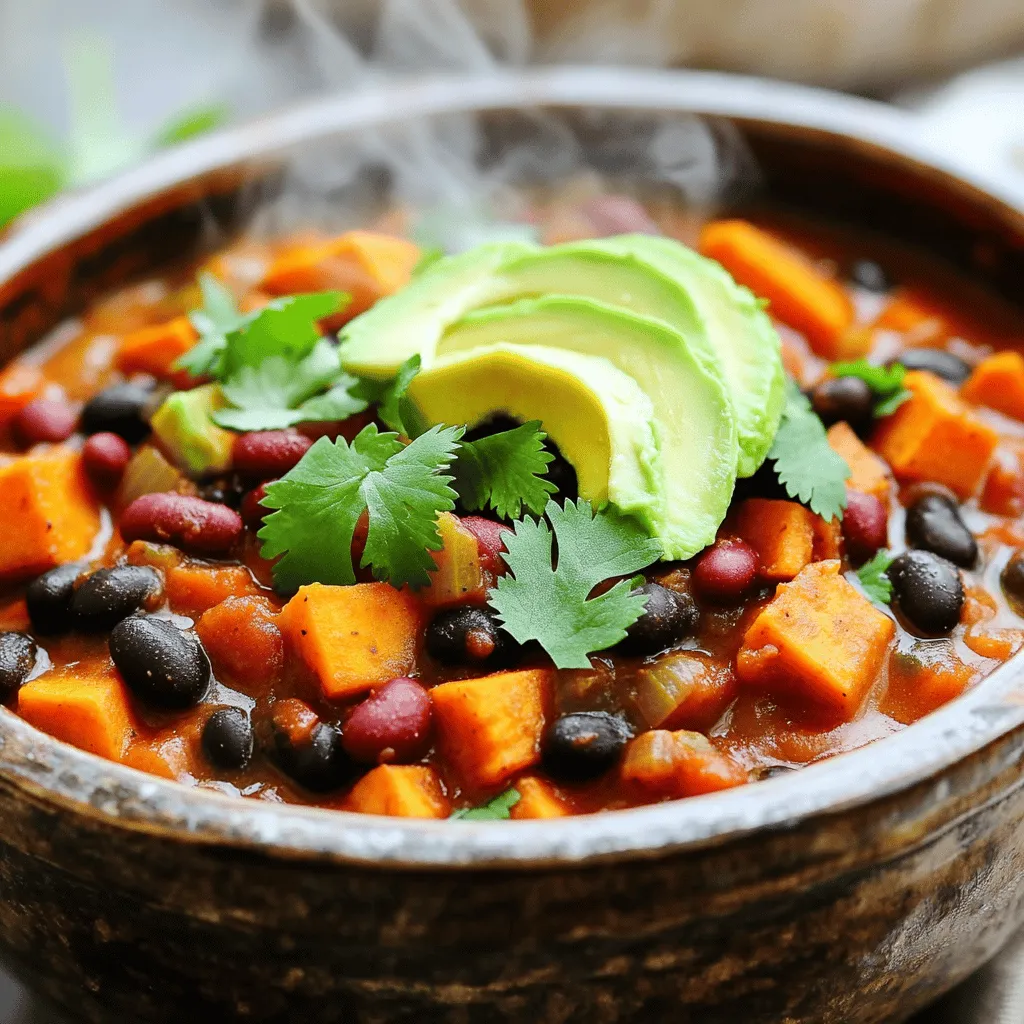 When making Vegan Sweet Potato Chili, the right ingredients make all the difference. Each one adds flavor and nutrition. Here’s what you need: - 2 medium sweet potatoes, peeled and diced into bite-sized pieces - 1 can (15 oz) black beans, drained and rinsed - 1 can (15 oz) kidney beans, drained and rinsed - 1 can (15 oz) diced tomatoes with green chilies - 1 red bell pepper, diced - 1 yellow onion, finely chopped - 3 cloves garlic, minced - 1 cup corn kernels (fresh or frozen) - 2 cups vegetable broth - 2 tablespoons chili powder - 1 tablespoon ground cumin - 1 teaspoon smoked paprika - Salt and pepper to taste - 2 tablespoons olive oil - Fresh cilantro and diced avocado for garnish (optional) This mix of ingredients brings out rich, hearty flavors. Sweet potatoes give a slight sweetness. The beans add protein and fiber, making this dish filling. The spices provide warmth and depth. You can find the Full Recipe included in this article to guide you through making this delicious meal. Sautéing the onion and garlic Begin by warming olive oil in a large pot over medium heat. When the oil shimmers, add chopped onion and minced garlic. Sauté them for about 3-4 minutes. You want the onion to become soft and see-through. This step builds a great base for flavor. Adding sweet potatoes and red bell pepper Next, toss in the diced sweet potatoes and red bell pepper. Stir well to mix with the onion and garlic. Cook for an additional 5 minutes. This helps soften the veggies and lets their flavors blend. Incorporating spices and seasoning Now, sprinkle in the chili powder, ground cumin, smoked paprika, salt, and pepper. Stir often for about a minute until the spices release their aroma. This step adds depth and warmth to your chili. Pouring in broth and blending ingredients Carefully pour the vegetable broth into the pot. Add the diced tomatoes with their juices, black beans, kidney beans, and corn. Stir everything until well mixed. This combines all the delicious ingredients. Simmering the chili Bring the chili to a gentle boil. Once it starts boiling, lower the heat and cover the pot. Let it simmer for 25-30 minutes. Stir occasionally to prevent sticking. Your sweet potatoes should become tender during this time. Adjusting consistency and flavor After simmering, taste your chili. Adjust the seasonings if needed. If you want a thicker chili, mash a few sweet potato pieces against the pot's side. This releases starch and thickens the mix. You can find the full recipe [here](Full Recipe). To make the best vegan sweet potato chili, start with sautéing. Heat olive oil in your pot before adding onion and garlic. This step builds a strong base of flavor. Cook them until the onion is soft and clear. This usually takes about 3-4 minutes. When it comes to seasoning, taste is key. After adding spices, let them cook for a minute. This helps release their flavors. If you find your chili too bland, add more chili powder or cumin. A pinch of salt can also enhance the taste. For consistency, you want a nice balance. If your chili is too thin, mash some sweet potato against the pot's side. This releases starch and thickens your dish. If it's too thick, add a splash of vegetable broth to loosen it up. Garnishing can take your chili to the next level. Fresh cilantro adds a burst of flavor. Diced avocado gives a creamy texture. Both are excellent choices to sprinkle on top. Pair your chili with sides to make it a full meal. Crusty bread is perfect for dipping. Homemade cornbread works well too, adding a touch of sweetness. For a light option, serve with a simple salad on the side. Enjoy experimenting with these ideas! {{image_4}} You can change the beans and legumes in this recipe. For instance, try using pinto beans or chickpeas. Each bean brings a unique flavor and texture. You can also mix them for a fun twist. Seasonal vegetables add great taste. In fall, add butternut squash or carrots. In spring, try zucchini or green beans. These swaps can brighten your chili and make it feel fresh. Fresh herbs or spices can lift your chili. Consider adding chopped cilantro or parsley right before serving. This adds a burst of flavor and color. If you like heat, add more chili powder or hot sauce. Start with a little, then taste. This way, you can find the right spice level for your taste. For the full recipe, check out the details above. Enjoy making your chili! To keep your vegan sweet potato chili fresh, follow these tips: - Refrigeration: Let the chili cool down before storing. Place it in an airtight container. It stays good in the fridge for up to 4 days. - Freezing: If you want to store it longer, freeze the chili. Use freezer-safe containers or bags. It can last up to 3 months in the freezer. Remember to leave some room for expansion. When you're ready to enjoy your leftover chili, here’s how to reheat it: - Methods for reheating: You can reheat it on the stove over low heat. Stir it often to heat evenly. If you prefer, use a microwave. Heat in short bursts, stirring in between. - Preventing loss of flavor and texture: Add a splash of vegetable broth or water to the pot if it’s too thick. This helps keep the chili moist and tasty. Stir well and enjoy your warm, hearty meal again! For the full recipe, check out the Vegan Sweet Potato Chili recipe above. To add heat to your Vegan Sweet Potato Chili, you can try a few methods. First, add more chili powder or smoked paprika to the mix. You can also include fresh jalapeños or red pepper flakes. If you love heat, drizzle in some hot sauce while cooking or just before serving. Adjust the spice level to fit your taste. Yes, you can use fresh sweet potatoes! Peel and dice them into small pieces. Fresh sweet potatoes will cook well in this recipe. You can also swap canned beans for dried beans. Just soak and cook them ahead of time. This gives you more control over the flavor and texture. Vegan Sweet Potato Chili pairs well with many sides. Try serving it with crusty bread or warm cornbread. You can also add a side salad for a fresh crunch. For a fun twist, top your chili with diced avocado and fresh cilantro. These toppings enhance the flavor and add a nice texture. Check out the Full Recipe for more ideas! You now have all the tools to make a delicious Vegan Sweet Potato Chili. We covered the key ingredients, including sweet potatoes, beans, and spices, to create wonderful flavor. I shared tips to perfect your chili, from sautéing techniques to serving ideas. You can even try different variations to make it your own. Now, get cooking! Enjoy this hearty dish as a warming meal. It’s healthy, tasty, and easy to share. Try it out and adjust the flavors to suit your taste!