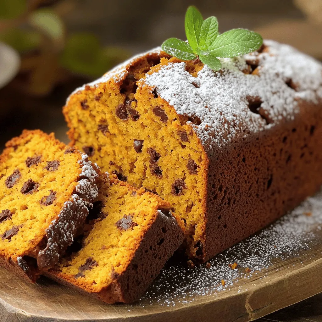 - 1 ½ cups all-purpose flour - 1 cup canned pumpkin puree - ½ cup granulated sugar - ½ cup brown sugar, packed - ½ cup vegetable oil - 2 large eggs To make my chocolate chip pumpkin bread, you need some key ingredients. The all-purpose flour gives the bread structure. Canned pumpkin puree adds moisture and flavor. Use granulated sugar and brown sugar to sweeten the bread. The vegetable oil keeps it soft and moist, while the eggs bind everything together. - 1 cup semi-sweet chocolate chips - ½ cup chopped walnuts or pecans For a special touch, add chocolate chips. They melt and make each slice rich and sweet. If you like nuts, toss in walnuts or pecans. They add a nice crunch. - ½ teaspoon baking soda - ½ teaspoon baking powder - 1 teaspoon ground cinnamon - ½ teaspoon ground nutmeg - ½ teaspoon salt Now, for the spices! Baking soda and baking powder help the bread rise. Cinnamon and nutmeg bring warmth and fall flavors. Don't forget the salt; it balances the sweetness. For the full recipe, check out the details above. Each ingredient plays a big role in creating a rich and flavorful delight. - Preheat the oven to 350°F (175°C). - Prepare a 9x5-inch loaf pan by greasing it lightly or lining it with parchment paper. - In a medium bowl, whisk together: - 1 ½ cups all-purpose flour - ½ teaspoon baking soda - ½ teaspoon baking powder - 1 teaspoon ground cinnamon - ½ teaspoon ground nutmeg - ½ teaspoon salt - Set this dry mix aside for later use. - In a large bowl, combine: - 1 cup canned pumpkin puree - ½ cup granulated sugar - ½ cup brown sugar - ½ cup vegetable oil - 2 large eggs - 1 teaspoon vanilla extract - Blend these wet ingredients until smooth and well mixed. - Gradually add the dry mixture to the wet ingredients. - Stir gently with a spatula until just combined. A few lumps are fine; don’t over-mix. - Carefully fold in: - 1 cup semi-sweet chocolate chips - Optional: ½ cup chopped walnuts or pecans - Ensure chips are evenly distributed in the batter. - Pour the batter into your prepared loaf pan, spreading it evenly. - Bake in the preheated oven for 60-70 minutes. A toothpick should come out clean when inserted into the center. - After baking, let it cool in the pan for about 10 minutes. Then, transfer the loaf to a wire rack to cool completely before slicing. For the full recipe, refer to the main article. - Avoid over-mixing for a tender loaf. - Baking time may vary based on your oven. Check for doneness with a toothpick. If it comes out clean, the bread is ready. - To make this recipe gluten-free, swap all-purpose flour with a gluten-free blend. Look for one that contains xanthan gum for the best texture. - For vegan options, replace the eggs with flax eggs. Mix one tablespoon of ground flaxseed with two and a half tablespoons of water and let it sit for a few minutes. Use a neutral oil or applesauce instead of vegetable oil. - Dust the top of the bread with powdered sugar for a sweet touch. - Serve warm slices with butter for a comforting experience. You can also add a sprinkle of cinnamon on top for extra flavor. {{image_4}} You can play with flavors in your chocolate chip pumpkin bread. I love adding seasonal spices, like cloves, to warm it up. Just mix in about 1/4 teaspoon of ground cloves with your dry ingredients. It adds a lovely depth and makes the bread feel cozy. If you want a twist, try substituting the chocolate chips with dried fruit. Dried cranberries or raisins work well. They add a nice chew and natural sweetness. You can even mix both chocolate and dried fruit for a fun combo! If you're looking for keto-friendly options, swap out the sugar. Use a sugar substitute like erythritol or stevia. This keeps the bread low in carbs while still being tasty. You can also replace the flour with almond flour for a gluten-free option. For those needing dairy-free choices, just use a dairy-free oil, like coconut or avocado oil. You can skip the chocolate chips or use dairy-free chocolate. This way, everyone can enjoy the bread without worry. Experimenting with unique ingredients can elevate your bread! Try incorporating other nut butters, such as almond or cashew butter. They add rich flavors and healthy fats. Just replace part of the oil with your chosen nut butter. Using alternative sweeteners can also make this bread special. You might try honey or maple syrup instead of granulated sugar. These options can bring a unique sweetness that pairs well with pumpkin. For the full recipe, check out Chocolate Chip Pumpkin Bread to get started! Store Chocolate Chip Pumpkin Bread in the pantry for up to four days. Keep it in an airtight container to maintain its soft texture. - Best practices for maintaining freshness: - Wrap the bread in plastic wrap. - Place it in a zip-top bag. - Avoid direct sunlight or heat. You can freeze Chocolate Chip Pumpkin Bread for up to three months. Freezing preserves its rich flavor and moistness. - How to thaw and reheat: - To thaw, move the bread to the fridge overnight. - For quicker thawing, leave it at room temperature for a few hours. - Reheat slices in the toaster or microwave for a warm treat. Chocolate Chip Pumpkin Bread lasts about a week at room temperature. If stored properly in the fridge, it can last up to two weeks. - Signs of spoilage: - Look for mold on the surface. - Check for an off smell or dry texture. - If it feels hard or crumbly, it’s time to toss it out. This bread is delicious, and knowing how to store it helps you enjoy it longer. For the full recipe, check out the details above! Yes, you can make this bread ahead of time. It stores well for a few days. To keep it fresh, wrap it tightly in plastic wrap or foil. You can also freeze it for up to three months. Just let it cool before wrapping it. You can check if your bread is done by inserting a toothpick into the center. If it comes out clean or with a few crumbs, your bread is ready. If the toothpick has wet batter on it, bake for a few more minutes. This bread is great on its own, but you can serve it with butter or cream cheese for extra flavor. You might also enjoy it with a cup of coffee or tea. For a fun twist, try it with a scoop of vanilla ice cream. To make this bread sugar-free, replace the granulated sugar and brown sugar with suitable sugar substitutes. You can use monk fruit sweetener or erythritol. Be sure to follow the conversion instructions on the package to get the right amount. Yes! You can enhance the pumpkin flavor by adding pumpkin spice. A teaspoon of pumpkin spice can boost the taste. You can also add a bit more pumpkin puree if you want a richer flavor. Just keep the total liquid balance in mind. For the Full Recipe, refer back to the ingredients and instructions to bake this delightful bread! In this recipe, you’ll make a moist and tasty chocolate chip pumpkin bread. The warm spices mix with the sweet chocolate and pumpkin. This bread is perfect for breakfast or a snack. - 1 ½ cups all-purpose flour - ½ teaspoon baking soda - ½ teaspoon baking powder - 1 teaspoon ground cinnamon - ½ teaspoon ground nutmeg - ½ teaspoon salt - 1 cup canned pumpkin puree - ½ cup granulated sugar - ½ cup brown sugar, packed - ½ cup vegetable oil - 2 large eggs - 1 teaspoon vanilla extract - 1 cup semi-sweet chocolate chips - Optional: ½ cup chopped walnuts or pecans This mix of ingredients creates a rich flavor. The pumpkin adds moisture, while the chocolate chips give a sweet touch. Pumpkin puree is key for this bread. It keeps the bread moist and flavorful. Always choose pure pumpkin, not pie filling. The spices blend well with the pumpkin taste. Start by preheating your oven to 350°F (175°C). Then, prepare a 9x5-inch loaf pan. Mix the dry ingredients in one bowl. In another bowl, combine the wet ingredients. Then, gently mix the dry and wet ingredients together. Be careful not to over-mix; small lumps are fine. Fold in the chocolate chips last. This way, they stay whole and melt slightly during baking. If you want, you can also add nuts for extra crunch. Pour the batter into the prepared pan and bake for 60-70 minutes. A toothpick inserted into the center should come out clean when it’s ready. Let it cool before slicing. For a lovely presentation, serve it on a nice platter. A dusting of powdered sugar adds sweetness. This treat is best enjoyed warm or with some butter. You now have a delicious Chocolate Chip Pumpkin Bread recipe. This bread combines simple ingredients like flour, pumpkin puree, and spices. Follow easy steps to make, bake, and enjoy it. Don’t forget my tips for storage and variations. You can adjust this recipe to fit your needs, whether you want it gluten-free or vegan. So grab some pumpkin and chocolate chips. You’re ready to create a tasty treat that everyone will love. Enjoy each bite of your warm, sweet bread!