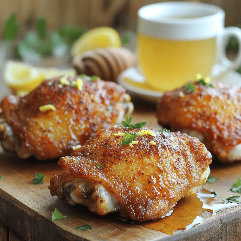 - Chicken thighs - Buttermilk - Fresh lemon zest - Lemon-flavored tea bags - All-purpose flour - Spices and seasoning - Vegetable oil - Garnish Where can you find these ingredients? Most items are at local grocery stores. Buttermilk and fresh lemon zest may be in specialty shops. Check online for lemon-flavored tea if your store doesn't carry it. For common substitutes, you can use yogurt instead of buttermilk. You can also skip lemon zest if you have lemon juice. The flavor won't be the same, but it will still be tasty. Use any chicken parts if you can't find thighs. Just adjust cooking time based on size. This Lemon Tea Fried Chicken recipe is simple and fun. You get to play with flavors and textures! - Start by boiling 1 cup of water in a small saucepan. - Once it boils, remove it from heat. - Add 2 lemon tea bags and steep for 5 minutes. - After steeping, take out the tea bags. - Let the brewed tea cool to room temperature. - In a large bowl, whisk together buttermilk, lemon zest, and cooled tea. - Add 4 chicken thighs, making sure they are fully covered. - Cover the bowl with plastic wrap. - Refrigerate for at least 2 hours, or overnight for best flavor. - In another bowl, mix 1 ½ cups flour, paprika, garlic powder, onion powder, cayenne, salt, and pepper. - Stir the mixture well, ensuring all spices are blended. - Once marinated, take the chicken out and let excess buttermilk drip off. - Dredge each piece in the flour mix, pressing lightly. - Place the coated chicken on a wire rack and let it rest for 10 minutes. - In a heavy skillet, pour about 2 inches of vegetable oil. - Heat oil to 350°F (175°C) on medium-high heat. - Carefully add coated chicken, skin side down. - Fry in batches to avoid overcrowding. - Cook for 7-8 minutes per side, until golden brown and the chicken reaches 165°F (74°C). - Once cooked, transfer chicken to a wire rack or paper towels to drain excess oil. - Let it rest for at least 5 minutes to keep it juicy. For the complete experience, check the Full Recipe. To get that crispy coating, use dry chicken. Pat it with paper towels before marinating. This helps the coating stick well. Use a seasoned flour mix, too. The spices enhance the flavor. Maintain the oil temperature at 350°F (175°C). Use a thermometer for accuracy. If the oil is too hot, the coating burns. If it's too cool, the chicken absorbs oil. Fry in batches. This keeps the temperature steady. Marinate your chicken for at least 2 hours. For best results, let it sit overnight. This allows the flavors to seep deep into the meat. The buttermilk makes the chicken tender. Add extra lemon zest to boost the lemon flavor. You can also include herbs like thyme or rosemary. This adds depth and freshness to the dish. Lemon Tea Fried Chicken pairs well with light side dishes. Try a fresh salad or classic coleslaw. The crunch and creaminess balance the crispy chicken. For drinks, serve iced tea or lemonade. These drinks complement the lemon flavor. A light beer or sparkling water can also be great choices. Enjoy your meal with friends or family for a delightful feast! {{image_4}} Want to turn up the heat? You can easily add spice to your Lemon Tea Fried Chicken. Just mix in more cayenne pepper or add crushed red pepper flakes to your flour coating. You can even use a spicy lemon tea blend for a unique kick. This variation is perfect for those who love bold flavors. The spicy notes will balance well with the lemony freshness. Trust me, this twist can make your fried chicken even more exciting! Herbs can take your chicken to the next level. You can swap lemon tea for other herbal teas. Try chamomile or mint for a different taste. Fresh herbs like thyme or rosemary can also add depth. Just chop them finely and mix them into your buttermilk marinade. This change will create a fragrant and tasty chicken dish that surprises your taste buds. Experimenting with herbs lets you craft flavors you love. You can choose different ways to cook your Lemon Tea Fried Chicken. Air frying gives you a healthier option. It needs less oil and still makes the chicken crispy. Just set your air fryer to 375°F (190°C) and cook the chicken for about 25 to 30 minutes. Flip halfway through for even cooking. If you prefer traditional frying, that’s great, too. This method gives you that classic crispy texture. Baking is another choice if you want a lighter meal. Preheat your oven to 400°F (200°C), place the chicken on a baking sheet, and bake for about 35 to 40 minutes. No matter the method, you’ll still enjoy that delightful lemon flavor! For the full recipe, check out [Full Recipe]. To keep your Lemon Tea Fried Chicken fresh, store it in the fridge. Place the chicken in an airtight container. Make sure it cools down before sealing it up. This way, it won’t trap steam, which can make the chicken soggy. The chicken stays good for 3 to 4 days in the fridge. Reheating is key to keeping it crispy. I recommend using an oven. Preheat your oven to 375°F (190°C). Place the chicken on a wire rack over a baking sheet. This lets air circulate around it, keeping it crispy. Heat for about 10 to 15 minutes, or until warmed through. You can also use an air fryer for a quicker option. If you want to freeze Lemon Tea Fried Chicken, first, let it cool completely. Wrap each piece in plastic wrap, then place them in a freezer-safe bag. Try to remove as much air as possible. This helps prevent freezer burn. You can freeze it for up to 3 months. When ready to eat, thaw in the fridge overnight before reheating. For the full recipe, visit the [Full Recipe]. Lemon Tea Fried Chicken is a unique dish that blends flavors of lemon and tea. The chicken soaks in a mix of buttermilk, lemon zest, and lemon tea. This gives it a bright, zesty flavor that is hard to resist. The result is crispy chicken with a hint of lemony goodness that makes it stand out. Check the internal temperature of the chicken. It should reach 165°F (74°C). You can use a meat thermometer for this. The chicken should also be golden brown and crispy on the outside. If the color looks good, but the heat is not right, keep cooking. Yes, you can! Marinating the chicken overnight allows the flavors to soak in deeper. This makes the chicken even more tasty. The longer it marinates, the juicier and more flavorful it becomes. Just make sure to keep it in the fridge. Lemon Tea Fried Chicken pairs well with many sides. You might enjoy it with a light side salad or some coleslaw. Other good options include mashed potatoes or corn on the cob. These sides balance the flavors and make a complete meal. Making lemon-flavored tea is simple. Just boil water and steep lemon tea bags for about five minutes. Remove the bags and let the tea cool. You can add fresh lemon slices for extra flavor. This tea is perfect for the marinade. You can use different cuts of chicken, like breasts or wings. Each cut will change the cooking time. Thighs stay juicier, while breasts cook faster. Just keep an eye on the temperature to ensure they cook properly. For more details on this recipe, check the Full Recipe. Lemon Tea Fried Chicken combines a unique zest with crispy goodness. You learned about the best ingredients, marinating techniques, and frying methods to achieve perfect results. Remember to consider variations and serving pairs to elevate your dish. Aim for crispy coating and flavorful meat. With proper storage and reheating, your leftovers can stay delicious. Enjoy this dish with family and friends, bringing them together over a delightful meal. Now, get cooking and savor every bite you create!