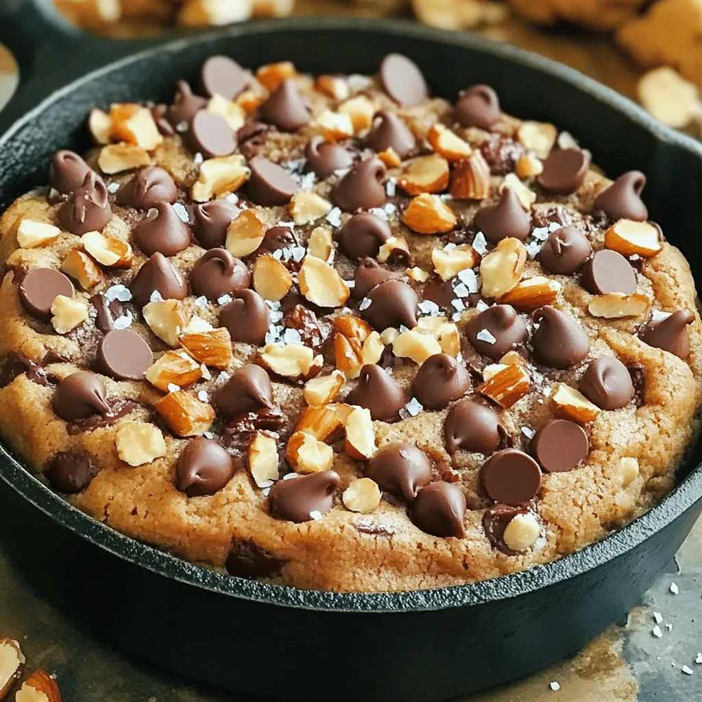 - 1 cup unsalted butter, softened - 3/4 cup brown sugar - 1/4 cup granulated sugar - 1 large egg - 1 extra egg yolk - 2 1/4 cups all-purpose flour - 1 teaspoon baking soda - 1/2 teaspoon fine sea salt - 1 cup semi-sweet chocolate chips - 1/2 cup chopped nuts (optional) - Flaky sea salt for garnish Gather these ingredients to make your chocolate chip cookie skillet. The butter provides rich flavor and a soft texture. The sugars add sweetness and help the cookie rise. The egg and yolk enrich the dough and keep it moist. Next, the dry ingredients work together to build structure. Flour gives the cookie its body. Baking soda helps it rise, while salt brings out the sweet flavors. For the fun part, add chocolate chips for that melty goodness. If you like, throw in some nuts for crunch. Finally, sprinkle flaky sea salt on top for a touch of flavor. This blend creates a cookie experience you can’t resist. Check out the Full Recipe for more details. - Preheat the oven to 350°F (175°C). This ensures even baking. - Cream the butter and sugars until fluffy. Use a mixer for the best texture. - Add egg, extra yolk, and vanilla to the mix. This adds richness and flavor. - Combine until smooth. A well-mixed dough makes for a better cookie. - Whisk flour, baking soda, and salt in a separate bowl. This helps even mixing. - Gradually combine with wet mix. Stir gently to keep the dough soft. - Fold in chocolate chips and nuts. This adds delicious bites of flavor. - Prepare the skillet by greasing it. Use butter or cooking spray for easy removal. - Spread dough evenly in the skillet. Use a spatula for a smooth surface. - Bake for 25-30 minutes. Look for golden edges and a soft center. - Cool slightly and sprinkle with sea salt. This brings out the sweet taste. - Slice and serve warm from the skillet. Enjoy with friends or family. For the complete experience, check the Full Recipe. Baking time can change with your oven. If it runs hot, check early. If it runs cool, add a few minutes. The goal is golden edges and a soft center. A toothpick is your best friend. Insert it in the middle to check for doneness. It should come out with a few moist crumbs. If it’s wet, bake a little more. Serve your warm cookie skillet with ice cream for a tasty treat. Vanilla or chocolate ice cream works great. Drizzle chocolate sauce on top for extra sweetness. You can also sprinkle chopped nuts or extra chocolate chips for added crunch. Fresh berries make a colorful touch, too. A cast iron skillet is perfect for baking this cookie. It holds heat well and gives a nice crust. If you don’t have one, use an oven-safe skillet. An electric mixer makes mixing easy. A good spatula helps spread the dough evenly. These tools will make your baking experience smoother. Find the [Full Recipe] for a delicious chocolate chip cookie skillet that’s easy to make! {{image_4}} You can easily switch up the flavor of your chocolate chip cookie skillet. Try using different types of chocolate. Dark chocolate adds a rich taste, while white chocolate gives a creamy touch. You can also mix them for a fun twist. Another way to enhance flavor is by adding extracts. Hazelnut or almond extracts can offer a unique taste. Just a teaspoon can change the whole vibe of the cookie. Experiment with these ideas to find your favorite! For those looking to make a healthier cookie, consider gluten-free substitutions. Use almond or coconut flour instead of all-purpose flour. This keeps the cookie tasty while catering to gluten-free diets. You can also reduce sugar or butter. Try using half the sugar. Or, replace butter with applesauce or Greek yogurt. These options help cut calories but still keep your cookie delicious. If you need nut-free options, skip the nuts in the recipe. The cookie will still be soft and sweet. You can also add seeds like sunflower or pumpkin seeds for a crunchy bite without nuts. For a vegan version, swap the egg for flaxseed meal mixed with water. Use a plant-based butter instead of regular butter. These simple swaps let you enjoy a cookie skillet that fits your dietary needs. Enjoy these variations to make your chocolate chip cookie skillet your own! For the complete recipe, check out the Full Recipe. To store leftover cookie skillet, let it cool first. Cover it tightly with plastic wrap or aluminum foil. You can also use an airtight container to keep it fresh. These containers help maintain the cookie's soft texture and flavor. For freezing, cut the cookie skillet into pieces. Wrap each piece in plastic wrap, then place them in a freezer-safe bag. This helps keep them fresh for up to three months. When ready to eat, thaw them in the fridge overnight. To reheat, pop them in a preheated oven at 350°F (175°C) for about 10-15 minutes. This will restore the warm, gooey center. The cookie skillet lasts about 3 to 5 days when stored properly at room temperature. Watch for signs of spoilage, like a dry texture or an off smell. If you see any mold, it's best to toss it. Enjoy your decadent chocolate chip cookie skillet while it’s fresh! For the full recipe, check the earlier section. It takes about 25 to 30 minutes to bake a chocolate chip cookie skillet. Your oven's heat can change baking time. To check if it's done, look for golden edges. The center should be soft but not raw. If you want a gooey center, bake it for 25 minutes. Yes, you can make the dough ahead of time! Mix it and store it in the fridge. Use an airtight container for best results. You can keep it for up to two days. When ready to bake, let the dough sit at room temp for 15 minutes. This helps it spread evenly in the skillet. If your cookie skillet is undercooked, don’t worry! You can pop it back in the oven for a few more minutes. Keep an eye on it to avoid burning. A toothpick can help check doneness. Insert it in the center; if it comes out wet, bake more. You can use different skillets, but cast iron works best. It holds heat well, giving an even bake. If using a non-stick skillet, ensure it is oven-safe. Avoid glass or ceramic as they can crack in high heat. Always grease your skillet to prevent sticking. You now have all the steps to make a delicious cookie skillet. Remember the main ingredients, the easy instructions, and the fun variations. Don’t forget the tips for perfecting your bake, storing leftovers, and answering common questions. A cookie skillet is fun to make and share. Explore new flavors and enjoy the warmth of fresh cookies. Baking shouldn't be complicated; it should be a joy. Dig in and savor every bite!