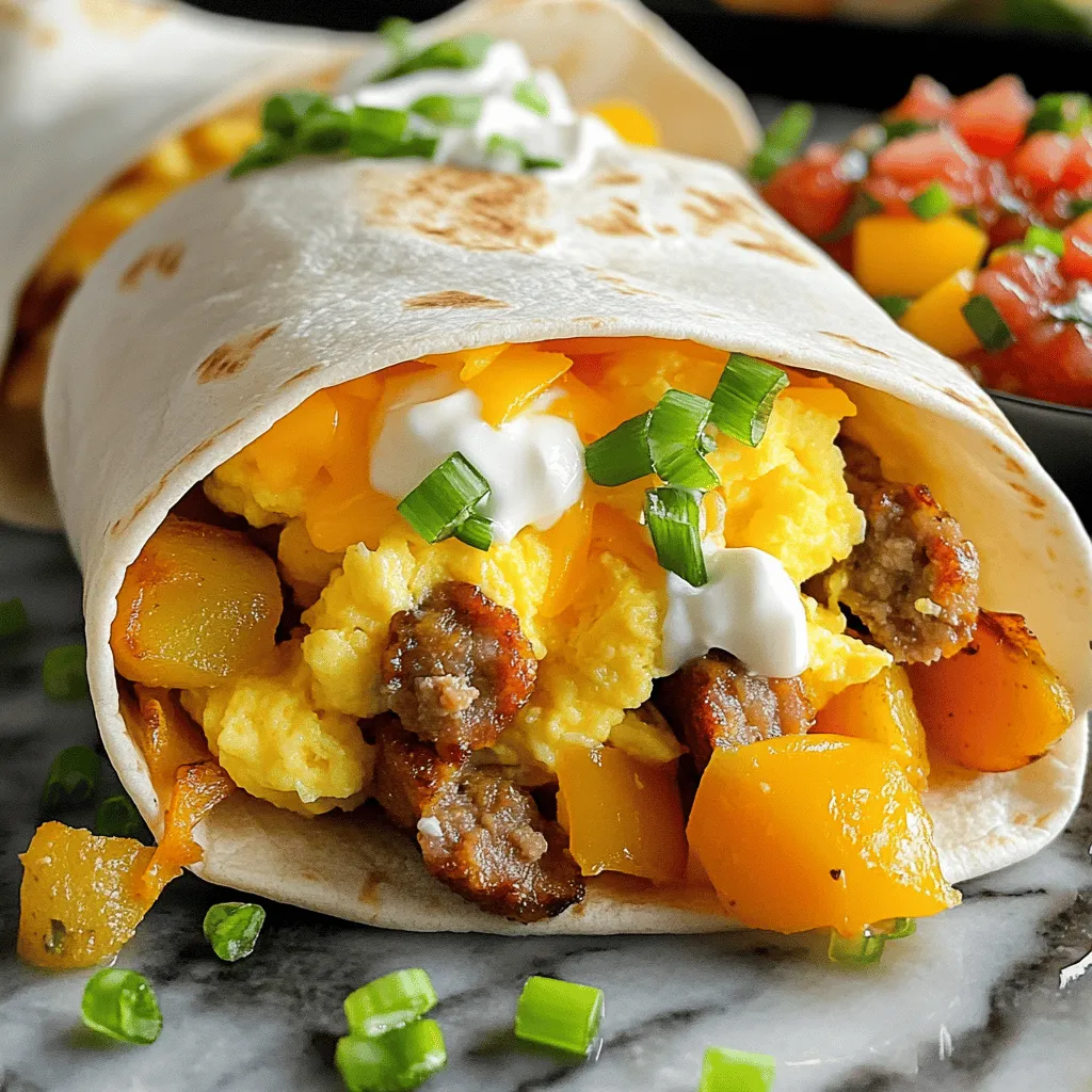 To make tasty breakfast burritos, you need some key ingredients. Here’s what you will need: - 4 large flour tortillas - 6 large eggs - 1/2 cup milk - 1 cup diced bell peppers (mix of red, yellow, and green) - 1 cup diced cooked potatoes (or frozen hash browns) - 1/2 cup shredded cheese (cheddar or pepper jack) - 1/2 cup cooked and crumbled breakfast sausage (pork or plant-based) - 1/4 cup green onions, finely sliced - 1 teaspoon smoked paprika - Salt and freshly ground black pepper to taste - 1 tablespoon olive oil You can always switch things up. Here are some great add-ins or swaps: - Swap the cheddar for feta cheese for a tangy taste. - Add spinach for extra greens and nutrients. - Use turkey sausage or bacon for a different meat option. - Try adding avocado for creaminess. - Substitute the milk with a non-dairy option like almond milk. Serving your burritos with sauces can elevate the dish. Here are my top picks: - Salsa for a fresh kick - Sour cream for creaminess - Hot sauce for added heat - Guacamole for a rich flavor These ingredients and options will help you create savory breakfast burritos that are quick and delicious. Check the full recipe for more details! Start by grabbing a large mixing bowl. In this bowl, whisk together the eggs, milk, smoked paprika, salt, and pepper. Mix until it looks smooth. This mixture will be your base for a rich, fluffy filling. Next, take a large skillet and heat the olive oil over medium heat. Add the diced bell peppers and cooked potatoes. Sauté these for about 5 minutes. Stir them occasionally. You want the peppers to be tender and bright. They add color and flavor to your burritos. Pour the egg mixture into the skillet with the veggies. Stir gently to mix everything. Let it cook undisturbed for about 2 minutes. Then, stir occasionally until the eggs are just set. This should take around 5 to 7 minutes. You want the eggs to be soft, not dry. When your eggs are cooked, take the skillet off the heat. Fold in crumbled sausage, shredded cheese, and chopped green onions. Mix until the cheese melts. Now, warm the tortillas in a dry skillet or microwave. Place a scoop of the egg mixture in the center of each tortilla. Roll them up tightly, tucking the sides in. For a crispy finish, place the burritos seam-side down in the skillet. Cook them over medium heat for 2 to 3 minutes on each side. Look for a golden-brown color on the tortillas. This step adds great texture and flavor to your burritos. You can find the full recipe for these savory breakfast burritos above. Enjoy your cooking! To get the best results with your savory breakfast burritos, follow these techniques: - Use fresh ingredients. Fresh veggies add flavor and color. - Cook on medium heat. This helps the eggs cook evenly without burning. - Stir gently. Avoid over-stirring. This keeps the eggs fluffy and light. - Don’t rush. Let the eggs set slightly before stirring again. These tips ensure a delicious and perfectly cooked filling. You can make your burrito unique by changing the filling. Here are some ideas: - Use different cheeses. Try goat cheese or feta for a twist. - Add spices. Mix in chili powder for heat or cumin for depth. - Include more veggies. Spinach, mushrooms, or zucchini work well. - Try different proteins. Substitute bacon or tofu for the sausage. Get creative! Your burrito can reflect your tastes and preferences. Wrapping a burrito well keeps everything inside. Here’s how to do it: - Warm the tortilla. A warm tortilla is easier to fold. - Use the right amount of filling. Too much filling makes it hard to wrap. - Fold the sides in first. This keeps the filling secure as you roll. - Roll tightly. Start from the bottom and roll up while tucking in the sides. These steps help you achieve a neat and tasty burrito every time. {{image_4}} You can easily make vegetarian breakfast burritos. Swap out the sausage for black beans or sautéed mushrooms. Add more veggies like spinach or zucchini for extra flavor. If you want a vegan option, replace the eggs with scrambled tofu. Use plant-based cheese for a creamy touch. To spice things up, add jalapeños or hot sauce to the egg mixture. You can also use spicy sausage or chorizo for a kick. If you prefer milder flavors, skip the spicy ingredients. Try sweet peppers instead for a balanced taste. Get creative with your flavor choices! You can mix in fresh herbs like cilantro or parsley for a burst of freshness. Try adding different cheeses, such as feta or goat cheese, for a unique twist. You can even make a Mediterranean version by using olives and sun-dried tomatoes. Use the Full Recipe as a base, and let your taste buds guide you! To keep your breakfast burritos fresh, wrap each one in plastic wrap or foil. Place them in an airtight container or a zip-top bag. Store them in the fridge. They stay good for up to three days. Make sure to label your containers with the date. This way, you know when to eat them. You can freeze breakfast burritos for later. Wrap each burrito tightly in plastic wrap, then in foil. Put them in a freezer-safe bag. They can last for up to three months. When you’re ready to eat, take one out. Unwrap it and place it on a plate. Microwave it for about 2-3 minutes, or until heated through. You can also bake them in the oven at 350°F (175°C) for about 20 minutes. This keeps the tortilla nice and crispy. Food safety is very important. Always wash your hands before handling food. Make sure to cook eggs until they are firm. This helps kill any germs. Never leave cooked food out at room temperature for more than two hours. If you’re unsure about the freshness, throw it away. It’s better to be safe than sorry. Enjoy your savory breakfast burritos without worry! If you need an egg substitute, consider using tofu. Silken tofu works well. You can also try chickpea flour mixed with water. This mix mimics the texture of eggs when cooked. Yes, you can make breakfast burritos in advance. Prepare the filling, then wrap the burritos and store them. Place them in the fridge for up to three days. For longer storage, freeze them. To check if the eggs are done, look for a firm texture. They should not be runny. The color should be bright yellow. A good rule is to cook them for 5-7 minutes, stirring gently. Flour tortillas are best for breakfast burritos. They are soft and flexible. Corn tortillas can work too, but they may crack when rolled. Choose a size that fits your filling amount. To reheat frozen burritos, unwrap them first. Microwave them for about 2-3 minutes on high. Alternatively, bake them in an oven at 350°F for 20-25 minutes. This method keeps them warm and tasty. For more details on creating these delicious burritos, check out the Full Recipe. In this post, we explored tasty breakfast burritos, starting with key ingredients. I shared steps for preparing the egg mixture and sautéing vegetables. We discussed tips for customizing and wrapping your burritos. I also highlighted easy ways to store leftovers and reheat them. Remember, breakfast burritos can be fun and flexible. Try new flavors or tweak ingredients to suit your taste. With these simple tips and recipes, you'll enjoy the perfect burrito every time. Make your mornings delicious!