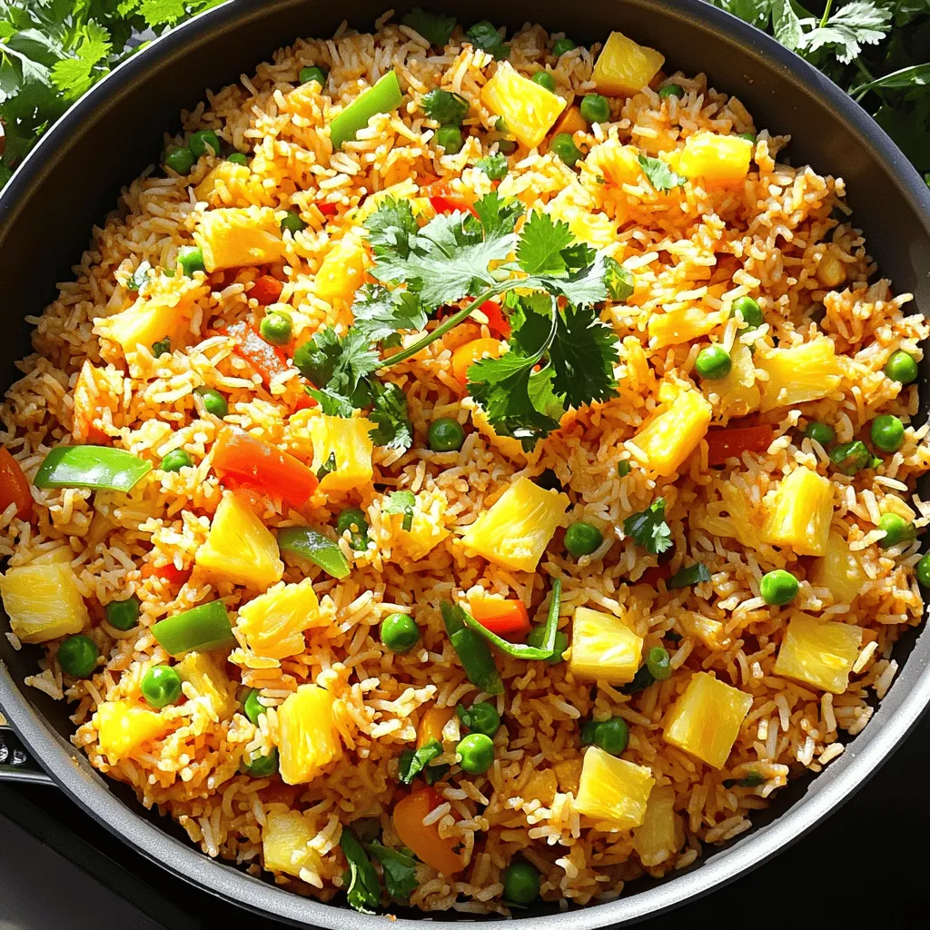 - 2 cups cooked jasmine rice - 1 cup creamy coconut milk - 1/2 cup diced fresh or canned pineapple - 1/2 cup peas - 1/2 cup diced bell pepper - 2 green onions - 2 cloves garlic - 2 tablespoons soy sauce - 1 tablespoon vegetable oil - 1 teaspoon toasted sesame oil - Salt and black pepper - Fresh cilantro for garnish For this fried rice, you want to use cooked jasmine rice. Chilled day-old rice works best. It gives the dish great texture. Freshly cooked rice can become mushy. Coconut milk adds a creamy twist. You can use canned or fresh pineapple. The sweetness of the pineapple balances the dish. Fresh peas bring color and sweetness, too. Bell peppers add crunch and flavor. Green onions give a nice finish. Garlic enhances the overall taste. - For jasmine rice, you can use basmati or brown rice. Both will work well. - If you need a substitute for coconut milk, try almond milk or soy milk. - For pineapple, you can swap it with mango or diced peaches. - This dish can be made gluten-free by using tamari instead of soy sauce. - For a vegan option, ensure all ingredients are plant-based. - Heat a large skillet over medium heat. - Pour in the vegetable oil and let it warm for about a minute. - Add the minced garlic and sauté for 30 seconds. Stir to keep it from burning. This step brings out a wonderful aroma. - Add the diced bell pepper to the skillet. - Cook for 2-3 minutes. You want the pepper to be tender but still crisp. - Now, gently mix in the cooked jasmine rice. - Use a spatula to break up any clumps. - Pour the coconut milk and soy sauce over the rice. Stir well to combine. Let it simmer for 3-4 minutes. This helps the rice soak up the flavors. - Add the diced pineapple and peas to the skillet. Stir gently to keep the pineapple intact. - Cook for another 2-3 minutes until everything is heated through. - Drizzle the toasted sesame oil over the rice. Mix well to spread the nutty taste. Season with salt and black pepper as you like. - Remove the skillet from heat. Fold in the sliced green onions. Do this gently for even distribution. - Serve the Tropical Coconut Fried Rice hot. Garnish with fresh cilantro leaves. Serve in bowls or on a platter. A lime wedge on the side adds a nice touch before eating. Using day-old rice makes the best fried rice. The grains dry out a bit in the fridge. This helps them fry better and not clump together. When you cook the rice, let it cool and store it in the fridge. If you forget, spread fresh rice on a tray to cool it down. Heat your pan before adding oil. A hot skillet or wok helps get that nice browning. Use medium-high heat, as it keeps everything moving. Stir-fry quickly, tossing the rice often. This helps each grain get that golden color and flavor. Soy sauce is a must, but you can adjust it. Add more for a saltier taste or less if you want it lighter. Try adding spices like ginger or herbs like cilantro for extra flavor. A squeeze of lime juice right before serving can brighten it up. {{image_4}} To make your fried rice even more fun, try adding some tropical fruits. You can use mango, kiwi, or even diced papaya. These fruits add a sweet touch and a splash of color. For extra crunch, toss in some shredded carrots or snap peas. They bring great texture and flavor to the dish. Want to make your fried rice heartier? You can add protein like chicken, shrimp, or tofu. If you use chicken, cut it into small pieces. Cook it for about 5 minutes before adding the rice. Shrimp cooks quickly, just 2-3 minutes on medium heat is enough. For tofu, make sure it's firm. Sauté it for about 5 minutes until it’s golden. You can give your fried rice a fun twist by changing flavors. For an Asian-style version, add some soy sauce and sesame seeds. A splash of rice vinegar can brighten it up. To try a Caribbean twist, mix in jerk seasoning and black beans. These changes will give your dish a whole new vibe. To keep your fried rice fresh, store it in an airtight container. Place it in the fridge within two hours of cooking. This helps prevent bacteria growth. When you’re ready to eat, reheat the rice in a pan over medium heat. Stir often to warm it evenly. You can also use the microwave, but cover it to keep moisture in. Freezing fried rice is a smart way to save extra servings. First, let the rice cool completely. Then, pack it into freezer-safe bags. Try to remove as much air as you can. This helps prevent freezer burn. When you want some, take it out and thaw it overnight in the fridge. For quick meals, you can cook it straight from frozen, adding a bit of water as you heat it. Fried rice can last about 3 to 4 days in the fridge. Always check for signs of spoilage before eating. Look for off smells or a change in texture. If it smells sour or looks slimy, it’s best to toss it. Keeping track of how long it's been in the fridge can help you enjoy it safely. For more details, check the Full Recipe for Tropical Coconut Fried Rice 🥥. Yes, you can use frozen rice. Make sure to thaw it first. Frozen rice may need a few extra minutes to cook, so keep an eye on it. The texture might be a bit softer, but it still works well. You can skip soy sauce and use other flavors. Try coconut aminos or tamari for a gluten-free option. Adding lime juice or extra spices can also enhance the taste. You can even use broth for a savory kick. A wok is ideal for frying rice. Its shape allows for even heat and easy stirring. A large skillet can also work if you don’t have a wok. Just make sure it has enough space for all the rice. To add spice, include chopped chili peppers or sriracha. You can also use red pepper flakes or hot sauce. Start with a small amount and adjust to your taste. Spice blends like curry powder can also give it a kick. Yes, you can prepare fried rice ahead of time. Just cool it down and store it in the fridge. It can last for up to three days. Reheat it in a skillet or microwave before serving. - Link to Full Recipe: Tropical Coconut Fried Rice 🥥 This article covered how to make a tasty tropical coconut fried rice dish. We explored the key ingredients, and I shared step-by-step instructions. You learned useful tips for texture and flavor. I also outlined variations and storage methods to keep your dish fresh. In conclusion, this recipe is flexible and fun. You can mix and match ingredients to fit your tastes. Enjoy this easy meal any time, and share it with friends!