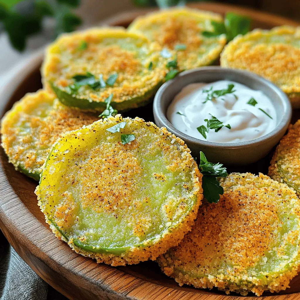 To make the most delicious oven-fried green tomatoes, gather the following ingredients: - 4 large green tomatoes - 1 cup all-purpose flour - 2 large eggs - 1 cup cornmeal - 1 teaspoon garlic powder - 1 teaspoon onion powder - ½ teaspoon paprika - Salt and pepper to taste - Cooking spray or olive oil Using fresh, firm green tomatoes makes a big difference in taste and texture. The flour, eggs, and cornmeal create a crispy crust. The spices add extra flavor, making every bite a delight. I love using garlic and onion powder for that savory kick. Paprika gives a hint of smokiness that rounds out the taste. Make sure to have everything ready before you start. This will help you work quickly and keep the process smooth. Remember, the quality of your ingredients matters. Using fresh items will enhance the flavor of your crispy snack. You can find the full recipe with detailed steps to follow along. Enjoy the fun of making this classic dish! Start by preheating your oven to 425°F (220°C). This step ensures even cooking. While the oven heats, line a large baking sheet with parchment paper. The paper helps with easy cleanup and prevents sticking. Next, set up your breading station. In a shallow bowl, place the all-purpose flour. Add salt, pepper, garlic powder, and onion powder to the flour. Mix well. In another shallow bowl, beat the eggs until smooth. Finally, in a third bowl, mix the cornmeal with paprika and a pinch of salt. Now it's time to coat the tomato slices. Take each slice and dredge it in the seasoned flour. Make sure each slice is well-coated. Gently shake off any excess flour. Then, dip the floured slice into the beaten eggs. Let any extra egg drip back into the bowl. This helps the cornmeal stick better. After that, transfer the egg-coated slice to the cornmeal mixture. Press gently to ensure a good coating. Repeat this for all the slices. Lay the coated tomato slices flat on the prepared baking sheet. Make sure they are not too crowded. Once all slices are arranged, lightly spray the tops with cooking spray or drizzle with olive oil. This helps them get crispy while baking. Place the baking sheet in the preheated oven and bake for 25-30 minutes. Flip the tomatoes halfway through. This ensures they turn golden brown and crispy on both sides. After baking, let the crispy green tomatoes cool for a couple of minutes on the baking sheet. This resting time helps keep them crispy. Enjoy your oven-fried green tomatoes as a tasty snack or appetizer. For the complete process, refer to the Full Recipe. To get that perfect crunch, start with dry tomatoes. Pat them with a paper towel to remove moisture. This step helps the breading stick well. Use a mix of cornmeal and flour for a great texture. Also, spray the tops with cooking spray or drizzle olive oil before baking. This adds crunch and flavor. Flip the tomatoes halfway for even crisping. These crispy green tomatoes work well as a snack or side dish. Serve them hot right from the oven. They pair perfectly with a creamy dip like ranch or spicy remoulade. You can also use them in a sandwich for a tasty twist. Try serving them alongside grilled meats or fresh salads for a balanced meal. Make your dish look bright and fresh. Sprinkle chopped parsley or chives on top before serving. You can add a squeeze of lemon juice for a zesty kick. For extra flair, try crumbled feta or shaved Parmesan. These toppings boost flavor and make your dish more appealing. For full details, check out the Full Recipe. {{image_4}} To add some heat, make spicy oven-fried green tomatoes. You can mix cayenne pepper into the cornmeal. Start with 1/4 teaspoon, then adjust to your taste. You can also use spicy paprika for a milder kick. This little change makes a big difference in flavor! If you need a gluten-free version, swap out regular flour and cornmeal for gluten-free alternatives. Use a gluten-free all-purpose flour and a gluten-free cornmeal blend. These simple swaps keep the crunch you love while making the dish safe for everyone. For a rich twist, try cheese-stuffed green tomatoes. Slice the tomatoes as usual but scoop out a bit of the center. Fill this space with a blend of cream cheese and your favorite herbs. Then coat and bake as usual. The melted cheese will add a delicious, gooey surprise inside each bite. You can find the full recipe at the beginning of this article. Enjoy trying these tasty variations! After enjoying your oven-fried green tomatoes, store the leftovers in an airtight container. Place a paper towel at the bottom to absorb moisture. This helps keep them crisp. Store the container in the fridge for up to three days. To reheat your green tomatoes, preheat your oven to 375°F (190°C). Place the leftover tomatoes on a baking sheet. Bake for about 10-15 minutes until they are hot and crispy again. Avoid using the microwave, as it can make them soggy. If you want to freeze your oven-fried green tomatoes, allow them to cool completely. Place them in a single layer on a baking sheet and freeze for about an hour. After they are firm, transfer them to a freezer-safe bag. They can last up to three months in the freezer. When ready to eat, bake them directly from frozen without thawing. Enjoy them as a tasty snack later! For oven-frying, green tomatoes work best. They are firm and tart. Look for firm, unripe tomatoes. Varieties like Cherokee Green or Green Zebra are great choices. Their unique taste adds a special flavor to the dish. You can use ripe tomatoes, but the texture changes. Ripe tomatoes are softer and may not hold up well while cooking. They can get mushy and lose crispness. If you choose ripe ones, pick slightly firmer varieties. This will help maintain some structure when baking. This recipe is already vegetarian-friendly! It uses eggs for coating, which is fine for most diets. If you want a vegan option, replace the eggs with a mixture of flour and water or a plant-based egg substitute. This will help the cornmeal stick well. Oven-fried green tomatoes are done when they turn golden brown and crispy. Bake them for 25-30 minutes, flipping halfway. You can check by gently pressing a slice. If it feels firm and has a crispy crust, it’s ready. Enjoy them while warm for the best taste! This article shared a simple recipe for crispy oven-fried green tomatoes. We covered ingredients, step-by-step directions, and tips for extra crunch. You now know how to store leftovers and even explore variations like spicy or gluten-free options. Remember, cooking is all about fun and trying new things. Enjoy making this dish and impressing your friends with your skills. Happy cooking!