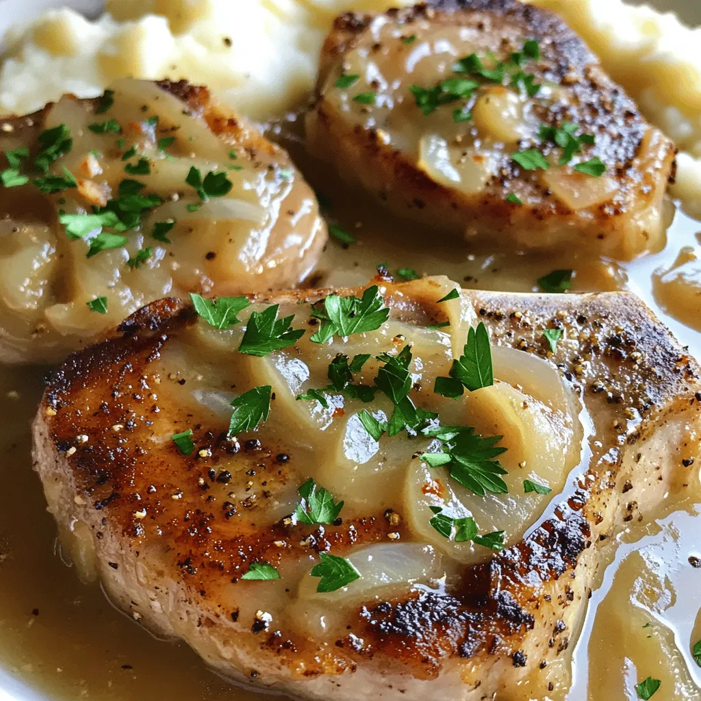 - 4 bone-in pork chops (approximately 1 inch thick) - Salt and freshly ground pepper, to taste - 2 tablespoons extra virgin olive oil - 1 medium onion, thinly sliced - 2 cloves of garlic, minced - 1 cup low-sodium chicken broth - 1 tablespoon Worcestershire sauce - 1 teaspoon dried thyme - 1 teaspoon smoked paprika - 1 cup heavy cream - 1 tablespoon cornstarch mixed with 2 tablespoons cold water (optional, for thickening) - Fresh parsley, finely chopped (for garnish) You can add a few extra ingredients to boost taste. For a tangy twist, try adding a splash of lemon juice. A dash of hot sauce can bring some heat. If you prefer a sweeter sauce, consider adding a tablespoon of honey or brown sugar. You can swap some ingredients for different flavors. Use boneless chops if you like. Chicken broth can be replaced with vegetable broth for a lighter option. Instead of heavy cream, you can use coconut milk for a dairy-free version. If you want less salt, use low-sodium options for all broth and sauces. First, take your pork chops and pat them dry with a paper towel. This helps the seasoning stick better. Then, rub salt and pepper on both sides of the chops. Don’t be shy with the seasoning; it adds great flavor. Let the chops sit for a few minutes. This step allows the salt to penetrate the meat. Next, heat two tablespoons of extra virgin olive oil in a large skillet over medium-high heat. When the oil shimmers, it's time to add your pork chops. Sear each chop for about 4-5 minutes on each side. You want a nice golden brown crust. This crust locks in the juices and adds flavor. Once done, remove the chops and place them on a plate. In the same skillet, add the sliced onions. Sauté them for 3-4 minutes until they become soft and clear. Now, add the minced garlic and cook for another minute. The garlic should smell fragrant. Pour in one cup of low-sodium chicken broth and one tablespoon of Worcestershire sauce. Use a wooden spoon to scrape any tasty bits stuck on the skillet. Stir in one teaspoon of dried thyme and one teaspoon of smoked paprika. Let this mixture simmer gently. After a few minutes, return the pork chops to the skillet. Spoon some of that delicious sauce over each chop. Cover the skillet with a lid and lower the heat. Allow the chops to simmer for about 15 minutes. This helps the meat absorb the flavors. After 15 minutes, remove the lid and stir in one cup of heavy cream. If you want a thicker sauce, mix one tablespoon of cornstarch with two tablespoons of cold water and add it now. Let it cook for an additional five minutes. Taste the sauce and adjust the seasoning if needed. Finally, place each chop on a plate, spoon the creamy sauce over them, and enjoy! For a colorful touch, garnish with finely chopped fresh parsley. You can also serve these chops with fluffy mashed potatoes or rice to soak up that rich sauce. To get a great sear, start with a hot skillet. Heat your olive oil until it shimmers. This means it is ready. Place the pork chops in the pan without crowding. This helps them brown nicely. Cook for about four to five minutes on each side. Watch for a golden crust. It adds flavor and texture to your dish. Simmering is key for tender pork chops. After searing, return the chops to the skillet. Cover them and reduce the heat. This slow cooking makes the meat juicy. The sauce also adds flavor. Let them cook for about 15 minutes. This step is crucial for a rich, tasty meal. One mistake is not seasoning enough. Salt and pepper enhance the pork's flavor. Another mistake is moving the meat too soon. Let the chops sear without flipping them too early. Lastly, don’t skip the simmering step. It keeps the pork tender and juicy. Follow these tips for the best result in your delicious smothered pork chops. {{image_4}} You can easily switch up flavors in your smothered pork chops. Try using different herbs and spices. For a fresh taste, use rosemary or sage. These herbs add depth and richness. If you like heat, add cayenne or chili powder. For a sweet touch, cinnamon can bring warmth. Experimenting with spices can change the dish completely. The cream sauce is key to this dish, but you can change it. Instead of heavy cream, try sour cream for a tangy kick. Greek yogurt is also a great light option. It adds creaminess without the extra fat. For a dairy-free choice, use coconut milk. It gives a unique flavor and keeps it rich. You can make this meal fit dietary needs. For a low-fat option, use lean pork chops. You can also reduce the amount of cream. Use more broth and less cream for a lighter sauce. Add veggies like mushrooms or spinach to boost nutrition. This way, you keep the taste while making it healthier. For more detailed steps on making these variations, check out the Full Recipe! To keep your smothered pork chops fresh, store them in an airtight container. This helps prevent moisture loss and keeps the meat juicy. Make sure to let the pork chops cool to room temperature before placing them in the fridge. This avoids condensation, which can lead to sogginess. Properly stored, they can last up to three days in the refrigerator. To reheat your pork chops, use the oven or stovetop. For the oven, preheat it to 350°F (175°C). Place the chops in a baking dish, cover with foil, and heat for about 15-20 minutes. If you prefer the stovetop, warm them in a skillet over medium heat. Add a splash of chicken broth to keep them moist. Heat until they are warmed through, about 5-7 minutes. You can freeze leftover smothered pork chops for up to three months. Wrap each chop tightly in plastic wrap, then place them in a freezer bag. Remove as much air as possible to avoid freezer burn. When you’re ready to eat, thaw them in the fridge overnight. Reheat as mentioned above. This method keeps the flavors intact and makes your meal quick and easy later on. You can serve many sides with smothered pork chops. Here are some great options: - Fluffy mashed potatoes - Fragrant rice - Steamed green beans - Roasted vegetables - Creamy coleslaw These sides balance the rich sauce and make your meal complete. To add spice to your pork chops, try these tips: - Add cayenne pepper to the seasoning mix. - Use hot sauce in the cream sauce. - Mix in diced jalapeños while cooking the onions. - Swap smoked paprika for regular paprika. These adjustments will give your dish a nice kick. Yes, you can use a slow cooker! Follow these steps: 1. Sear the pork chops first for flavor. 2. Place them in the slow cooker. 3. Add the sautéed onions, garlic, broth, and seasonings. 4. Cook on low for 6-8 hours. 5. Stir in the cream before serving. This method makes the pork chops super tender and tasty. The recipe for delicious smothered pork chops is easy and rewarding. You will create a rich and creamy sauce that pairs perfectly with tender pork. Here’s a closer look at what you need and how to make this meal shine. <strong>Ingredients:</strong> – 4 bone-in pork chops (approximately 1 inch thick) – Salt and freshly ground pepper, to taste – 2 tablespoons extra virgin olive oil – 1 medium onion, thinly sliced – 2 cloves of garlic, minced – 1 cup low-sodium chicken broth – 1 tablespoon Worcestershire sauce – 1 teaspoon dried thyme – 1 teaspoon smoked paprika – 1 cup heavy cream – 1 tablespoon cornstarch mixed with 2 tablespoons cold water (optional, for thickening) – Fresh parsley, finely chopped (for garnish) This dish takes about 35 minutes from start to finish. You will serve four people with this recipe. The first step is to season the pork chops with salt and pepper. This step is important for flavor. Next, heat olive oil in a large skillet over medium-high heat. Sear the pork chops for about 4-5 minutes on each side until they are golden brown. Remove them from the skillet and let them rest on a plate. Now, it’s time to sauté the onions. Add sliced onions to the same skillet. Cook them for 3-4 minutes until they are soft. Add minced garlic and cook for another minute. The smell will be amazing! Then, pour in the chicken broth and Worcestershire sauce. Be sure to scrape the bottom of the skillet to get all the flavors. Add dried thyme and smoked paprika, letting it simmer gently. Return the pork chops to the skillet, spooning some sauce over them. Cover the skillet and reduce the heat to low. Let it simmer for about 15 minutes. This helps the pork become tender and flavorful. After simmering, pour in the heavy cream. Stir it gently to mix with the sauce. If you want a thicker sauce, add the cornstarch slurry now. Let it cook for another 5 minutes. Taste the sauce and adjust the seasoning. Finally, serve the pork chops on plates with that creamy sauce on top. Don’t forget to garnish with fresh parsley. This dish goes great with mashed potatoes or rice to soak up the sauce. Get ready for a delicious meal that everyone will love! In this post, we explored how to make delicious smothered pork chops, from ingredient choices to cooking tips. You learned about key ingredients, how to properly sear the chops, and simple storage tips. Remember, with the right techniques, you can make this dish flavorful and tender. Don’t hesitate to try different herbs or sauces based on your taste. I hope you feel ready to create your own tasty version of smothered pork chops!” /></p>
</p>
<h2>Variations</h2>
</p>
<h3>Flavor Variations Using Different Herbs and Spices</h3>
<p>You can easily switch up flavors in your smothered pork chops. Try using different herbs and spices. For a fresh taste, use rosemary or sage. These herbs add depth and richness. If you like heat, add cayenne or chili powder. For a sweet touch, cinnamon can bring warmth. Experimenting with spices can change the dish completely.</p>
</p>
<h3>Alternative Cream Sauces</h3>
<p>The cream sauce is key to this dish, but you can change it. Instead of heavy cream, try sour cream for a tangy kick. Greek yogurt is also a great light option. It adds creaminess without the extra fat. For a dairy-free choice, use coconut milk. It gives a unique flavor and keeps it rich.</p>
</p>
<h3>Modifying for Dietary Preferences (e.g., low-fat options)</h3>
<p>You can make this meal fit dietary needs. For a low-fat option, use lean pork chops. You can also reduce the amount of cream. Use more broth and less cream for a lighter sauce. Add veggies like mushrooms or spinach to boost nutrition. This way, you keep the taste while making it healthier.</p>
</p>
<p>For more detailed steps on making these variations, check out the Full Recipe!</p>
</p>
<h2>Storage Info</h2>
</p>
<h3>Best Practices for Storing Leftover Pork Chops</h3>
<p>To keep your smothered pork chops fresh, store them in an airtight container. This helps prevent moisture loss and keeps the meat juicy. Make sure to let the pork chops cool to room temperature before placing them in the fridge. This avoids condensation, which can lead to sogginess. Properly stored, they can last up to three days in the refrigerator.</p>
</p>
<h3>How to Reheat Smothered Pork Chops Properly</h3>
<p>To reheat your pork chops, use the oven or stovetop. For the oven, preheat it to 350°F (175°C). Place the chops in a baking dish, cover with foil, and heat for about 15-20 minutes. If you prefer the stovetop, warm them in a skillet over medium heat. Add a splash of chicken broth to keep them moist. Heat until they are warmed through, about 5-7 minutes.</p>
</p>
<h3>Freezing Instructions and Tips</h3>
<p>You can freeze leftover smothered pork chops for up to three months. Wrap each chop tightly in plastic wrap, then place them in a freezer bag. Remove as much air as possible to avoid freezer burn. When you’re ready to eat, thaw them in the fridge overnight. Reheat as mentioned above. This method keeps the flavors intact and makes your meal quick and easy later on.</p>
</p>
<h2>FAQs</h2>
</p>
<h3>What can I serve with Delicious Smothered Pork Chops?</h3>
<p>You can serve many sides with smothered pork chops. Here are some great options:</p>
<p>– Fluffy mashed potatoes</p>
<p>– Fragrant rice</p>
<p>– Steamed green beans</p>
<p>– Roasted vegetables</p>
<p>– Creamy coleslaw</p>
<p>These sides balance the rich sauce and make your meal complete.</p>
</p>
<h3>How can I make this recipe more spicy?</h3>
<p>To add spice to your pork chops, try these tips:</p>
<p>– Add cayenne pepper to the seasoning mix.</p>
<p>– Use hot sauce in the cream sauce.</p>
<p>– Mix in diced jalapeños while cooking the onions.</p>
<p>– Swap smoked paprika for regular paprika.</p>
<p>These adjustments will give your dish a nice kick.</p>
</p>
<h3>Can I make Smothered Pork Chops in a slow cooker?</h3>
<p>Yes, you can use a slow cooker! Follow these steps:</p>
<p>1. Sear the pork chops first for flavor.</p>
<p>2. Place them in the slow cooker.</p>
<p>3. Add the sautéed onions, garlic, broth, and seasonings.</p>
<p>4. Cook on low for 6-8 hours.</p>
<p>5. Stir in the cream before serving.</p>
<p>This method makes the pork chops super tender and tasty.</p>
</p>
<h2>Full Recipe</h2>
</p>
<h3>Detailed Recipe Overview</h3>
</p>
<p>The recipe for delicious smothered pork chops is easy and rewarding. You will create a rich and creamy sauce that pairs perfectly with tender pork. Here’s a closer look at what you need and how to make this meal shine.</p>
</p>
<p><strong>Ingredients:</strong></p>
</p>
<p>– 4 bone-in pork chops (approximately 1 inch thick)</p>
<p>– Salt and freshly ground pepper, to taste</p>
<p>– 2 tablespoons extra virgin olive oil</p>
<p>– 1 medium onion, thinly sliced</p>
<p>– 2 cloves of garlic, minced</p>
<p>– 1 cup low-sodium chicken broth</p>
<p>– 1 tablespoon Worcestershire sauce</p>
<p>– 1 teaspoon dried thyme</p>
<p>– 1 teaspoon smoked paprika</p>
<p>– 1 cup heavy cream</p>
<p>– 1 tablespoon cornstarch mixed with 2 tablespoons cold water (optional, for thickening)</p>
<p>– Fresh parsley, finely chopped (for garnish)</p>
</p>
<p>This dish takes about 35 minutes from start to finish. You will serve four people with this recipe. The first step is to season the pork chops with salt and pepper. This step is important for flavor.</p>
</p>
<p>Next, heat olive oil in a large skillet over medium-high heat. Sear the pork chops for about 4-5 minutes on each side until they are golden brown. Remove them from the skillet and let them rest on a plate.</p>
</p>
<p>Now, it’s time to sauté the onions. Add sliced onions to the same skillet. Cook them for 3-4 minutes until they are soft. Add minced garlic and cook for another minute. The smell will be amazing!</p>
</p>
<p>Then, pour in the chicken broth and Worcestershire sauce. Be sure to scrape the bottom of the skillet to get all the flavors. Add dried thyme and smoked paprika, letting it simmer gently.</p>
</p>
<p>Return the pork chops to the skillet, spooning some sauce over them. Cover the skillet and reduce the heat to low. Let it simmer for about 15 minutes. This helps the pork become tender and flavorful.</p>
</p>
<p>After simmering, pour in the heavy cream. Stir it gently to mix with the sauce. If you want a thicker sauce, add the cornstarch slurry now. Let it cook for another 5 minutes.</p>
</p>
<p>Taste the sauce and adjust the seasoning. Finally, serve the pork chops on plates with that creamy sauce on top. Don’t forget to garnish with fresh parsley. This dish goes great with mashed potatoes or rice to soak up the sauce. Get ready for a delicious meal that everyone will love!</p>
</p>
<p>In this post, we explored how to make delicious smothered pork chops, from ingredient choices to cooking tips. You learned about key ingredients, how to properly sear the chops, and simple storage tips. Remember, with the right techniques, you can make this dish flavorful and tender. Don’t hesitate to try different herbs or sauces based on your taste. I hope you feel ready to create your own tasty version of smothered pork chops!</p>
<div id=