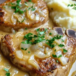 - 4 bone-in pork chops (approximately 1 inch thick) - Salt and freshly ground pepper, to taste - 2 tablespoons extra virgin olive oil - 1 medium onion, thinly sliced - 2 cloves of garlic, minced - 1 cup low-sodium chicken broth - 1 tablespoon Worcestershire sauce - 1 teaspoon dried thyme - 1 teaspoon smoked paprika - 1 cup heavy cream - 1 tablespoon cornstarch mixed with 2 tablespoons cold water (optional, for thickening) - Fresh parsley, finely chopped (for garnish) You can add a few extra ingredients to boost taste. For a tangy twist, try adding a splash of lemon juice. A dash of hot sauce can bring some heat. If you prefer a sweeter sauce, consider adding a tablespoon of honey or brown sugar. You can swap some ingredients for different flavors. Use boneless chops if you like. Chicken broth can be replaced with vegetable broth for a lighter option. Instead of heavy cream, you can use coconut milk for a dairy-free version. If you want less salt, use low-sodium options for all broth and sauces. First, take your pork chops and pat them dry with a paper towel. This helps the seasoning stick better. Then, rub salt and pepper on both sides of the chops. Don’t be shy with the seasoning; it adds great flavor. Let the chops sit for a few minutes. This step allows the salt to penetrate the meat. Next, heat two tablespoons of extra virgin olive oil in a large skillet over medium-high heat. When the oil shimmers, it's time to add your pork chops. Sear each chop for about 4-5 minutes on each side. You want a nice golden brown crust. This crust locks in the juices and adds flavor. Once done, remove the chops and place them on a plate. In the same skillet, add the sliced onions. Sauté them for 3-4 minutes until they become soft and clear. Now, add the minced garlic and cook for another minute. The garlic should smell fragrant. Pour in one cup of low-sodium chicken broth and one tablespoon of Worcestershire sauce. Use a wooden spoon to scrape any tasty bits stuck on the skillet. Stir in one teaspoon of dried thyme and one teaspoon of smoked paprika. Let this mixture simmer gently. After a few minutes, return the pork chops to the skillet. Spoon some of that delicious sauce over each chop. Cover the skillet with a lid and lower the heat. Allow the chops to simmer for about 15 minutes. This helps the meat absorb the flavors. After 15 minutes, remove the lid and stir in one cup of heavy cream. If you want a thicker sauce, mix one tablespoon of cornstarch with two tablespoons of cold water and add it now. Let it cook for an additional five minutes. Taste the sauce and adjust the seasoning if needed. Finally, place each chop on a plate, spoon the creamy sauce over them, and enjoy! For a colorful touch, garnish with finely chopped fresh parsley. You can also serve these chops with fluffy mashed potatoes or rice to soak up that rich sauce. To get a great sear, start with a hot skillet. Heat your olive oil until it shimmers. This means it is ready. Place the pork chops in the pan without crowding. This helps them brown nicely. Cook for about four to five minutes on each side. Watch for a golden crust. It adds flavor and texture to your dish. Simmering is key for tender pork chops. After searing, return the chops to the skillet. Cover them and reduce the heat. This slow cooking makes the meat juicy. The sauce also adds flavor. Let them cook for about 15 minutes. This step is crucial for a rich, tasty meal. One mistake is not seasoning enough. Salt and pepper enhance the pork's flavor. Another mistake is moving the meat too soon. Let the chops sear without flipping them too early. Lastly, don’t skip the simmering step. It keeps the pork tender and juicy. Follow these tips for the best result in your delicious smothered pork chops. {{image_4}} You can easily switch up flavors in your smothered pork chops. Try using different herbs and spices. For a fresh taste, use rosemary or sage. These herbs add depth and richness. If you like heat, add cayenne or chili powder. For a sweet touch, cinnamon can bring warmth. Experimenting with spices can change the dish completely. The cream sauce is key to this dish, but you can change it. Instead of heavy cream, try sour cream for a tangy kick. Greek yogurt is also a great light option. It adds creaminess without the extra fat. For a dairy-free choice, use coconut milk. It gives a unique flavor and keeps it rich. You can make this meal fit dietary needs. For a low-fat option, use lean pork chops. You can also reduce the amount of cream. Use more broth and less cream for a lighter sauce. Add veggies like mushrooms or spinach to boost nutrition. This way, you keep the taste while making it healthier. For more detailed steps on making these variations, check out the Full Recipe! To keep your smothered pork chops fresh, store them in an airtight container. This helps prevent moisture loss and keeps the meat juicy. Make sure to let the pork chops cool to room temperature before placing them in the fridge. This avoids condensation, which can lead to sogginess. Properly stored, they can last up to three days in the refrigerator. To reheat your pork chops, use the oven or stovetop. For the oven, preheat it to 350°F (175°C). Place the chops in a baking dish, cover with foil, and heat for about 15-20 minutes. If you prefer the stovetop, warm them in a skillet over medium heat. Add a splash of chicken broth to keep them moist. Heat until they are warmed through, about 5-7 minutes. You can freeze leftover smothered pork chops for up to three months. Wrap each chop tightly in plastic wrap, then place them in a freezer bag. Remove as much air as possible to avoid freezer burn. When you’re ready to eat, thaw them in the fridge overnight. Reheat as mentioned above. This method keeps the flavors intact and makes your meal quick and easy later on. You can serve many sides with smothered pork chops. Here are some great options: - Fluffy mashed potatoes - Fragrant rice - Steamed green beans - Roasted vegetables - Creamy coleslaw These sides balance the rich sauce and make your meal complete. To add spice to your pork chops, try these tips: - Add cayenne pepper to the seasoning mix. - Use hot sauce in the cream sauce. - Mix in diced jalapeños while cooking the onions. - Swap smoked paprika for regular paprika. These adjustments will give your dish a nice kick. Yes, you can use a slow cooker! Follow these steps: 1. Sear the pork chops first for flavor. 2. Place them in the slow cooker. 3. Add the sautéed onions, garlic, broth, and seasonings. 4. Cook on low for 6-8 hours. 5. Stir in the cream before serving. This method makes the pork chops super tender and tasty. The recipe for delicious smothered pork chops is easy and rewarding. You will create a rich and creamy sauce that pairs perfectly with tender pork. Here’s a closer look at what you need and how to make this meal shine. Ingredients: - 4 bone-in pork chops (approximately 1 inch thick) - Salt and freshly ground pepper, to taste - 2 tablespoons extra virgin olive oil - 1 medium onion, thinly sliced - 2 cloves of garlic, minced - 1 cup low-sodium chicken broth - 1 tablespoon Worcestershire sauce - 1 teaspoon dried thyme - 1 teaspoon smoked paprika - 1 cup heavy cream - 1 tablespoon cornstarch mixed with 2 tablespoons cold water (optional, for thickening) - Fresh parsley, finely chopped (for garnish) This dish takes about 35 minutes from start to finish. You will serve four people with this recipe. The first step is to season the pork chops with salt and pepper. This step is important for flavor. Next, heat olive oil in a large skillet over medium-high heat. Sear the pork chops for about 4-5 minutes on each side until they are golden brown. Remove them from the skillet and let them rest on a plate. Now, it’s time to sauté the onions. Add sliced onions to the same skillet. Cook them for 3-4 minutes until they are soft. Add minced garlic and cook for another minute. The smell will be amazing! Then, pour in the chicken broth and Worcestershire sauce. Be sure to scrape the bottom of the skillet to get all the flavors. Add dried thyme and smoked paprika, letting it simmer gently. Return the pork chops to the skillet, spooning some sauce over them. Cover the skillet and reduce the heat to low. Let it simmer for about 15 minutes. This helps the pork become tender and flavorful. After simmering, pour in the heavy cream. Stir it gently to mix with the sauce. If you want a thicker sauce, add the cornstarch slurry now. Let it cook for another 5 minutes. Taste the sauce and adjust the seasoning. Finally, serve the pork chops on plates with that creamy sauce on top. Don’t forget to garnish with fresh parsley. This dish goes great with mashed potatoes or rice to soak up the sauce. Get ready for a delicious meal that everyone will love! In this post, we explored how to make delicious smothered pork chops, from ingredient choices to cooking tips. You learned about key ingredients, how to properly sear the chops, and simple storage tips. Remember, with the right techniques, you can make this dish flavorful and tender. Don’t hesitate to try different herbs or sauces based on your taste. I hope you feel ready to create your own tasty version of smothered pork chops!