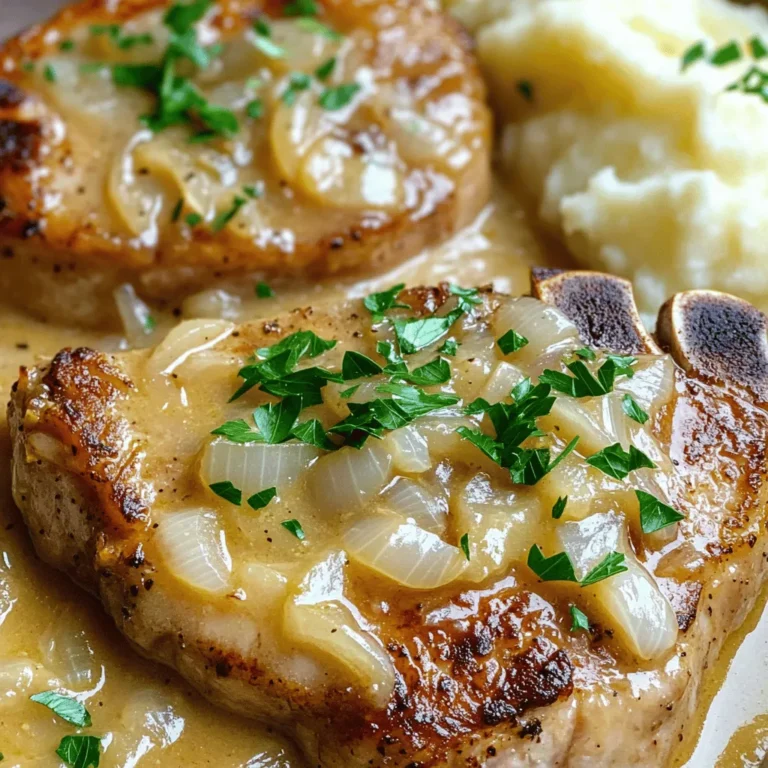 - 4 bone-in pork chops (approximately 1 inch thick) - Salt and freshly ground pepper, to taste - 2 tablespoons extra virgin olive oil - 1 medium onion, thinly sliced - 2 cloves of garlic, minced - 1 cup low-sodium chicken broth - 1 tablespoon Worcestershire sauce - 1 teaspoon dried thyme - 1 teaspoon smoked paprika - 1 cup heavy cream - 1 tablespoon cornstarch mixed with 2 tablespoons cold water (optional, for thickening) - Fresh parsley, finely chopped (for garnish) You can add a few extra ingredients to boost taste. For a tangy twist, try adding a splash of lemon juice. A dash of hot sauce can bring some heat. If you prefer a sweeter sauce, consider adding a tablespoon of honey or brown sugar. You can swap some ingredients for different flavors. Use boneless chops if you like. Chicken broth can be replaced with vegetable broth for a lighter option. Instead of heavy cream, you can use coconut milk for a dairy-free version. If you want less salt, use low-sodium options for all broth and sauces. First, take your pork chops and pat them dry with a paper towel. This helps the seasoning stick better. Then, rub salt and pepper on both sides of the chops. Don’t be shy with the seasoning; it adds great flavor. Let the chops sit for a few minutes. This step allows the salt to penetrate the meat. Next, heat two tablespoons of extra virgin olive oil in a large skillet over medium-high heat. When the oil shimmers, it's time to add your pork chops. Sear each chop for about 4-5 minutes on each side. You want a nice golden brown crust. This crust locks in the juices and adds flavor. Once done, remove the chops and place them on a plate. In the same skillet, add the sliced onions. Sauté them for 3-4 minutes until they become soft and clear. Now, add the minced garlic and cook for another minute. The garlic should smell fragrant. Pour in one cup of low-sodium chicken broth and one tablespoon of Worcestershire sauce. Use a wooden spoon to scrape any tasty bits stuck on the skillet. Stir in one teaspoon of dried thyme and one teaspoon of smoked paprika. Let this mixture simmer gently. After a few minutes, return the pork chops to the skillet. Spoon some of that delicious sauce over each chop. Cover the skillet with a lid and lower the heat. Allow the chops to simmer for about 15 minutes. This helps the meat absorb the flavors. After 15 minutes, remove the lid and stir in one cup of heavy cream. If you want a thicker sauce, mix one tablespoon of cornstarch with two tablespoons of cold water and add it now. Let it cook for an additional five minutes. Taste the sauce and adjust the seasoning if needed. Finally, place each chop on a plate, spoon the creamy sauce over them, and enjoy! For a colorful touch, garnish with finely chopped fresh parsley. You can also serve these chops with fluffy mashed potatoes or rice to soak up that rich sauce. To get a great sear, start with a hot skillet. Heat your olive oil until it shimmers. This means it is ready. Place the pork chops in the pan without crowding. This helps them brown nicely. Cook for about four to five minutes on each side. Watch for a golden crust. It adds flavor and texture to your dish. Simmering is key for tender pork chops. After searing, return the chops to the skillet. Cover them and reduce the heat. This slow cooking makes the meat juicy. The sauce also adds flavor. Let them cook for about 15 minutes. This step is crucial for a rich, tasty meal. One mistake is not seasoning enough. Salt and pepper enhance the pork's flavor. Another mistake is moving the meat too soon. Let the chops sear without flipping them too early. Lastly, don’t skip the simmering step. It keeps the pork tender and juicy. Follow these tips for the best result in your delicious smothered pork chops. {{image_4}} You can easily switch up flavors in your smothered pork chops. Try using different herbs and spices. For a fresh taste, use rosemary or sage. These herbs add depth and richness. If you like heat, add cayenne or chili powder. For a sweet touch, cinnamon can bring warmth. Experimenting with spices can change the dish completely. The cream sauce is key to this dish, but you can change it. Instead of heavy cream, try sour cream for a tangy kick. Greek yogurt is also a great light option. It adds creaminess without the extra fat. For a dairy-free choice, use coconut milk. It gives a unique flavor and keeps it rich. You can make this meal fit dietary needs. For a low-fat option, use lean pork chops. You can also reduce the amount of cream. Use more broth and less cream for a lighter sauce. Add veggies like mushrooms or spinach to boost nutrition. This way, you keep the taste while making it healthier. For more detailed steps on making these variations, check out the Full Recipe! To keep your smothered pork chops fresh, store them in an airtight container. This helps prevent moisture loss and keeps the meat juicy. Make sure to let the pork chops cool to room temperature before placing them in the fridge. This avoids condensation, which can lead to sogginess. Properly stored, they can last up to three days in the refrigerator. To reheat your pork chops, use the oven or stovetop. For the oven, preheat it to 350°F (175°C). Place the chops in a baking dish, cover with foil, and heat for about 15-20 minutes. If you prefer the stovetop, warm them in a skillet over medium heat. Add a splash of chicken broth to keep them moist. Heat until they are warmed through, about 5-7 minutes. You can freeze leftover smothered pork chops for up to three months. Wrap each chop tightly in plastic wrap, then place them in a freezer bag. Remove as much air as possible to avoid freezer burn. When you’re ready to eat, thaw them in the fridge overnight. Reheat as mentioned above. This method keeps the flavors intact and makes your meal quick and easy later on. You can serve many sides with smothered pork chops. Here are some great options: - Fluffy mashed potatoes - Fragrant rice - Steamed green beans - Roasted vegetables - Creamy coleslaw These sides balance the rich sauce and make your meal complete. To add spice to your pork chops, try these tips: - Add cayenne pepper to the seasoning mix. - Use hot sauce in the cream sauce. - Mix in diced jalapeños while cooking the onions. - Swap smoked paprika for regular paprika. These adjustments will give your dish a nice kick. Yes, you can use a slow cooker! Follow these steps: 1. Sear the pork chops first for flavor. 2. Place them in the slow cooker. 3. Add the sautéed onions, garlic, broth, and seasonings. 4. Cook on low for 6-8 hours. 5. Stir in the cream before serving. This method makes the pork chops super tender and tasty. The recipe for delicious smothered pork chops is easy and rewarding. You will create a rich and creamy sauce that pairs perfectly with tender pork. Here’s a closer look at what you need and how to make this meal shine. Ingredients: - 4 bone-in pork chops (approximately 1 inch thick) - Salt and freshly ground pepper, to taste - 2 tablespoons extra virgin olive oil - 1 medium onion, thinly sliced - 2 cloves of garlic, minced - 1 cup low-sodium chicken broth - 1 tablespoon Worcestershire sauce - 1 teaspoon dried thyme - 1 teaspoon smoked paprika - 1 cup heavy cream - 1 tablespoon cornstarch mixed with 2 tablespoons cold water (optional, for thickening) - Fresh parsley, finely chopped (for garnish) This dish takes about 35 minutes from start to finish. You will serve four people with this recipe. The first step is to season the pork chops with salt and pepper. This step is important for flavor. Next, heat olive oil in a large skillet over medium-high heat. Sear the pork chops for about 4-5 minutes on each side until they are golden brown. Remove them from the skillet and let them rest on a plate. Now, it’s time to sauté the onions. Add sliced onions to the same skillet. Cook them for 3-4 minutes until they are soft. Add minced garlic and cook for another minute. The smell will be amazing! Then, pour in the chicken broth and Worcestershire sauce. Be sure to scrape the bottom of the skillet to get all the flavors. Add dried thyme and smoked paprika, letting it simmer gently. Return the pork chops to the skillet, spooning some sauce over them. Cover the skillet and reduce the heat to low. Let it simmer for about 15 minutes. This helps the pork become tender and flavorful. After simmering, pour in the heavy cream. Stir it gently to mix with the sauce. If you want a thicker sauce, add the cornstarch slurry now. Let it cook for another 5 minutes. Taste the sauce and adjust the seasoning. Finally, serve the pork chops on plates with that creamy sauce on top. Don’t forget to garnish with fresh parsley. This dish goes great with mashed potatoes or rice to soak up the sauce. Get ready for a delicious meal that everyone will love! In this post, we explored how to make delicious smothered pork chops, from ingredient choices to cooking tips. You learned about key ingredients, how to properly sear the chops, and simple storage tips. Remember, with the right techniques, you can make this dish flavorful and tender. Don’t hesitate to try different herbs or sauces based on your taste. I hope you feel ready to create your own tasty version of smothered pork chops!