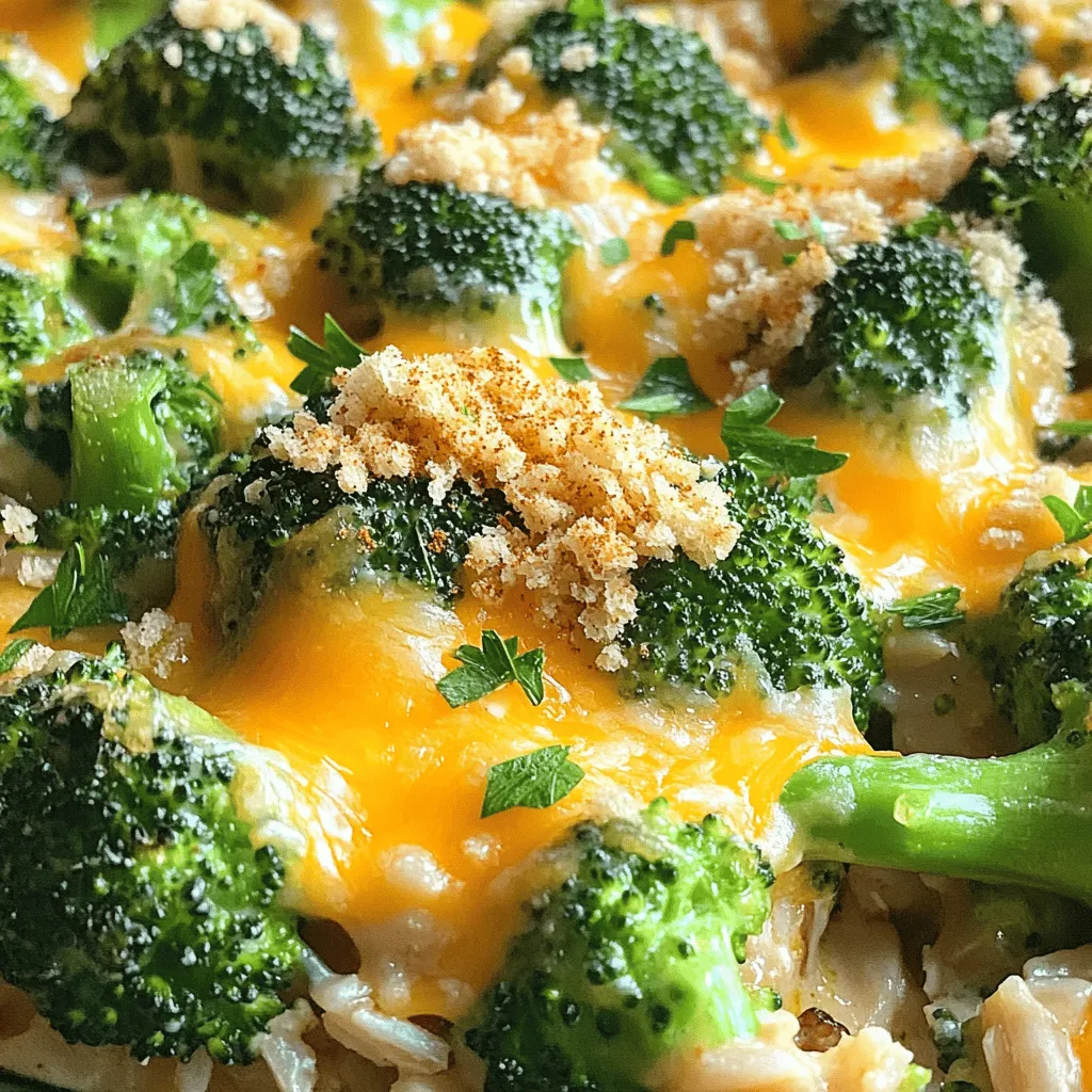 - 2 cups cooked chicken, shredded - 3 cups fresh broccoli florets - 1 cup cooked brown rice (or quinoa) - 1 cup sharp cheddar cheese, grated - 1 cup cream of mushroom soup - ½ cup milk - ¼ cup mayonnaise - 1 teaspoon garlic powder - 1 teaspoon onion powder - Salt and pepper, to taste - ½ cup breadcrumbs - 2 tablespoons olive oil - ½ teaspoon paprika Having the right ingredients is key to making a great casserole. I love using fresh broccoli and cooked chicken. They make the dish hearty and healthy. You can use leftover chicken for this recipe, which saves time. For the cheese, sharp cheddar brings a nice flavor. I recommend grating it fresh for the best taste. The cream of mushroom soup adds creaminess and richness. Don’t forget the milk and mayonnaise! They help bind everything together. The spices like garlic powder and onion powder add depth. For the topping, breadcrumbs give a crunchy finish. A sprinkle of paprika adds a pop of color. Use the olive oil to make the top crispier. You can find the full recipe [here]. Set your oven to 350°F (175°C). This simple step gets your casserole ready for baking. Steam broccoli florets for 3-4 minutes. Keep an eye on them. You want them bright green and slightly tender. In a large bowl, mix the following: - 2 cups cooked chicken, shredded - 3 cups fresh broccoli florets - 1 cup cooked brown rice - 1 cup sharp cheddar cheese, grated - 1 cup cream of mushroom soup - ½ cup milk - ¼ cup mayonnaise - 1 teaspoon garlic powder - 1 teaspoon onion powder - Salt and pepper, to taste Stir well. Each ingredient should blend nicely for a great taste. Grease a 9x13 inch dish with olive oil. This helps prevent sticking. Pour the chicken and broccoli mix into the dish. Spread it out evenly. In a small bowl, mix: - ½ cup breadcrumbs - ½ cup grated cheddar cheese Sprinkle this mix over the casserole. Drizzle a little olive oil on top for extra crunch. Place the casserole in your preheated oven. Bake for 25-30 minutes. You want it golden brown and bubbling. Cool slightly after baking. Before serving, sprinkle paprika on top. This adds a nice color and flavor. Enjoy your delicious Cheesy Broccoli Chicken Casserole! For the full recipe, check the section above. - Ensure chicken is fully cooked and shredded. This makes it tender and easy to mix. - Don’t overcook broccoli to retain color and texture. A bright green color looks fresh. - Garnish with parsley and extra cheddar. This adds color and makes it more inviting. - Serve with a side salad for a full meal. A crisp salad complements the casserole well. - Avoid using low-fat cream soups, as they may alter texture. Stick to regular for creaminess. - Don’t skip the breadcrumbs for the ideal crunch. They give a nice contrast to the dish. These tips help elevate your Cheesy Broccoli Chicken Casserole to the next level. For the complete recipe, check the Full Recipe section. {{image_4}} When it comes to Cheesy Broccoli Chicken Casserole, you can mix things up in many ways. Here are some fun variations that I love to try. - Substitute quinoa for brown rice: Quinoa adds protein and fiber. It's a great swap! - Use Greek yogurt in place of mayonnaise: Greek yogurt keeps the creaminess while cutting calories. - Replace chicken with chickpeas for a meatless version: Chickpeas pack a punch of protein and flavor. They make the dish filling and satisfying. - Try mozzarella or gouda for a flavor twist: Mozzarella gives a gooey texture, while gouda adds a rich taste. Experimenting with different cheeses can make this dish even more fun! These variations help you customize your casserole to fit your taste and health goals. You can find the full recipe to start your cooking adventure! Store your leftover Cheesy Broccoli Chicken Casserole in an airtight container. This keeps it fresh for up to 3-4 days. Make sure to let it cool before sealing. This helps avoid sogginess. You can freeze the casserole for up to 2 months. Place it in a freezer-safe container. It’s best to reheat it directly from the freezer. This way, the flavors stay locked in. To reheat, bake it in the oven at 350°F (175°C). Heat until the casserole is warmed all the way through. This method keeps the topping crispy and delicious. Enjoy your meal again, just like the first time! Yes, but adjust the cooking time accordingly. Frozen broccoli cooks faster than fresh. Check it often to avoid mushiness. Yes, it can be frozen before or after baking. If you freeze it before baking, let it thaw overnight in the fridge. Then, bake it as usual. Use dairy-free cheese and yogurt as substitutes. This will keep the creaminess while making it suitable for everyone. Yes, assemble it the night before and just bake when ready. This saves time and makes it easy for busy days. Follow the Full Recipe for more details. This blog post shared a tasty chicken casserole recipe, complete with helpful tips and variations. You learned about the main ingredients, easy steps, and common mistakes to avoid. Plus, you discovered ways to adapt the dish for different diets and preferences. Remember, this recipe is not just a meal; it's a way to nourish and enjoy time with others. Collect your ingredients and start baking. This casserole will bring warmth and joy to your table.