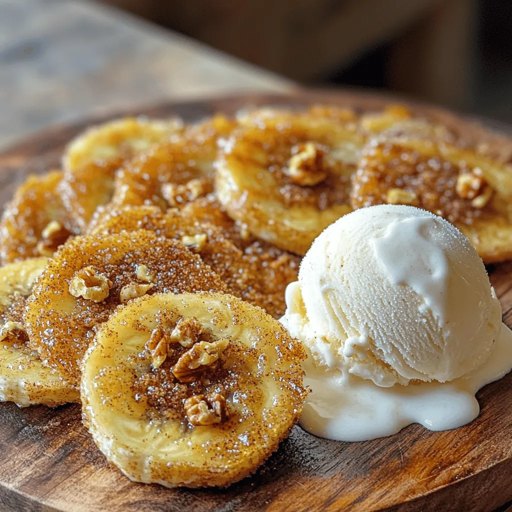 - Ripe bananas - Brown sugar - Ground cinnamon - All-purpose flour - Cornstarch - Baking powder - Salt - Oil for frying - Optional garnishes (nuts, ice cream, whipped cream) For this fried banana treat, start with ripe bananas. They should be soft and sweet. Brown sugar adds a rich flavor. Ground cinnamon gives warmth and spice. Next, gather your dry ingredients. All-purpose flour creates a nice coating. Cornstarch helps the banana become crispy. Baking powder adds lightness to the batter. Don't forget the salt; it enhances all the flavors. You need oil for frying. Vegetable or coconut oil works well. For a fun touch, add optional garnishes. Nuts, like walnuts or pecans, add crunch. Ice cream or whipped cream makes it extra special. This recipe is simple yet delicious. Check the Full Recipe for more details! In a small bowl, I mix the brown sugar and ground cinnamon. I stir until they blend well. This sweet mix will make the fried bananas even tastier. Next, I grab a medium mixing bowl. I whisk together all-purpose flour, cornstarch, baking powder, and salt. Once well combined, I slowly pour in water. I keep stirring until the batter is smooth. It should be thick enough to coat the banana slices without dripping too much. Now, I heat oil in a deep skillet. I aim for about one inch of oil in the pan. I set the heat to medium. When the oil reaches 350°F (175°C), it's ready to fry. I carefully dip each banana slice into the batter, making sure they are fully coated. Gently, I place them in the hot oil. I fry them in small batches for 2-3 minutes on each side until they turn golden brown and crispy. Once the bananas are fried, I use a slotted spoon to lift them out. I let them drain on paper towels to get rid of extra oil. While they are warm, I sprinkle the brown sugar and cinnamon mix over them. This adds a sweet crunch to each bite. To serve, I love placing the warm fried bananas on a plate. They look great with a scoop of vanilla ice cream or a dollop of whipped cream. For extra flair, I sprinkle some chopped nuts on top. This makes a simple sweet treat that everyone will enjoy. For the full recipe, check the details above. To make the best batter, you want it thick but smooth. Start by mixing the dry ingredients first. Use all-purpose flour, cornstarch, baking powder, and salt. Then, slowly add water. Keep stirring until it coats the back of a spoon. If it drips too fast, add a bit more flour. If it's too thick, add a splash of water. The right batter makes a big difference in how your fried bananas turn out. Oil temperature is key for crispiness. Heat the oil to about 350°F (175°C). If the oil is too cold, the bananas will soak up too much oil. If it's too hot, they might burn. You can test the oil by dropping a small amount of batter in. If it sizzles and rises, it’s ready. Fry in small batches to avoid overcrowding, which can cool the oil down. To make your fried bananas even better, think of adding spices. A pinch of nutmeg or cardamom can elevate the taste. You can also try drizzling with honey or chocolate after frying. For a crunchy touch, sprinkle chopped nuts on top. This will add texture and flavor, making your treat more exciting. {{image_4}} You can fry many fruits, not just bananas. Apples and plantains are great choices. Apples can add a nice crunch, while plantains give a rich, creamy taste. Both can be prepared the same way as bananas. Slice them thickly and dip them in the batter. Fry until golden brown for a fun twist. Want to change things up? Try adding chocolate or caramel drizzles after frying. Melt some chocolate chips or caramel sauce in a bowl. Drizzle it over your fried fruits for extra sweetness. You can also sprinkle sea salt for a sweet and salty mix. It will take your treat to a new level! If you're looking for a lighter option, consider using oats or almond flour instead of regular flour. You can also swap brown sugar for honey or maple syrup. These swaps give you a tasty treat with less guilt. Using coconut oil can also make it a bit healthier. Enjoy your fried fruit while feeling good about your choices! For the complete process, check out the [Full Recipe]. To keep your fried bananas fresh, store them in an airtight container. Let them cool first. Place a layer of paper towels at the bottom to absorb moisture. This helps keep them crispy. Refrigerate the container for up to two days. To reheat fried bananas, use an oven or air fryer. Preheat your oven to 350°F (175°C). Place the bananas on a baking sheet. Heat for about 10 minutes. This method helps them stay crispy. Avoid using the microwave, as it can make them soggy. You can freeze fried bananas for later use. First, let them cool completely. Then, place them in a single layer on a baking sheet. Freeze them for about one hour. Once frozen, transfer them to a freezer bag. They can last for up to three months. To reheat, bake them directly from the freezer at 350°F (175°C) for about 15 minutes. This keeps them crispy and delicious. For more details on making these tasty treats, check the Full Recipe. Using unripe bananas changes the taste. They are firmer and less sweet. This makes them chewy when fried. Ripe bananas are softer and have more flavor. They caramelize better, making your treat sweet and delicious. So, for the best taste, go with ripe bananas. For frying, I recommend vegetable or coconut oil. Both have high smoke points. They stay stable when heated and help achieve a crispy texture. You can choose based on your flavor preference. Vegetable oil is neutral, while coconut oil adds a hint of sweetness. You can store fried bananas in the refrigerator for about 2-3 days. Make sure they cool down first. Place them in an airtight container. When you want to enjoy them again, reheat in an oven for crispiness. Enjoy your treat fresh! For the full recipe, check the earlier section. You now understand how to make delicious fried bananas. We covered key ingredients, from ripe bananas to brown sugar. You learned how to prepare the sugar mix, create the batter, and fry the bananas to perfection. We also explored tips for the best results, variations for added fun, and storage methods to keep leftovers fresh. Try making them your own with different fruits or flavors. Enjoy your cooking journey and share this treat with friends and family!