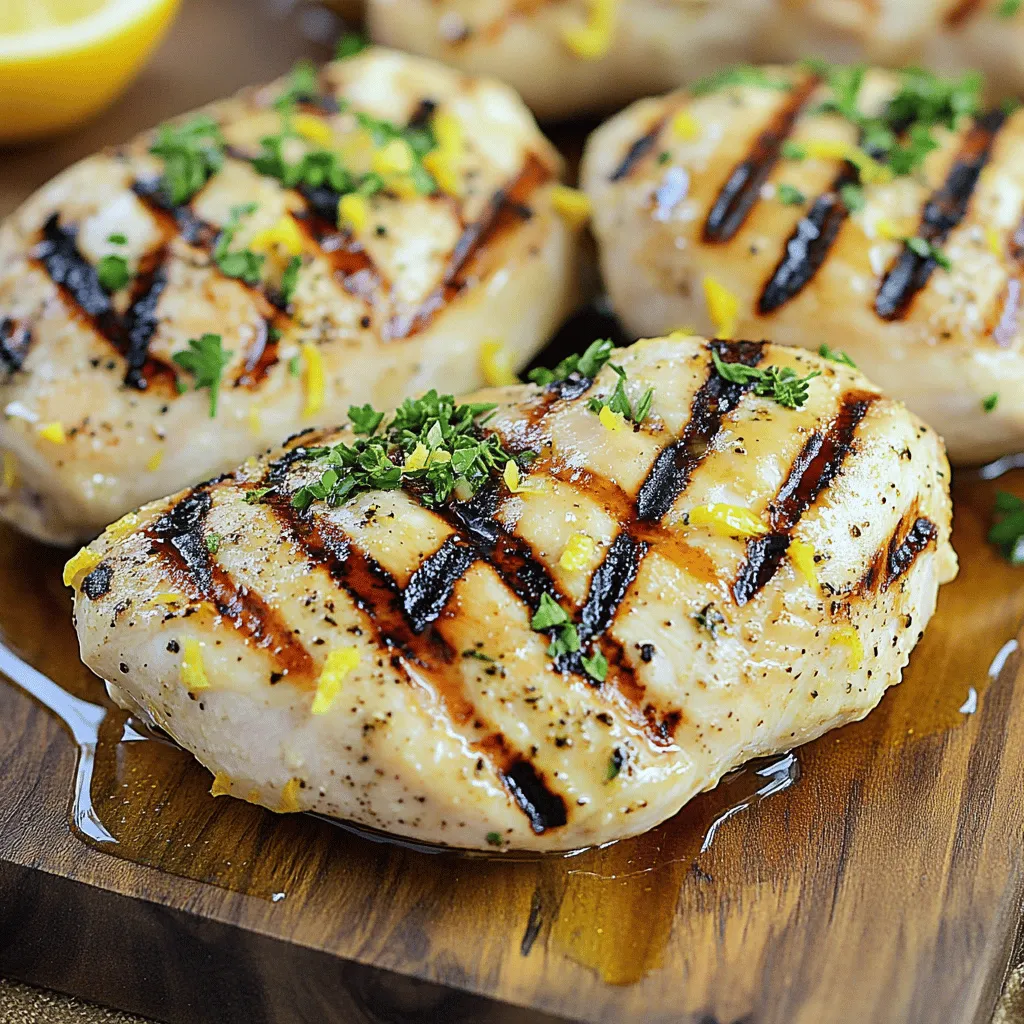 - 4 boneless, skinless chicken breasts - 1/4 cup freshly squeezed lemon juice - 1 tablespoon lemon zest - 3 tablespoons extra virgin olive oil - 4 cloves garlic, minced - 1 tablespoon honey - 1 teaspoon dried oregano - 1 teaspoon dried thyme - 1 teaspoon smoked paprika - Salt and black pepper to taste - 2 tablespoons fresh parsley, chopped When I make Zesty Lemon Herb Chicken, I love how fresh and bright the flavors are. The main ingredients are simple but pack a punch. The chicken breasts soak up the tangy lemon juice and fragrant herbs. Each bite is juicy and full of zest. The seasonings add depth to the dish. Garlic brings an aromatic kick, while honey balances the tartness. Oregano and thyme add earthy notes, and smoked paprika gives a hint of warmth. Don't forget the salt and pepper! They enhance every flavor in this dish. I like to finish with fresh parsley. It adds a pop of color and freshness. You can find the full recipe above to guide you through each step. Trust me, this dish will be a favorite at your table! - In a bowl, mix the lemon juice, lemon zest, olive oil, minced garlic, honey, oregano, thyme, smoked paprika, salt, and pepper. - Place the chicken breasts in a resealable bag or shallow dish. - Pour the marinade over the chicken. Make sure every piece is coated well. - Preheat your grill or grill pan to medium-high heat. - If using a grill pan, lightly spray it with cooking spray or drizzle olive oil. - Take the chicken out of the marinade and let the excess drip off. - Place the chicken on the hot grill. Do not overcrowd it. - Cook each side for 6-7 minutes. - Use a meat thermometer to check if the internal temperature is 165°F (75°C). - After cooking, take the chicken off the grill. Let it rest for about 5 minutes. - This helps the juices stay in the meat. - Slice the chicken and serve it with the cooked marinade for added flavor. To boost flavor, marinate the chicken overnight. This allows the spices and lemon to soak in. You can also try fresh herbs like rosemary or basil. Fresh herbs add a bright taste that dried ones might miss. If you don’t want to grill, try baking or sautéing the chicken. Baking gives a nice, even cook. Sautéing adds a delicious crust. To get perfect grill marks, make sure your grill is hot. Place the chicken on the grill and don’t move it for a few minutes. This zesty lemon herb chicken pairs well with roasted vegetables or fresh salads. Think about adding a side of rice or quinoa. For drinks, a light white wine or lemonade works great. Enjoy your meal with a refreshing beverage. For the full recipe, check the details above! {{image_4}} You can change the flavor of your zesty lemon herb chicken by mixing in different herbs. Try adding fresh basil or cilantro. Basil gives a sweet flavor, while cilantro adds a bright, fresh taste. Both herbs pair well with lemon. You can also use different citrus fruits. Try lime or orange juice for a new twist. Each fruit brings a unique zing, making your chicken even more exciting. If you need gluten-free options, this dish is perfect for you. All the ingredients are naturally gluten-free. Just make sure to use a gluten-free honey or marinade if you choose to add any. For low-carb alternatives, you can skip the honey. Instead, use a touch of stevia or erythritol to keep it sweet without the carbs. This way, you can enjoy your meal without worry. You can cook your zesty lemon herb chicken in different ways. If you prefer oven-baked chicken, preheat your oven to 400°F (200°C). Place the marinated chicken on a baking sheet lined with parchment paper. Bake for 25-30 minutes or until the internal temperature reaches 165°F (75°C). For a pan-seared version, heat a skillet over medium-high heat and add olive oil. Sear the chicken for 6-7 minutes on each side. This method gives a nice, crispy crust. Each cooking method adds a different texture and flavor to your dish. For the full recipe, check out the complete guide. To store leftovers properly, let the chicken cool first. Place it in an airtight container. This keeps it fresh and safe. You can keep it in the fridge for 3-4 days. Glass or plastic containers work well. Make sure they seal tightly to avoid spills. If you want to freeze marinated chicken, do it before cooking. Use a freezer-safe bag or container. Remove as much air as possible to prevent freezer burn. You can freeze it for up to three months. To cook, thaw it in the fridge overnight or use the microwave. This way, it stays juicy and tender. For safe reheating, use the oven or microwave. If using the oven, set it to 350°F (175°C). Heat until the chicken reaches 165°F (75°C) again. This keeps it safe to eat. If you want to keep the flavor and texture, avoid overcooking. You can also add some fresh herbs or olive oil to boost the taste. Yes, and cooking times may vary. Chicken thighs will take a bit longer to cook than breasts. They can stay juicy and tender, making them a great choice. Just check the internal temperature. It should still reach 165°F (75°C). You can pair this chicken with many side dishes. Roasted vegetables like carrots and broccoli work well. You might enjoy a fresh salad with mixed greens or a light pasta. Rice or quinoa is also great for soaking up any juices. You can keep leftovers for up to 3-4 days in an airtight container. Make sure it is sealed tightly to keep the chicken fresh. Label the container with the date to remember. Yes, it’s great for batch cooking. You can cook several pieces at once and store them. This makes lunch or dinner easy during a busy week. Just reheat when you are ready to eat. Yes, marinate the chicken ahead of time for convenience. Marinating for a few hours or overnight helps the flavors blend well. This step can save time on a busy day. Adjust salt and seasoning as needed. Taste the marinade before adding the chicken. If you prefer it more flavorful, add a pinch of salt or extra herbs. This will help you find the right balance for your taste. This blog covers a simple and tasty lemon herb chicken recipe. You learned about key ingredients, cooking steps, and useful tips. Marinating chicken gives it a strong taste. You can even change the herbs to suit your style. Store leftovers for next time, and use them in meal prep. This dish is easy to cook and perfect for any meal. Enjoy your cooking and share this recipe with friends and family!