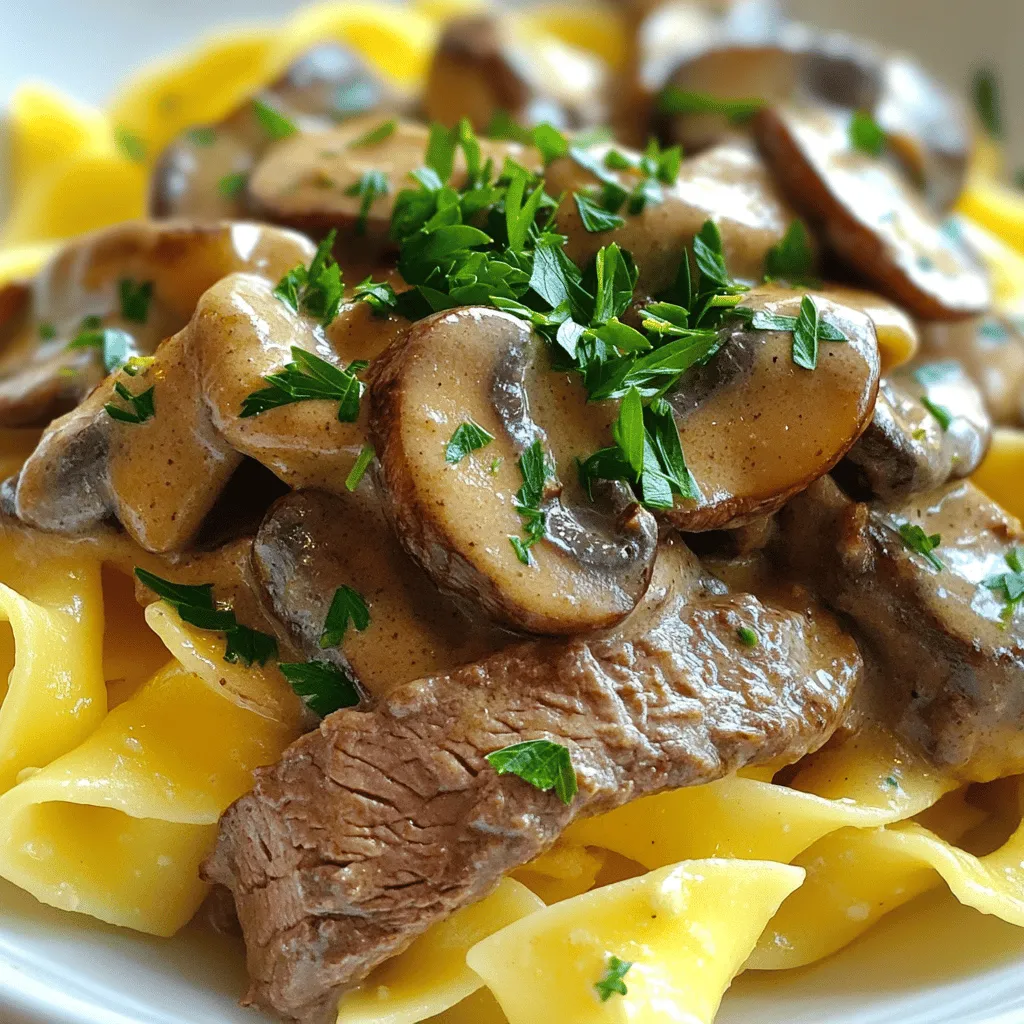 - 1.5 pounds beef sirloin, thinly sliced - 16 ounces mushrooms, sliced - 12 ounces egg noodles - 1 cup beef broth - Worcestershire sauce - Dijon mustard - Thyme - Black pepper - Olive oil - Salt - Flour - Fresh chopped parsley - Additional sour cream for serving To make a great beef stroganoff, you need a few key ingredients. First, the beef sirloin gives a tender bite and rich flavor. You want to slice it thinly for quick cooking. Next, mushrooms add a savory depth. I recommend cremini or button mushrooms for their taste and texture. Egg noodles are essential for this dish. They soak up the sauce, creating a comforting meal. Beef broth acts as the base, delivering a hearty flavor. Seasonings play a big role, too. Worcestershire sauce and Dijon mustard add a tangy kick. Thyme and black pepper enhance the overall taste. Don't forget olive oil for sautéing and flour to help thicken the sauce. For a beautiful finish, sprinkle fresh parsley on top. You can also add a dollop of sour cream for creaminess. This combination of flavors makes the dish truly delicious. For the complete list and amounts, check the Full Recipe. First, set your Instant Pot to the 'Sauté' function. Pour in the olive oil and let it heat for a minute. Then, add the thinly sliced beef sirloin. Brown the beef on all sides for about 5-7 minutes. This step adds great flavor. Once browned, take the beef out and place it on a plate. This helps keep it juicy while cooking the rest. Next, add the finely chopped onion to the pot. Cook it for 3-4 minutes until it’s soft and clear. Then, add the minced garlic and stir for about a minute. This brings out a lovely smell. After that, toss in the sliced mushrooms. Cook them for 5-6 minutes until they are soft and let their juices release. This adds depth to your dish. Now it’s time to bring it all together. Pour in the beef broth, Worcestershire sauce, and Dijon mustard. Sprinkle in the dried thyme and black pepper. Stir it well and scrape any browned bits from the bottom. This adds even more flavor. Return the browned beef to the pot and mix it in. Secure the lid on the Instant Pot. Choose the 'Pressure Cook' setting and set the time for 10 minutes. This cooks the beef and melds all the flavors. After that, let the pressure release naturally for 5 minutes, then use the quick release to let out any remaining steam. Now, add the egg noodles to the pot and stir them into the sauce. Lock the lid again and set the Instant Pot to 'Pressure Cook' for another 4 minutes. This cooks the noodles perfectly. When done, release the pressure quickly once more. To finish, mix the sour cream and flour in a small bowl until smooth. Stir this into the beef stroganoff to thicken the sauce. Heat it through but don't let it boil. Add salt to taste, and you are ready to serve. For the full recipe, check the previous section. To make a great sauce, you need balance. Sour cream adds creaminess and tang. Blend it with flour to thicken. Start with one cup of sour cream and two tablespoons of flour. Mix them well in a bowl. Then stir this mixture into the hot stroganoff. This keeps your sauce smooth and tasty. Timing is key for egg noodles. Add them after the beef cooks. This way, they soak up the sauce's flavor. Set your pot to 'Pressure Cook' for just four minutes. This cooks them perfectly. Keep an eye on the timer. Overcooked noodles turn mushy, which you want to avoid. Taste is personal, so adjust as needed. You might want more salt or herbs. Fresh parsley adds a nice touch. If you like heat, add red pepper flakes or hot sauce. Start small and add more until it’s just right for you. This makes your beef stroganoff unique and delicious. For the [Full Recipe], check the previous sections to follow along and create this dish! {{image_4}} If you want a gluten-free meal, try using gluten-free noodles. Many brands offer great choices. You can also use rice instead of noodles. For a dairy-free option, swap sour cream for coconut cream or cashew cream. You can use plant-based butter in place of regular butter. If you want a low-fat version, choose lean beef and low-fat sour cream. You can make this dish more flavorful by adding herbs like basil or oregano. Fresh herbs can brighten up the meal. Try adding spices like paprika or garlic powder for extra taste. You can also mix in vegetables like peas or carrots. These veggies add color and nutrition. Feel free to get creative and adjust according to your taste! For sides, garlic bread pairs well with beef stroganoff. A simple green salad can also balance the meal. If you want a beverage, a light red wine enhances the flavors. You can also serve sparkling water with lemon for a refreshing touch. These sides and drinks complement the rich taste of the stroganoff. Enjoy your meal with these delicious options! To store your Instant Pot beef stroganoff, let it cool first. Place it in an airtight container. This helps keep it fresh and tasty. You can keep it in the fridge for about 3 to 4 days. If you want to enjoy it later, make sure to label the container with the date. If you want to freeze beef stroganoff, use a freezer-safe container. Make sure to leave some space at the top for expansion. It keeps well for up to 3 months in the freezer. When you’re ready to eat, thaw it overnight in the fridge. To reheat, warm it on the stove over low heat. This keeps the flavor and texture just right. Batch cooking is a great way to save time. You can make a large pot of beef stroganoff on the weekend. Portion it out in containers for quick meals during the week. To reheat, you can use the microwave or stovetop. Just add a splash of broth or water to keep it moist. This way, you have a delicious meal ready when you need it. For the full recipe, check the detailed instructions provided earlier. Yes, you can! If you want to switch it up, try chicken or pork. Ground beef also works well. Each type brings a unique taste. Just remember to adjust cooking times as needed. For chicken, cook it until no longer pink. For pork, ensure it is tender before serving. If your sauce is thin, don’t worry! You can thicken it easily. First, mix 1 tablespoon of cornstarch with cold water. Stir this mixture into your sauce and cook until it thickens. Another option is to add more flour or sour cream. Both will help create a richer texture. To spice things up, try adding crushed red pepper flakes or hot sauce. You can also include diced jalapeños or serrano peppers for extra heat. If you enjoy bold flavors, consider using a spicy mustard instead of Dijon. This adds a nice kick! This blog post explored making Instant Pot Beef Stroganoff, starting with key ingredients. We covered the main elements, including beef sirloin, mushrooms, and egg noodles. I shared step-by-step instructions for sautéing and cooking, along with tips for perfecting the sauce and noodles. We also discussed dietary adjustments, storage advice, and common questions. Remember, you can customize this dish to fit your taste. Enjoy this quick recipe with friends and family. It’s a win for dinner!