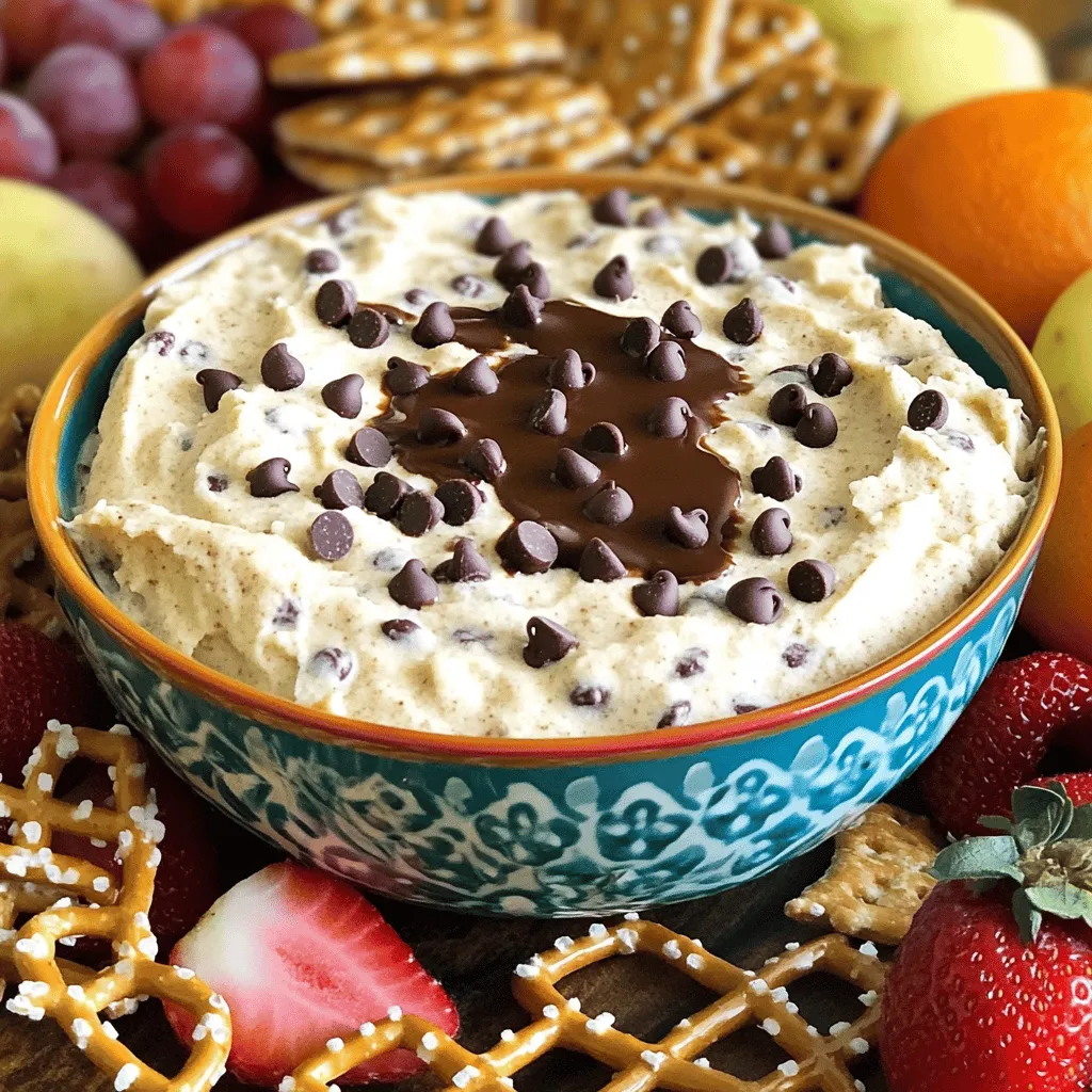 To make this tasty Chocolate Chip Cookie Dough Dip, you need simple, fun ingredients. This dip combines creamy flavors with sweet treats. You can serve it with fresh fruit, pretzels, or graham crackers. Everyone will love it! Here are the key ingredients you need: - 1 cup creamy peanut butter - 1/2 cup unsalted butter, softened at room temperature - 3/4 cup packed brown sugar - 1/2 cup granulated sugar - 1 teaspoon pure vanilla extract - 1 cup all-purpose flour (heat-treated for safety) - 1/4 teaspoon salt - 1/2 cup mini chocolate chips - Fresh fruit, pretzels, or graham crackers for dipping Each ingredient brings its own unique flavor to the dip. The peanut butter adds creaminess, while the sugars give it sweetness. The flour makes it thick and gives it that cookie dough feel. You can jazz up your dip with fun add-ins. Try adding: - Chopped nuts for crunch - Different types of chocolate chips like dark or white - A sprinkle of sea salt for flavor - A dash of cinnamon for warmth These add-ins can personalize your dip. You can mix and match based on what you have at home. Make it your own and enjoy! Start with a large bowl. Add 1/2 cup of softened unsalted butter and 1 cup of creamy peanut butter. Blend these two together with a hand mixer or whisk. Mix until it looks smooth and creamy. This step is key for a great dip texture. Next, slowly add in 3/4 cup of packed brown sugar and 1/2 cup of granulated sugar. Keep mixing until you see the mixture become fluffy. It should feel light and airy. This helps to sweeten the dip and gives it that cookie dough taste. Now, pour in 1 teaspoon of pure vanilla extract. Mix well until the vanilla blends into the creamy base. After that, it's time to add the dry elements. Carefully stir in 1 cup of heat-treated all-purpose flour and 1/4 teaspoon of salt. Use a spatula or wooden spoon for this. Mix by hand to avoid overworking it. Scrape down the bowl sides to get everything mixed evenly. Finally, gently fold in 1/2 cup of mini chocolate chips. Use a spatula for this step. Make sure the chips spread throughout the dip without over-mixing. This gives the dip a delightful chocolate burst in every bite. For more details, check the Full Recipe. When making chocolate chip cookie dough dip, some common mistakes can ruin your dip. First, don't skip heat-treating the flour. Raw flour can carry harmful bacteria. Always heat it in the oven for a few minutes. Second, avoid over-mixing your ingredients. This can make the dip too dense and tough. Lastly, make sure your butter is softened, not melted. Melted butter can make your dip runny. Mixing is key to a great chocolate chip cookie dough dip. Start by blending the peanut butter and butter until smooth and creamy. Use a hand mixer or whisk for the best results. When adding sugar, do it slowly. This helps the sugar blend well and keeps the dip fluffy. After adding the dry ingredients, mix gently. You want to combine them without losing that light texture. To achieve the perfect texture, focus on chilling the dip. After mixing, transfer it to a bowl and refrigerate for at least 30 minutes. This helps firm up the dip and melds the flavors. If the dip feels too thick, you can add a splash of milk to loosen it up. For a fun twist, try folding in different treats like nuts or sprinkles. This adds texture and flavor, making your dip even more delightful. {{image_4}} You can make a vegan version of this dip easily. Start by using almond or cashew butter instead of peanut butter. Replace the unsalted butter with vegan butter. For the sugars, stick with brown sugar and granulated sugar, as they are usually vegan. Use a plant-based milk to make it creamy. If you want a richer taste, add a bit of coconut cream. This dip remains just as tasty and is perfect for everyone. To make this dip gluten-free, swap the all-purpose flour for a gluten-free flour blend. You can find many options at your local store. Another great choice is almond flour, which adds a nutty flavor. Ensure that your sugars and chocolate chips are gluten-free, too. Enjoy this version without worry if you are gluten-sensitive! Want to mix things up? You can add flavors to your dip! Consider adding a dash of cinnamon or nutmeg for warmth. If you're feeling adventurous, try a splash of almond extract for a unique twist. You can also fold in butterscotch chips or white chocolate chips for a different taste. For a fun texture, add crushed nuts or sprinkles. These simple changes keep the dip fresh and exciting! For the full recipe, check out the detailed steps included above. After enjoying your Chocolate Chip Cookie Dough Dip, store any leftovers in an airtight container. This keeps the dip fresh and tasty. Make sure to refrigerate it right away. It’s best to use it within a few days. If you want to save some for later, freezing is a great option. Scoop the dip into a freezer-safe container. Leave some space at the top, as it may expand. Cover it tightly with a lid or plastic wrap. You can freeze it for up to three months. In the refrigerator, the dip lasts about five to seven days. If you freeze it, thaw it in the fridge overnight before serving. After thawing, enjoy it within three days for the best taste. No, raw flour can carry harmful bacteria. It may cause foodborne illness. To make it safe, you can heat-treat it. Simply spread the flour on a baking sheet. Bake it at 350°F for about five minutes. This kills off any germs and makes it safe to eat. Always remember, safety first! Yes, you can make this dip ahead of time! It tastes even better after chilling. Prepare it and store it in the fridge. Just cover it with plastic wrap or a lid. The flavors will mix and deepen as it sits. You can make it up to two days in advance. This makes it perfect for parties or gatherings. I love using fresh fruit, pretzels, and graham crackers. Fresh apples and strawberries add a nice crunch. Pretzels bring a salty flavor that pairs well. Graham crackers are sweet and chewy, a perfect match too. You can also try cookies or vanilla wafers! Choose what you like best for a fun experience. For the full recipe, check out the detailed instructions above. This blog post covered everything you need to make delicious chocolate chip cookie dough dip. We discussed essential ingredients and optional add-ins to customize your dip. I shared step-by-step instructions to ensure your success, along with tips to avoid mistakes and achieve perfect texture. Remember, you can explore fun variations like vegan and gluten-free options. Store leftovers properly for later enjoyment. With these insights, you can make a great treat that everyone will love. Enjoy your sweet creation!