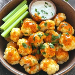 - 1 medium head of cauliflower, cut into bite-sized florets - 1 cup all-purpose flour (or gluten-free flour for a gluten-free option) - 1 teaspoon garlic powder - 1 teaspoon onion powder - 1 teaspoon smoked paprika - 1/2 teaspoon cayenne pepper (adjust according to your preferred spice level) - 1 cup buttermilk (or a plant-based milk mixed with 1 tablespoon vinegar for a vegan option) - 1/2 cup buffalo sauce (for example, Frank's RedHot) - 2 tablespoons olive oil - Salt and pepper to taste - Substitute all-purpose flour with almond flour for a nutty flavor. - Use oat milk instead of buttermilk for a dairy-free option. - Swap buffalo sauce for a milder hot sauce if you prefer less heat. - Chopped parsley for a fresh touch. - Sliced green onions for a mild onion flavor. - A drizzle of ranch or blue cheese dressing for extra creaminess. These ingredients make the air fryer buffalo cauliflower bites tasty and fun to eat. They are easy to find and perfect for a light snack or party dish. When you gather your ingredients, feel free to make adjustments based on your taste or diet. Enjoy experimenting! For the full recipe, check the details above. Start by rinsing the cauliflower under cold water. This step removes dirt and any debris. Next, cut the cauliflower into bite-sized florets. Try to keep them similar in size. This helps them cook evenly. After cutting, pat them dry with a clean towel. Removing excess moisture is key for crispiness. In a large bowl, mix together the flour, garlic powder, onion powder, smoked paprika, cayenne pepper, salt, and pepper. Whisk these dry ingredients well. This ensures all flavors combine. Gradually add in the buttermilk while stirring. Keep mixing until the batter is smooth and lump-free. A well-mixed batter coats the cauliflower nicely. Preheat your air fryer to 375°F (190°C) for about 5 minutes. This helps achieve a crispy texture. Lightly spray the air fryer basket with non-stick cooking spray. Take each cauliflower floret and dip it into the batter. Make sure it is fully coated. Let any excess batter drip off before placing it aside. Arrange the coated florets in a single layer in the basket. Avoid overcrowding to ensure even cooking. Air fry for 12-15 minutes. Shake the basket halfway through for even crispiness. The florets should turn golden brown and crispy. After cooking, place the hot cauliflower bites in a bowl. Add the buffalo sauce and olive oil, then toss gently. Ensure each piece is coated with the sauce. Return the sauced cauliflower to the air fryer basket. Cook for an additional 2-3 minutes. This lets the sauce set and enhances the flavor. Finally, serve your buffalo cauliflower bites hot and enjoy! For extra flair, sprinkle some chopped parsley on top. To get that crunchy texture, start with a dry cauliflower. After washing, pat it dry with a towel. This helps the batter stick well. When coating the florets, dip each piece fully in the batter. Let the excess batter drip off before air frying. This step prevents sogginess. Cook in batches if needed. Overcrowding the basket leads to uneven cooking. Shake the basket halfway through to get even crispiness. If you want more heat, add more cayenne pepper. Mix it into the dry ingredients. For a milder version, use less cayenne. You can also adjust the buffalo sauce amount after cooking. Remember, you can always add spice, but you can’t take it away! Serve these bites hot for the best taste. Use a rustic bowl for a nice touch. Drizzle extra buffalo sauce over the top. This adds a pop of color and flavor. Pair them with ranch or blue cheese dressing for dipping. Crunchy celery sticks are a great side for a classic buffalo experience. For more details on the full recipe, check out the Full Recipe section. {{image_4}} You can easily adapt this recipe to fit your diet. For a vegan version, replace buttermilk with plant-based milk mixed with vinegar. Use gluten-free flour instead of all-purpose flour to make it gluten-free. This way, everyone can enjoy the tasty buffalo cauliflower bites! Want to mix things up? You can add different flavors to your bites. Try garlic parmesan by adding grated vegan parmesan cheese to the batter. You can also add herbs like oregano or basil for a fresh twist. For a smoky touch, replace smoked paprika with chipotle powder. The options are endless! Feel free to swap out ingredients based on what you like. If you want a milder flavor, reduce the cayenne pepper. You can also use almond flour instead of regular flour for a nuttier taste. If you love spice, add more buffalo sauce or even a dash of hot sauce for extra heat. Make these bites your own! After enjoying your Air Fryer Buffalo Cauliflower Bites, store any leftovers in an airtight container. Keep them in the fridge for up to three days. This helps maintain their flavor and texture. If you're packing them for lunch, separate the bites from any sauce to keep them crisp. To reheat the cauliflower bites, use your air fryer for the best results. Set it to 350°F (175°C) and cook for about 5-7 minutes. This will restore their crunch. You can also use an oven if you don’t have an air fryer. Preheat it to 350°F (175°C) and bake for 10-15 minutes. If you want to save some bites for later, freezing is a great option. First, let the cooked bites cool completely. Then, place them in a single layer on a baking sheet and freeze until solid. After that, transfer them to a freezer bag. They can last up to three months in the freezer. When you're ready to eat them, just reheat directly from frozen in your air fryer or oven. For the full recipe, check out the detailed instructions included earlier. Enjoy your tasty snack! To make Air Fryer Buffalo Cauliflower Bites healthier, you can swap some ingredients. Use whole wheat flour instead of all-purpose flour. This adds fiber and nutrients. You can also use less buffalo sauce. Try mixing it with yogurt for a creamy dip. This reduces calories and adds protein. Finally, use an air fryer for less oil. This keeps the bites light and crispy. The best buffalo sauce is one that matches your taste. Frank's RedHot is a popular choice for its balance of heat and flavor. If you like a milder sauce, look for ones labeled "mild" or "medium." For more heat, try a hot sauce with extra cayenne pepper. Some brands even offer organic or gluten-free options. Always read the label for ingredients. Yes, you can make this recipe ahead of time. Prepare the cauliflower and batter, then store them separately in the fridge. This keeps them fresh for up to a day. When you're ready to cook, just coat the florets and air fry. If you want to store cooked bites, keep them in an airtight container. They can last for 3-4 days in the fridge. Reheat in the air fryer for a crispy finish. Check out the Full Recipe for more tips! This post covered everything you need to know about making Air Fryer Buffalo Cauliflower Bites. We explored the key ingredients, prep steps, and cooking methods. I shared tips for crispiness and spice adjustments. You can mix up flavors and accommodate dietary needs easily. In closing, enjoy this tasty dish as a snack or meal. It’s simple, fun, and satisfying. Now, get cooking and enjoy your delicious bites!