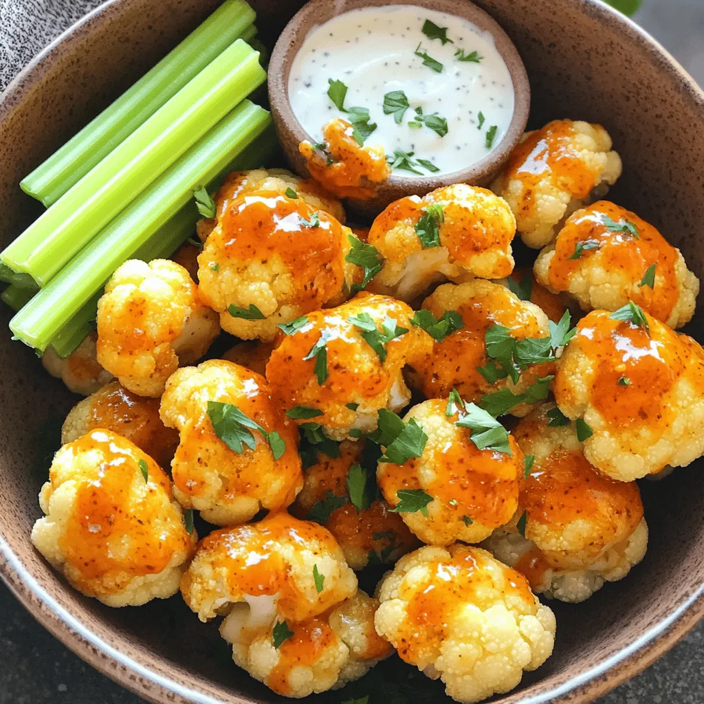 - 1 medium head of cauliflower, cut into bite-sized florets - 1 cup all-purpose flour (or gluten-free flour for a gluten-free option) - 1 teaspoon garlic powder - 1 teaspoon onion powder - 1 teaspoon smoked paprika - 1/2 teaspoon cayenne pepper (adjust according to your preferred spice level) - 1 cup buttermilk (or a plant-based milk mixed with 1 tablespoon vinegar for a vegan option) - 1/2 cup buffalo sauce (for example, Frank's RedHot) - 2 tablespoons olive oil - Salt and pepper to taste - Substitute all-purpose flour with almond flour for a nutty flavor. - Use oat milk instead of buttermilk for a dairy-free option. - Swap buffalo sauce for a milder hot sauce if you prefer less heat. - Chopped parsley for a fresh touch. - Sliced green onions for a mild onion flavor. - A drizzle of ranch or blue cheese dressing for extra creaminess. These ingredients make the air fryer buffalo cauliflower bites tasty and fun to eat. They are easy to find and perfect for a light snack or party dish. When you gather your ingredients, feel free to make adjustments based on your taste or diet. Enjoy experimenting! For the full recipe, check the details above. Start by rinsing the cauliflower under cold water. This step removes dirt and any debris. Next, cut the cauliflower into bite-sized florets. Try to keep them similar in size. This helps them cook evenly. After cutting, pat them dry with a clean towel. Removing excess moisture is key for crispiness. In a large bowl, mix together the flour, garlic powder, onion powder, smoked paprika, cayenne pepper, salt, and pepper. Whisk these dry ingredients well. This ensures all flavors combine. Gradually add in the buttermilk while stirring. Keep mixing until the batter is smooth and lump-free. A well-mixed batter coats the cauliflower nicely. Preheat your air fryer to 375°F (190°C) for about 5 minutes. This helps achieve a crispy texture. Lightly spray the air fryer basket with non-stick cooking spray. Take each cauliflower floret and dip it into the batter. Make sure it is fully coated. Let any excess batter drip off before placing it aside. Arrange the coated florets in a single layer in the basket. Avoid overcrowding to ensure even cooking. Air fry for 12-15 minutes. Shake the basket halfway through for even crispiness. The florets should turn golden brown and crispy. After cooking, place the hot cauliflower bites in a bowl. Add the buffalo sauce and olive oil, then toss gently. Ensure each piece is coated with the sauce. Return the sauced cauliflower to the air fryer basket. Cook for an additional 2-3 minutes. This lets the sauce set and enhances the flavor. Finally, serve your buffalo cauliflower bites hot and enjoy! For extra flair, sprinkle some chopped parsley on top. To get that crunchy texture, start with a dry cauliflower. After washing, pat it dry with a towel. This helps the batter stick well. When coating the florets, dip each piece fully in the batter. Let the excess batter drip off before air frying. This step prevents sogginess. Cook in batches if needed. Overcrowding the basket leads to uneven cooking. Shake the basket halfway through to get even crispiness. If you want more heat, add more cayenne pepper. Mix it into the dry ingredients. For a milder version, use less cayenne. You can also adjust the buffalo sauce amount after cooking. Remember, you can always add spice, but you can’t take it away! Serve these bites hot for the best taste. Use a rustic bowl for a nice touch. Drizzle extra buffalo sauce over the top. This adds a pop of color and flavor. Pair them with ranch or blue cheese dressing for dipping. Crunchy celery sticks are a great side for a classic buffalo experience. For more details on the full recipe, check out the Full Recipe section. {{image_4}} You can easily adapt this recipe to fit your diet. For a vegan version, replace buttermilk with plant-based milk mixed with vinegar. Use gluten-free flour instead of all-purpose flour to make it gluten-free. This way, everyone can enjoy the tasty buffalo cauliflower bites! Want to mix things up? You can add different flavors to your bites. Try garlic parmesan by adding grated vegan parmesan cheese to the batter. You can also add herbs like oregano or basil for a fresh twist. For a smoky touch, replace smoked paprika with chipotle powder. The options are endless! Feel free to swap out ingredients based on what you like. If you want a milder flavor, reduce the cayenne pepper. You can also use almond flour instead of regular flour for a nuttier taste. If you love spice, add more buffalo sauce or even a dash of hot sauce for extra heat. Make these bites your own! After enjoying your Air Fryer Buffalo Cauliflower Bites, store any leftovers in an airtight container. Keep them in the fridge for up to three days. This helps maintain their flavor and texture. If you're packing them for lunch, separate the bites from any sauce to keep them crisp. To reheat the cauliflower bites, use your air fryer for the best results. Set it to 350°F (175°C) and cook for about 5-7 minutes. This will restore their crunch. You can also use an oven if you don’t have an air fryer. Preheat it to 350°F (175°C) and bake for 10-15 minutes. If you want to save some bites for later, freezing is a great option. First, let the cooked bites cool completely. Then, place them in a single layer on a baking sheet and freeze until solid. After that, transfer them to a freezer bag. They can last up to three months in the freezer. When you're ready to eat them, just reheat directly from frozen in your air fryer or oven. For the full recipe, check out the detailed instructions included earlier. Enjoy your tasty snack! To make Air Fryer Buffalo Cauliflower Bites healthier, you can swap some ingredients. Use whole wheat flour instead of all-purpose flour. This adds fiber and nutrients. You can also use less buffalo sauce. Try mixing it with yogurt for a creamy dip. This reduces calories and adds protein. Finally, use an air fryer for less oil. This keeps the bites light and crispy. The best buffalo sauce is one that matches your taste. Frank's RedHot is a popular choice for its balance of heat and flavor. If you like a milder sauce, look for ones labeled "mild" or "medium." For more heat, try a hot sauce with extra cayenne pepper. Some brands even offer organic or gluten-free options. Always read the label for ingredients. Yes, you can make this recipe ahead of time. Prepare the cauliflower and batter, then store them separately in the fridge. This keeps them fresh for up to a day. When you're ready to cook, just coat the florets and air fry. If you want to store cooked bites, keep them in an airtight container. They can last for 3-4 days in the fridge. Reheat in the air fryer for a crispy finish. Check out the Full Recipe for more tips! This post covered everything you need to know about making Air Fryer Buffalo Cauliflower Bites. We explored the key ingredients, prep steps, and cooking methods. I shared tips for crispiness and spice adjustments. You can mix up flavors and accommodate dietary needs easily. In closing, enjoy this tasty dish as a snack or meal. It’s simple, fun, and satisfying. Now, get cooking and enjoy your delicious bites!
