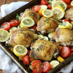 To make the Sheet Pan Lemon Herb Chicken and Veggies, you need quality ingredients. Fresh items enhance flavor and nutrition. Here’s what you’ll need: - 4 bone-in, skin-on chicken thighs - 2 tablespoons extra virgin olive oil - 2 lemons (1 for juicing, 1 for slicing) - 3 cloves garlic, finely minced - 1 teaspoon dried oregano - 1 teaspoon dried thyme - 1 teaspoon smoked paprika - Salt and freshly cracked black pepper to taste - 1 bell pepper (red or yellow), chopped into bite-sized pieces - 1 medium zucchini, sliced into half-moons - 1 cup cherry tomatoes, halved - Fresh parsley leaves for garnish Ingredient Quality and Substitutes: - Chicken Thighs: Bone-in, skin-on thighs bring juiciness. You can use boneless thighs or chicken breasts, but adjust cooking time. - Olive Oil: Extra virgin adds richness. Avocado oil works well too. - Lemons: Fresh lemons are best for juicing. Bottled lemon juice lacks flavor. - Garlic: Fresh garlic gives a stronger taste than powdered. - Herbs: Use fresh herbs if available. Double the amount for a bright flavor. - Vegetables: Feel free to change the bell pepper or zucchini. Carrots or broccoli are great substitutes. Measurement References: - 1 tablespoon = 15 ml - 1 cup = 240 ml Using precise measures helps ensure great results. The balance of flavors is key in this dish, making every bite delightful. For the full recipe, check the details provided earlier. First, set your oven to preheat at 400°F (200°C). This step makes sure your chicken cooks evenly. Next, let’s prepare the chicken. In a bowl, mix olive oil, lemon juice, garlic, oregano, thyme, smoked paprika, salt, and pepper. Whisk it well until combined. Now, place your chicken thighs in a large bowl or a ziplock bag. Pour the marinade over the chicken and coat each piece well. Massage the marinade into the chicken for 1-2 minutes. For the best flavor, let it sit for at least 30 minutes at room temperature. If you have time, marinate it in the fridge for up to 4 hours. This will enhance the taste. Next, let’s chop our veggies. You’ll need a bell pepper, a zucchini, and cherry tomatoes. Cut the bell pepper into bite-sized pieces. Slice the zucchini into half-moons and halve the cherry tomatoes. In a bowl, drizzle a little olive oil over the veggies. Season them with salt and pepper. Toss gently to coat each piece. Choose vegetables that you love. You can use carrots, broccoli, or asparagus, too. Just remember to cut them to a uniform size. This helps them cook evenly, giving you a perfect texture. Now, we’ll arrange the chicken and veggies on a baking sheet. Position the marinated chicken thighs in the center of the sheet. Scatter the seasoned vegetables around the chicken. Top each chicken thigh with lemon slices for extra flavor. Transfer the baking sheet to your preheated oven. Bake for 30-35 minutes until the chicken reaches an internal temperature of 165°F. The veggies should be tender and slightly caramelized. To check for doneness, use a meat thermometer in the thickest part of the chicken. Let the dish rest for 5 minutes after removing it from the oven. This helps the juices settle. Before serving, add fresh parsley on top for color and freshness. Enjoy your vibrant meal! For a detailed breakdown of the recipe, check the Full Recipe. To boost flavor, consider adding fresh herbs like rosemary or basil. They brighten the dish. You can also try spices such as cumin or coriander for a unique twist. Marinate the chicken for at least 30 minutes, but for best results, aim for 4 hours. This time allows the flavors to soak in. You can add optional ingredients like olives or artichokes, enhancing the dish's profile with different textures and tastes. To avoid undercooked chicken, use a meat thermometer. The chicken should reach 165°F for safety. For veggies, make sure they are cut evenly to cook at the same rate. If you have a convection oven, use it. The hot air cooks food evenly and quickly. Also, let the dish rest for 5 minutes after baking. This step allows juices to redistribute, making your meal more flavorful. {{image_4}} You can easily change up the protein in this dish. Try chicken breast for a leaner option. If you want a plant-based meal, tofu works great too. Simply press the tofu to remove extra moisture before marinating. For vegetables, think about what’s in season. In summer, use fresh corn or eggplant. In fall, sweet potatoes or Brussels sprouts add a nice touch. The key is to keep the colors bright and the flavors fresh. You can also play with the marinade. Swap lemon juice for lime juice for a zesty twist. Adding a splash of soy sauce gives it an Asian flair. A bit of honey can add sweetness, while mustard adds a tangy kick. Don't be afraid to get creative! You can grill or air fry this dish for a different taste. For grilling, use a grill pan or an outdoor grill. Cook the chicken and veggies on medium heat. This adds a nice char and smoky flavor. If you choose air frying, reduce the cooking time to about 20-25 minutes. Keep an eye on the food to avoid overcooking. Combining methods is also fun. Start by grilling the chicken for a smoky flavor, then finish it in the oven. This gives a crispy skin and juicy meat. You can serve it with the veggies right from the grill or oven for a beautiful presentation. For the full recipe, check out the details above and enjoy your cooking adventure! After enjoying your sheet pan lemon herb chicken and veggies, you might have leftovers. Store them safely in the fridge. Use an airtight container to keep them fresh. Make sure to cool the dish to room temperature before sealing it. This helps avoid moisture build-up inside the container. You can keep the leftovers in the fridge for up to three days. If you want to enjoy them later, freezing is a great option. If you want to freeze the dish, let it cool completely first. Portion it into smaller servings. This makes reheating easier and faster. Use freezer-safe containers or heavy-duty freezer bags. Be sure to squeeze out any excess air from the bags before sealing. Label each container with the date. Your chicken and veggies can stay fresh in the freezer for up to three months. When it’s time to enjoy your frozen meal, thaw it overnight in the fridge. Reheat it gently in the oven at 350°F (175°C) until hot. You can also use a microwave, but watch closely to avoid overcooking. Enjoy your delicious meal as if it were fresh from the oven! Can I use boneless chicken for this recipe? Yes, you can. Boneless chicken cooks faster. Just check the internal temperature to ensure it reaches 165°F. How can I make this recipe lower in calories? To lower calories, use skinless chicken. You can also reduce the olive oil and add more veggies. What side dishes pair well with this sheet pan meal? I love serving this meal with a fresh salad. Quinoa or brown rice also works great. Can I prepare this dish ahead of time? Yes, you can marinate the chicken a day before. Just store it in the fridge until you're ready to cook. What can I do with leftover vegetables? Leftover veggies are great in stir-fries or soups. You can also toss them into an omelet for a tasty breakfast. How do I adjust the recipe for larger servings? To serve more people, simply double the ingredients. Use a larger baking sheet to fit everything. This blog post covered a simple, tasty recipe using sheet pan cooking. We looked at the ingredients, steps, and storage tips. Cooking doesn’t have to be hard. You can swap ingredients and try new methods, like grilling or air frying. Enjoy your newfound skills in the kitchen! With practice, you can make any dish shine. So grab your ingredients and start cooking today!
