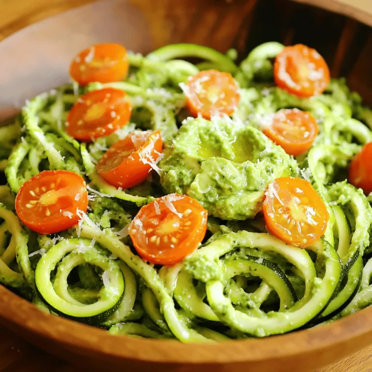 Here’s what you need to make zucchini noodles with pesto: - 4 medium zucchinis - 1 ripe avocado - 1 cup fresh basil leaves, packed - 1/4 cup pine nuts, lightly toasted - 2 cloves garlic, minced - 1/4 cup nutritional yeast (for a cheesy flavor) - 2 tablespoons freshly squeezed lemon juice - 1/4 cup extra virgin olive oil, plus more for drizzling - Salt and black pepper, to taste - 1 cup cherry tomatoes, halved (for garnish) - Grated Parmesan or a vegan cheese alternative (optional, for serving) With these fresh ingredients, you can create a meal that’s not just healthy but also bursting with flavor. Zucchini gives a light, crunchy base, while avocado adds creaminess. Fresh basil brings a fragrant touch, and pine nuts offer a nutty crunch. You’ll love how simple, yet satisfying, this dish is! If you want to follow the full recipe, it’s all laid out for you to enjoy. To get started, you need to prepare the zoodles. First, grab your spiralizer. If you don’t have one, a vegetable peeler works too. - Using a Spiralizer or Vegetable Peeler Start by cutting the ends off each zucchini. Place them in the spiralizer and twist to create long, noodle-like strands. If using a peeler, slice the zucchini into thin ribbons. Both methods yield delicious zoodles. - Draining Excess Moisture After making the zoodles, it’s time to drain them. Place the zoodles in a colander. Sprinkle a little salt on them. Let them sit for about 10 minutes. This helps remove excess moisture. It prevents your dish from getting watery. Next, we’ll make the creamy avocado pesto that gives this dish its flavor. - Blending Ingredients in a Food Processor In a food processor, add the ripe avocado, fresh basil, toasted pine nuts, and minced garlic. Pour in the lemon juice and olive oil. Blend everything until smooth and creamy. - Adjusting Consistency and Seasoning Taste the pesto. If it needs more flavor, add salt and pepper. If the pesto is too thick, add a tablespoon of water. Blend again until you reach your desired texture. Now it’s time to mix the zoodles with your tasty pesto. - Gentle Tossing for Even Coating In a large mixing bowl, combine the zoodles and pesto. Use tongs or a spatula to gently toss them together. Make sure every strand is coated well. - Optional Warming Method If you like warm zoodles, heat a non-stick skillet over medium heat. Add the pesto-coated zoodles. Sauté for 2-3 minutes. Toss gently to keep them crunchy. Enjoy this fresh and healthy meal right away! Don't forget to check out the Full Recipe for more details. To ensure your zoodles shine, start with salting them. Lightly sprinkle salt over the spiralized zucchini. Let them sit in a colander for about 10 minutes. This process helps draw out excess water. When you skip this step, your dish may turn watery. A dry zoodle means a better meal. For cooking time, keep it short. If you want warm zoodles, heat them for just 2-3 minutes. Toss them gently in a skillet over medium heat. You want them to stay crunchy. Overcooking will ruin their texture. To make your pesto even better, think about adding extra ingredients. Consider adding a squeeze of fresh lime juice for a zesty kick. You can also mix in some spinach for added nutrients. If you love spice, a pinch of red pepper flakes can wake up the flavors. When using a blender, remember a few tips. Make sure to chop your ingredients before blending. This helps ensure a smooth texture. If your pesto is too thick, add water a tablespoon at a time. Blend until it reaches your desired creaminess. For a stunning plate, think about how you arrange the zoodles. Layer them in a small mound in the center of the plate. It gives your dish height and draws the eye. Scatter cherry tomatoes around the edges for color. For garnishing, fresh herbs work wonders. A sprinkle of chopped basil or parsley adds a nice touch. You might even drizzle a bit of olive oil on top for extra richness. This simple step makes your meal look gourmet and inviting. {{image_4}} If you want to change things up, consider using different noodles. Spaghetti squash is a great choice. It has a mild flavor that pairs well with pesto. You just need to roast it until tender. Then, scrape out the strands with a fork. You can also try other veggies like carrots or sweet potatoes. For a vegan pesto, swap the cheese with nutritional yeast. It gives a cheesy taste without dairy. You can also use sunflower seeds instead of pine nuts. They add a nice crunch and flavor. Adding spices or other veggies can boost the flavor. Try red pepper flakes for a kick. You could also mix in sautéed bell peppers or spinach. These add color and nutrients. For protein, consider adding chickpeas or grilled chicken. Tofu is a good choice too. It makes the dish more filling. Pair your zucchini noodles with crusty bread or a fresh salad. A simple side salad can balance the meal. You can also meal prep by making extra zoodles and pesto. Store them separately in the fridge. They last for a few days. This way, you can enjoy a quick meal later in the week. For the full recipe, check out the recipe section above. To keep leftover zoodles fresh, place them in an airtight container. Always refrigerate them right away. This helps preserve their taste and texture. They will last for about 2 to 3 days in the fridge. If you want to save zoodles for later, freezing is a great option. First, blanch them in boiling water for about 1 minute. This step helps stop the enzyme activity that can change their taste. After blanching, cool them in ice water. Drain and pack them in freezer bags. They can last up to 3 months in the freezer. For pesto, store it in a jar or container. It can last about a week in the fridge. For longer storage, freeze it in ice cube trays. Once frozen, pop the cubes into a bag. When reheating zoodles, use a skillet over low heat. Add a splash of water or olive oil to keep them moist. Stir gently until heated through, about 2 to 3 minutes. Avoid using a microwave, as it can make them soggy. If you want, serve them with fresh toppings to boost their flavor. You can use a vegetable peeler. Slice the zucchini into thin ribbons. This gives you a similar texture to traditional noodles. After peeling, place the ribbons in a colander and sprinkle with salt. Let them sit for a few minutes. This helps remove excess moisture. Yes, you can make the pesto ahead of time. Store it in an airtight container in the fridge. To keep it fresh, drizzle a thin layer of olive oil on top. This helps prevent oxidation and keeps the color bright. Absolutely! Zucchini noodles are naturally gluten-free. They are a perfect choice for anyone avoiding gluten. You can enjoy them without worry. If you want to swap out pine nuts, try walnuts or sunflower seeds. These options add a different flavor but still taste great. You can also use cashews for a creamy texture. To make your zucchini noodles more filling, add protein. Grilled chicken, shrimp, or chickpeas work well. You can also toss in some cooked quinoa or beans for extra fiber and nutrients. Adding these ingredients makes your meal heartier and more satisfying. Making zoodles and avocado pesto is simple and fun. We covered the essential ingredients, like zucchini and avocado, and how to prepare them. You learned step-by-step instructions to create the perfect dish. Tips helped you avoid wateriness and enhance flavor. We also shared variations and storage techniques for leftovers. Enjoy this dish, and feel free to get creative in the kitchen! Experiment with flavors and ingredients to make it your own. You now have all the tools to impress your family and friends.
