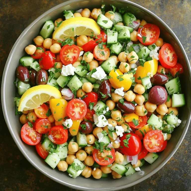 Here is what you need for the Mediterranean Chickpea Salad: - 2 cups canned chickpeas, thoroughly rinsed and drained - 1 cup cherry tomatoes, halved - 1 cucumber, diced into bite-sized pieces - 1/2 red onion, finely chopped - 1/2 bell pepper (choose between red or yellow), diced - 1/4 cup kalamata olives, pitted and sliced - 1/4 cup feta cheese, crumbled - 1/4 cup fresh parsley, roughly chopped - 3 tablespoons extra virgin olive oil - 2 tablespoons freshly squeezed lemon juice - 1 teaspoon dried oregano - Salt and freshly ground black pepper to taste Not all ingredients may be on hand. Here are some easy swaps: - Use canned white beans instead of chickpeas for a different taste. - Try grape tomatoes if cherry tomatoes are hard to find. - Swap the cucumber with zucchini for a fresh twist. - If you don’t have feta, use goat cheese for a tangy flavor. - For a vegan option, skip the cheese or use a plant-based version. This salad is not just tasty; it’s good for you too. Here are some benefits: - Chickpeas: High in protein and fiber, they keep you full longer. - Tomatoes: Rich in vitamins A and C, great for skin health. - Cucumbers: Low in calories, they hydrate and refresh. - Olives: Provide healthy fats that support heart health. - Feta Cheese: Offers calcium for strong bones and teeth. - Parsley: Packed with vitamins, it helps boost your immune system. Enjoy making this Mediterranean Chickpea Salad! For the full recipe, check the complete guide above. Start by gathering all your fresh ingredients. First, rinse and drain 2 cups of canned chickpeas. This step gets rid of excess salt and makes them taste fresh. Next, halve 1 cup of cherry tomatoes. Their sweetness adds a nice touch to the salad. Then, take a cucumber and dice it into bite-sized pieces. This adds crunch and freshness. After that, finely chop 1/2 red onion. Use it sparingly if you want less bite. Dice 1/2 a bell pepper, either red or yellow, for color and sweetness. Finally, slice 1/4 cup of kalamata olives and roughly chop 1/4 cup of fresh parsley. Put all these ingredients in a large mixing bowl. In a small bowl, whisk together 3 tablespoons of extra virgin olive oil and 2 tablespoons of freshly squeezed lemon juice. This dressing is simple but bright. Add 1 teaspoon of dried oregano for an earthy flavor. Don’t forget to sprinkle in some salt and pepper to taste. Mix until everything blends well. This dressing will tie all the flavors together. Now, drizzle the dressing over the chickpea mixture in the large bowl. Toss gently to coat every ingredient evenly. You want every bite to be flavorful. Next, crumble in 1/4 cup of feta cheese. Toss it lightly so it keeps its shape. Taste the salad and adjust any flavors with extra salt, pepper, or lemon juice. Cover the salad and chill it in the fridge for 30 minutes. This waiting time lets the flavors meld beautifully. Before serving, give the salad one last gentle toss. Now it’s ready to enjoy! For the full recipe, refer to the provided details above. To boost flavor in your Mediterranean Chickpea Salad, use fresh herbs. Fresh parsley adds a bright touch. You can also try mint for a refreshing taste. Try adding a dash of red pepper flakes for heat. A sprinkle of lemon zest gives it a nice zing. Finally, let the salad sit after mixing. This helps the flavors blend well. Serve your salad in a large bowl or on individual plates. You can add slices of lemon for a pop of color. Garnish with more parsley for freshness. Pair the salad with pita bread or grilled chicken. It also works well as a side dish for any meal. You can make this salad a day ahead. Just keep it in the fridge until you are ready to serve. The flavors will deepen and taste even better. If you plan to store it, add feta cheese right before serving. This keeps the cheese fresh and intact. For the best taste, enjoy it within two days. {{image_4}} You can easily boost the protein in your Mediterranean Chickpea Salad. Adding grilled chicken or shrimp gives a tasty twist. If you prefer a plant-based protein, consider adding marinated tofu or tempeh. These options not only enhance the dish but also keep it filling. You could even mix in some cooked quinoa or farro for a hearty addition. This salad is already vegetarian, but you can easily make it vegan. Simply leave out the feta cheese or swap it for a vegan cheese alternative. You can also add more ingredients, like avocado, for creaminess. This keeps the salad fresh and satisfying while fitting a vegan diet. You can change this salad with the seasons. In summer, try adding ripe peaches or berries for sweetness. In fall, diced apples or roasted sweet potatoes create warmth. In winter, consider adding citrus fruits like oranges or grapefruits for zest. These seasonal tweaks keep the salad exciting all year round. For the complete recipe, check out the Full Recipe. To store your Mediterranean chickpea salad, place it in an airtight container. This keeps the salad fresh and prevents spills. Make sure to cover it tightly. You can keep it in the fridge for up to three days. If you notice any changes in smell or color, throw it away. Most ingredients in this salad have a good shelf life. Canned chickpeas last for several years if unopened. Once opened, use them within a week. Cherry tomatoes stay fresh for about five days in the fridge. Cucumbers usually last about a week. Feta cheese can last up to two weeks. Always check for any signs of spoilage before using. Freezing Mediterranean chickpea salad is not recommended. Fresh veggies lose their crunch and flavor when frozen. If you want to freeze some of the ingredients, you can freeze chickpeas separately. To do this, rinse and drain the chickpeas, then place them in a freezer-safe bag. When you're ready to use them, thaw in the fridge overnight. Add them to fresh veggies and dressing, and enjoy your salad! For more details, check the Full Recipe. You can add many tasty ingredients to make this salad your own. Try adding diced avocado for creaminess. You can also mix in roasted red peppers for a sweet kick. Artichoke hearts add a nice texture, too. For a spicy touch, include jalapeños or chili flakes. Fresh herbs like mint or basil can brighten the flavors further. Feel free to experiment with your favorites! Yes, you can make this salad ahead of time. It tastes even better after the flavors meld. Just prepare it and store it in the fridge for up to two days. Keep the feta cheese separate until you’re ready to serve. This way, it stays fresh and doesn’t crumble too much. If you want to serve it later, give it a quick toss before enjoying! Absolutely! Mediterranean Chickpea Salad is naturally gluten-free. The main ingredients, like chickpeas and veggies, do not contain gluten. This makes it a great option for those with gluten sensitivities. Just double-check any packaged ingredients, like olives or feta, to ensure they are gluten-free. Enjoy this fresh, healthy dish without worry! This post covered Mediterranean Chickpea Salad in detail. We discussed key ingredients, substitutions, and health benefits. You learned how to prepare fresh ingredients and make the dressing. I shared tips on enhancing flavor and serving suggestions. We explored protein options and seasonal variations. Finally, I provided storage info and answered common questions. This salad is versatile and healthy, making it a great choice. Enjoy it any time for a tasty meal!