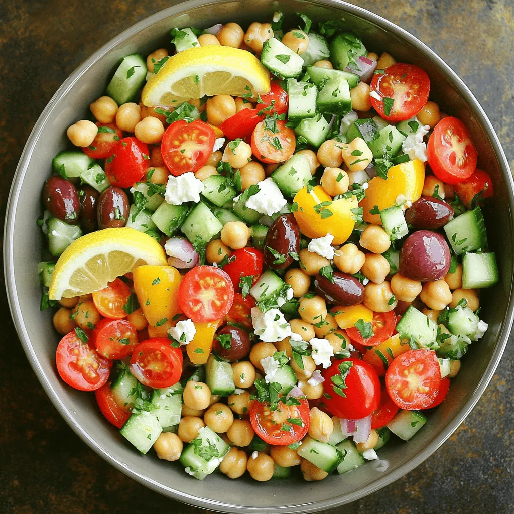 Here is what you need for the Mediterranean Chickpea Salad: - 2 cups canned chickpeas, thoroughly rinsed and drained - 1 cup cherry tomatoes, halved - 1 cucumber, diced into bite-sized pieces - 1/2 red onion, finely chopped - 1/2 bell pepper (choose between red or yellow), diced - 1/4 cup kalamata olives, pitted and sliced - 1/4 cup feta cheese, crumbled - 1/4 cup fresh parsley, roughly chopped - 3 tablespoons extra virgin olive oil - 2 tablespoons freshly squeezed lemon juice - 1 teaspoon dried oregano - Salt and freshly ground black pepper to taste Not all ingredients may be on hand. Here are some easy swaps: - Use canned white beans instead of chickpeas for a different taste. - Try grape tomatoes if cherry tomatoes are hard to find. - Swap the cucumber with zucchini for a fresh twist. - If you don’t have feta, use goat cheese for a tangy flavor. - For a vegan option, skip the cheese or use a plant-based version. This salad is not just tasty; it’s good for you too. Here are some benefits: - Chickpeas: High in protein and fiber, they keep you full longer. - Tomatoes: Rich in vitamins A and C, great for skin health. - Cucumbers: Low in calories, they hydrate and refresh. - Olives: Provide healthy fats that support heart health. - Feta Cheese: Offers calcium for strong bones and teeth. - Parsley: Packed with vitamins, it helps boost your immune system. Enjoy making this Mediterranean Chickpea Salad! For the full recipe, check the complete guide above. Start by gathering all your fresh ingredients. First, rinse and drain 2 cups of canned chickpeas. This step gets rid of excess salt and makes them taste fresh. Next, halve 1 cup of cherry tomatoes. Their sweetness adds a nice touch to the salad. Then, take a cucumber and dice it into bite-sized pieces. This adds crunch and freshness. After that, finely chop 1/2 red onion. Use it sparingly if you want less bite. Dice 1/2 a bell pepper, either red or yellow, for color and sweetness. Finally, slice 1/4 cup of kalamata olives and roughly chop 1/4 cup of fresh parsley. Put all these ingredients in a large mixing bowl. In a small bowl, whisk together 3 tablespoons of extra virgin olive oil and 2 tablespoons of freshly squeezed lemon juice. This dressing is simple but bright. Add 1 teaspoon of dried oregano for an earthy flavor. Don’t forget to sprinkle in some salt and pepper to taste. Mix until everything blends well. This dressing will tie all the flavors together. Now, drizzle the dressing over the chickpea mixture in the large bowl. Toss gently to coat every ingredient evenly. You want every bite to be flavorful. Next, crumble in 1/4 cup of feta cheese. Toss it lightly so it keeps its shape. Taste the salad and adjust any flavors with extra salt, pepper, or lemon juice. Cover the salad and chill it in the fridge for 30 minutes. This waiting time lets the flavors meld beautifully. Before serving, give the salad one last gentle toss. Now it’s ready to enjoy! For the full recipe, refer to the provided details above. To boost flavor in your Mediterranean Chickpea Salad, use fresh herbs. Fresh parsley adds a bright touch. You can also try mint for a refreshing taste. Try adding a dash of red pepper flakes for heat. A sprinkle of lemon zest gives it a nice zing. Finally, let the salad sit after mixing. This helps the flavors blend well. Serve your salad in a large bowl or on individual plates. You can add slices of lemon for a pop of color. Garnish with more parsley for freshness. Pair the salad with pita bread or grilled chicken. It also works well as a side dish for any meal. You can make this salad a day ahead. Just keep it in the fridge until you are ready to serve. The flavors will deepen and taste even better. If you plan to store it, add feta cheese right before serving. This keeps the cheese fresh and intact. For the best taste, enjoy it within two days. {{image_4}} You can easily boost the protein in your Mediterranean Chickpea Salad. Adding grilled chicken or shrimp gives a tasty twist. If you prefer a plant-based protein, consider adding marinated tofu or tempeh. These options not only enhance the dish but also keep it filling. You could even mix in some cooked quinoa or farro for a hearty addition. This salad is already vegetarian, but you can easily make it vegan. Simply leave out the feta cheese or swap it for a vegan cheese alternative. You can also add more ingredients, like avocado, for creaminess. This keeps the salad fresh and satisfying while fitting a vegan diet. You can change this salad with the seasons. In summer, try adding ripe peaches or berries for sweetness. In fall, diced apples or roasted sweet potatoes create warmth. In winter, consider adding citrus fruits like oranges or grapefruits for zest. These seasonal tweaks keep the salad exciting all year round. For the complete recipe, check out the Full Recipe. To store your Mediterranean chickpea salad, place it in an airtight container. This keeps the salad fresh and prevents spills. Make sure to cover it tightly. You can keep it in the fridge for up to three days. If you notice any changes in smell or color, throw it away. Most ingredients in this salad have a good shelf life. Canned chickpeas last for several years if unopened. Once opened, use them within a week. Cherry tomatoes stay fresh for about five days in the fridge. Cucumbers usually last about a week. Feta cheese can last up to two weeks. Always check for any signs of spoilage before using. Freezing Mediterranean chickpea salad is not recommended. Fresh veggies lose their crunch and flavor when frozen. If you want to freeze some of the ingredients, you can freeze chickpeas separately. To do this, rinse and drain the chickpeas, then place them in a freezer-safe bag. When you're ready to use them, thaw in the fridge overnight. Add them to fresh veggies and dressing, and enjoy your salad! For more details, check the Full Recipe. You can add many tasty ingredients to make this salad your own. Try adding diced avocado for creaminess. You can also mix in roasted red peppers for a sweet kick. Artichoke hearts add a nice texture, too. For a spicy touch, include jalapeños or chili flakes. Fresh herbs like mint or basil can brighten the flavors further. Feel free to experiment with your favorites! Yes, you can make this salad ahead of time. It tastes even better after the flavors meld. Just prepare it and store it in the fridge for up to two days. Keep the feta cheese separate until you’re ready to serve. This way, it stays fresh and doesn’t crumble too much. If you want to serve it later, give it a quick toss before enjoying! Absolutely! Mediterranean Chickpea Salad is naturally gluten-free. The main ingredients, like chickpeas and veggies, do not contain gluten. This makes it a great option for those with gluten sensitivities. Just double-check any packaged ingredients, like olives or feta, to ensure they are gluten-free. Enjoy this fresh, healthy dish without worry! This post covered Mediterranean Chickpea Salad in detail. We discussed key ingredients, substitutions, and health benefits. You learned how to prepare fresh ingredients and make the dressing. I shared tips on enhancing flavor and serving suggestions. We explored protein options and seasonal variations. Finally, I provided storage info and answered common questions. This salad is versatile and healthy, making it a great choice. Enjoy it any time for a tasty meal!