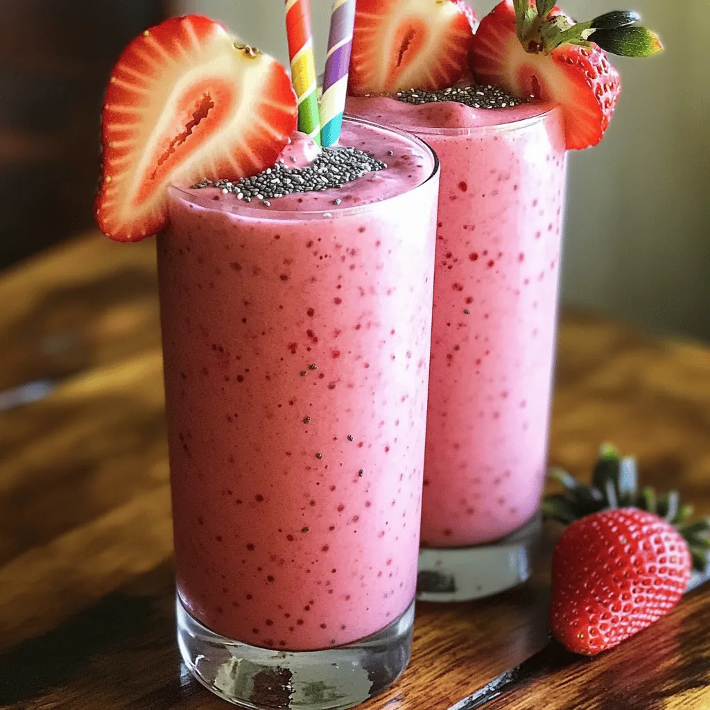 - 1 frozen ripe banana - 1 cup fresh strawberries, hulled and halved - 1/2 cup Greek yogurt (plain or vanilla) - 1 cup unsweetened almond milk (or your preferred milk) - 1 tablespoon honey or maple syrup (optional) - 1 tablespoon chia seeds - A pinch of ground cinnamon - Ice cubes (optional) You will need fresh produce to bring bright flavors to your smoothie. Start with a frozen ripe banana. This gives your smoothie a creamy texture. Next, add one cup of fresh strawberries. Make sure to hull and halve them for easy blending. For the dairy component, use half a cup of Greek yogurt. You can choose plain or vanilla based on your taste. This adds richness and protein. Next, include one cup of unsweetened almond milk. You can use any milk you prefer. If you want your smoothie sweeter, add one tablespoon of honey or maple syrup. This step is optional, so adjust it based on your taste. Chia seeds bring extra nutrition. Use one tablespoon for added fiber and omega-3s. A pinch of ground cinnamon adds warmth and depth to the flavor. If you like a thick smoothie, add a few ice cubes. This is also optional and depends on your texture preference. For the full recipe, check out the Berry Bliss Smoothie . Begin by placing the frozen banana and halved strawberries in the blender. The frozen banana gives a creamy texture. The strawberries add a sweet and tangy flavor. You want them hulled and halved to blend well. Next, include Greek yogurt and almond milk. The yogurt adds protein and creaminess. Almond milk keeps it light and refreshing. If you like your smoothie sweeter, add honey or maple syrup now. This step is optional, so you can skip it if you prefer less sweetness. Blend all the ingredients on high speed until smooth. This usually takes about 30 seconds to 1 minute. If the smoothie is too thick, add a splash more almond milk. Blend again until you reach your desired texture. For a thicker smoothie, add a few ice cubes and blend again. Taste the smoothie and adjust sweetness if needed before serving. Enjoy this Healthy Strawberry Banana Smoothie right away for the best flavor! For the full recipe, check out the Berry Bliss Smoothie! To get the right thickness for your smoothie, you can adjust it based on your taste. If you want a thinner drink, add a splash of almond milk. If you like it thicker, toss in a few ice cubes. Blend again until smooth. The frozen banana already helps to create a creamy texture, so adding ice cubes can enhance that creaminess. To change the flavor of your smoothie, consider adding a dash of vanilla extract. This can give your drink a warm and inviting taste. You can also try a small pinch of nutmeg or ginger for a unique twist. If you prefer it sweeter, add more honey or maple syrup. Just remember to blend it well after adding any extras. To make your smoothie look great, serve it in tall, clear glasses. This way, you can show off the lovely pink color. Garnish with a slice of strawberry on the rim and sprinkle some chia seeds on top for extra flair. Using colorful straws can make it even more fun. Presentation matters, so take a moment to make it look nice before enjoying! {{image_4}} You can mix things up with other fruits. If you want a twist, try using blueberries or raspberries instead of strawberries. These berries add a nice tartness. You can also use mango or peaches for a sweeter taste. Each fruit gives a unique flavor. So, feel free to swap them out! Want a health kick? Add some spinach to your smoothie. It blends right in and gives extra vitamins. You might also try protein powder for a filling boost. Nut butters like almond or peanut add creaminess and protein. Just one tablespoon can change the whole drink. These boosters make your smoothie even better! If you prefer dairy-free, use coconut yogurt instead of Greek yogurt. It’s creamy and tasty. For a vegan option, stick with almond milk or oat milk. You can also skip honey and use agave syrup for sweetness. Each choice keeps your smoothie delicious and kind to all diets. If you have leftover smoothie, store it in a sealed jar or container. Glass containers work best. Keep it in the fridge for up to 24 hours. Shake or stir well before drinking to mix the ingredients again. You can freeze the smoothie for later. Pour it into ice cube trays or silicone molds. Once frozen, transfer the cubes to a zip-top bag. This way, you can blend a few cubes with fresh ingredients later for a quick treat. To keep the smoothie fresh, drink it right after making it. If you can't, store it properly. The texture and taste are best when fresh. Use a squeeze of lemon juice to help maintain color and freshness if you plan to store it for a short time. You can adjust the sweetness of your smoothie easily. If you want it sweeter, add honey or maple syrup. Start with one tablespoon and blend. Taste it, then add more if needed. Remember, ripe bananas add natural sweetness too. Yes, you can use frozen strawberries. They add a nice chill to your smoothie. Just like frozen bananas, they help make the drink creamy. If using frozen strawberries, you might skip the ice cubes. Strawberries are low in calories and high in vitamin C. They help boost your immune system. Bananas are rich in potassium, good for your heart. Together, they make a great mix. They add fiber, which is good for digestion. This smoothie is a tasty way to enjoy these health benefits. This blog post shared a simple and tasty smoothie recipe. You learned about fresh ingredients like bananas and strawberries, plus how to blend them with yogurt and milk. We explored tips to get the best texture and ways to customize flavors. You can even freeze smoothies for later or switch up the fruits. Smoothies are a great way to stay healthy and enjoy fresh fruits. Try this recipe and make it your own. Enjoy every sip!