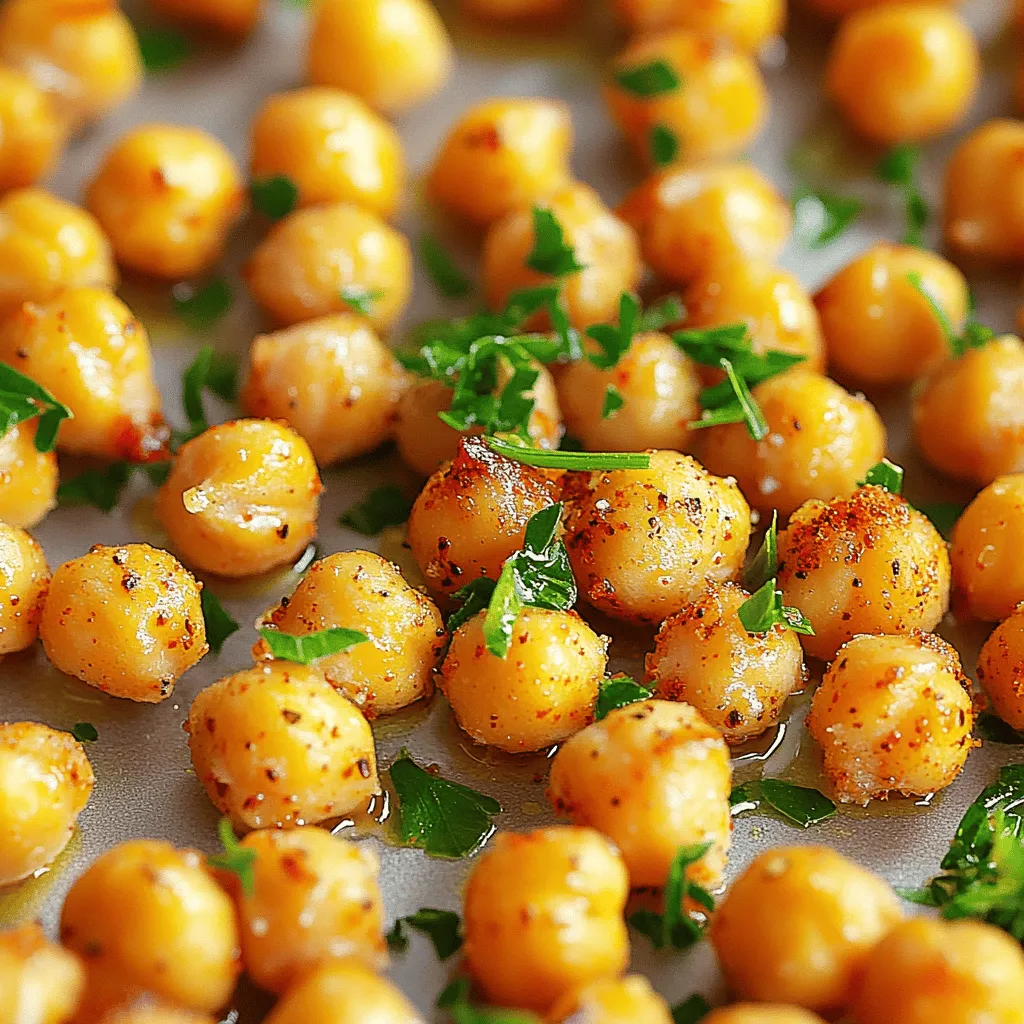 To make spicy garlic roasted chickpeas, you will need the following core ingredients: - 1 can (15 oz) chickpeas, thoroughly drained and rinsed - 2 tablespoons extra virgin olive oil - 4 cloves garlic, finely minced - 1 teaspoon smoked paprika - 1 teaspoon ground cumin - 1/2 teaspoon cayenne pepper (or adjust to desired heat level) - Salt and black pepper to taste - 1 tablespoon fresh lemon juice - Fresh parsley, finely chopped (for garnish) These ingredients create a perfect blend of flavors. You can add more cayenne for extra heat or a dash of cayenne for a milder taste. Using fresh herbs is key for flavor. Fresh parsley adds a bright touch. You can also try fresh cilantro for a different twist. The quality of your ingredients impacts the final dish. Always choose the best you can find. For the full recipe, check out the detailed steps to enjoy this crunchy flavor bomb! Start by preheating your oven to 400°F (200°C). This temperature helps the chickpeas get that perfect crunch. While the oven heats, focus on the chickpeas. Open a can of chickpeas and drain them well. Rinsing them under cold water removes excess salt and helps with flavor. Next, spread the chickpeas onto a clean kitchen towel. Pat them dry gently. This step is key to getting crispy roasted chickpeas. If they have too much moisture, they won't crisp up well. In a large bowl, mix together the olive oil, minced garlic, smoked paprika, ground cumin, cayenne pepper, and a pinch of salt and black pepper. Stir until you see a smooth mixture. The oil helps the spices stick to the chickpeas. This blend packs a punch of flavor that enhances the dish. Line a baking sheet with parchment paper. This makes cleanup easy and helps the chickpeas roast evenly. Spread the chickpeas in a single layer on the sheet. Make sure they’re not crowded; this helps them roast better. Place the baking sheet in the preheated oven. Roast for 25 to 30 minutes. Halfway through, shake the pan gently. This ensures even cooking and browning. Your chickpeas are ready when they turn golden brown and crispy. For an extra burst of flavor, drizzle fresh lemon juice over the hot chickpeas right after roasting. Garnish with finely chopped parsley for a fresh touch. You can find the full recipe above for all details and measurements! To make your chickpeas super crunchy, start with pre-drying. After rinsing, spread the chickpeas on a clean kitchen towel. Pat them dry gently. This step is key to removing moisture. Less moisture means more crunch. For oven settings, preheat to 400°F (200°C). This temperature works best for roasting. It creates a nice golden brown color. You can spice up this dish with extra flavors. Consider adding cayenne for more heat or curry powder for warmth. Try smoked paprika for a deeper taste. Mix and match spices to find your perfect blend. Garnishing can really elevate the dish. Top with fresh parsley or a sprinkle of chili flakes. You can also add lemon zest for a fresh twist. A bright garnish makes your dish pop! These chickpeas shine as a snack. Serve them in a bowl for a crunchy treat. They also work well as salad toppings. Add them to greens for a protein boost. Pair your chickpeas with dipping sauces. Hummus or tzatziki make great choices. You can also try a spicy yogurt dip. These dips enhance the chickpeas' bold flavors. For the full recipe, check out the main section. Enjoy your cooking! {{image_4}} You can change the flavor of spicy garlic roasted chickpeas by trying different spices. For a sweet kick, add cinnamon and a touch of brown sugar. If you prefer smoky flavors, use smoked paprika with a dash of chipotle powder. You can also try curry powder for a unique twist. Feel free to mix and match spices based on what you like. You can also switch up the legumes. While chickpeas are delicious, you can use black beans or white beans. Each legume has its own taste and texture, making your snacks even more fun! If you want a lighter option, reduce the olive oil. You can also try air frying the chickpeas. This method cuts down on oil and still gives you that great crunch. For a gluten-free snack, check your spices to make sure they are gluten-free. Most spices are safe, but it’s always good to double-check! If you're vegan, this recipe is already perfect for you. Just follow the recipe with no changes needed. Using seasonal herbs and spices can make your chickpeas even tastier. In spring, try adding fresh dill or basil. In fall, mix in some sage or thyme. These herbs add a fresh taste that matches the time of year. You can also customize the spices based on holidays. For a festive twist, add nutmeg or allspice during the winter months. This not only makes it fun but keeps your dishes exciting all year round. For the full recipe, check back to see how to make these spicy garlic roasted chickpeas. To keep your spicy garlic roasted chickpeas fresh, use an airtight container. Glass or plastic containers work well. Make sure the chickpeas are completely cool before sealing. This helps prevent moisture build-up. Store them in a cool, dry place, away from sunlight. If you have extra, you can freeze them. Just spread them on a baking sheet first, then transfer to a container once frozen. This keeps them crunchy for longer. When stored properly, chickpeas can last up to five days in the fridge. If frozen, they can stay good for about three months. To reheat, preheat your oven to 350°F (175°C). Spread the chickpeas on a baking sheet and heat for about 10 minutes. This method helps them regain their crunch. You can also use an air fryer for quick reheating. Just a few minutes at 350°F (175°C) works wonders! Enjoy your flavorful snack again without losing that perfect crisp! Spicy garlic roasted chickpeas are versatile. They pair well with many dishes. Here are some ideas: - Salads: Sprinkle them on greens for crunch. - Bowls: Use them in grain bowls with quinoa or rice. - Dips: Serve with hummus or yogurt dip for a fun snack. - Soups: Top soups for added texture and flavor. These chickpeas can fit into many meals. Get creative and enjoy! Yes, you can prepare spicy garlic roasted chickpeas in advance. Here are some tips: - Storage: Keep them in an airtight container. This helps keep them fresh. - Reheating: To restore crunch, reheat them in the oven. A short time at 350°F (175°C) works well. Making them ahead saves time. You can enjoy them whenever you want! Adjusting the spice level is easy. Here’s how: - Less Heat: Cut back on cayenne pepper. You can even leave it out. - More Heat: Add extra cayenne or try chili powder for a different kick. - Mild Option: For a milder flavor, use smoked paprika alone. Tailor the spice to your taste. Enjoy your flavor journey! You learned how to make delicious roasted chickpeas. We covered key ingredients and their importance, like fresh herbs. You now know how to prep, mix spices, and roast for perfect crunch. I shared tips for serving and creating fun variations. You can customize flavors based on your taste and season. Finally, I explained storage methods to keep your snacks fresh. Enjoy trying this tasty treat!